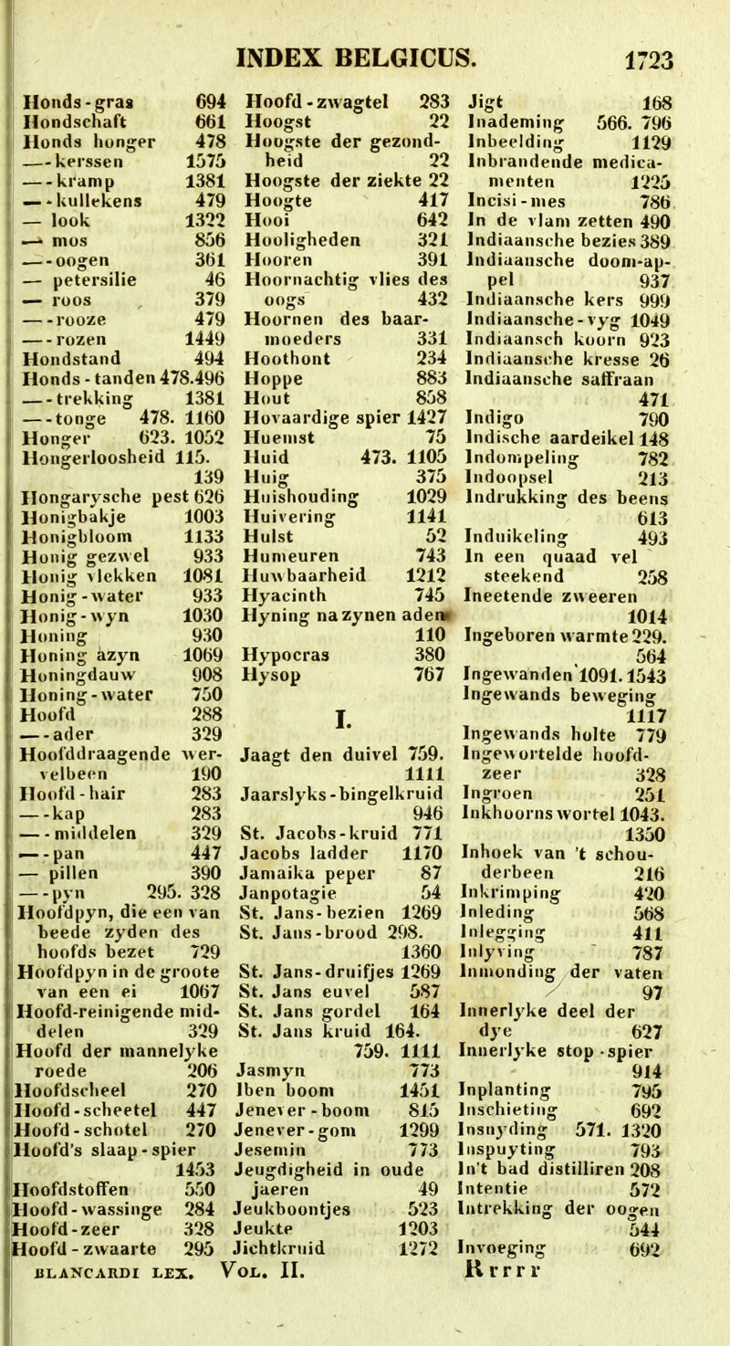 Honds-gras 694 Hoofd-zwagtel 283 Jigt 168 Hondschaft 661 Hoogst 22 Inademing 566. 796 Honds honger 478 Hoogste der gezond- Inbeelding 1129 Uerssen 1575 heid 22 Inbrandende medica- kramp 1381 Hoogste der ziekte 22 nu-nten 1225 —■'kullekens 479 Hoogte 417 Incisi-mes 786 — look 1322 Hooi 642 In de vlani zetten 490 —^ mos 856 Hooligheden 321 Indiaansche bezies389 —-oogen 361 Hooren 391 Indiuansche dooni-ap- — petersilie 46 Hoornachtig vlies des pel 937 — roos , 379 oogs 432 Indiaansche kers 999 rooze 479 Hoornen des baar- Indiaansche-vyg 1049 rozen 1449 moeders 331 Indiaansch koorn 923 Hondstand 494 Hoothont 234 Indiaansche kresse 26 Honds-tanden 478.496 Hoppe 883 Indiaansche saffraan trekking 1381 Hout 858 471 — tonge 478.1160 Hovaardige spier 1427 Indigo 790 Honger 623.1052 Huenist 75 Indische aardeikel 148 Hongerloosheid 115. Huid 473. 1105 Indonipeling 782 139 Huig 375 Indoopsel 213 Hongaiysche pest 626 Hiiishouding 1029 Indrukking des beens Honigbakje 1003 Huivering 1141 613 Honigblooin 1133 Hulst 52 Induikcling 493 Honig gezwel 933 Hunieuren 743 In een quaad vel Honig vlekken 1081 Huwbaarheid 1212 steekend 258 Honig-vvatei' 933 Hyacinth 745 Ineetende zueeren Honig-vvyn 1030 Hyning na zynen aden» 1014 Honing 930 110 Ingeboren warmte 229. Honing azyn 1069 Hypocras 380 564 Honingdauw 908 Hysop 767 Inge\vandenl091.1543 lloning-water 750 Ingewands beweging Hoofd 288 1117 — ader 329 ' Ingewands holte 779 Hoofddraagende vver- Jaagt den duivel 759. Ingeuortelde hoofd- velbecn 190 1111 zeer 328 Hoofd-hair 283 Jaarslyks-bingelkruid Ingroen 251 —-kap 283 946 Inkhoorns wortel 1043. middelen 329 St. Jacobs-kruid 771 1350 .—-pan 447 Jacobs ladder 1170 Inhoek van t schou- — pillen 390 Janiaika peper 87 derbeen 216 pyn 295. 328 Janpotagie 54 Inkriniping 420 Hoofdpyn, die cen van St. Jans-bezien 1269 Inleding 568 beede zyden des St. Jaiis-brood 298. Inlegging 411 hoofds bezet 729 1360 Inlyving 787 Hoofdpyn in de groote St. Jans-druifjes 1269 Iniiionding der vaten van een ei 1067 St. Jans euvel 587 97 Hoofd-reinigende mid- St. Jans gordel 164 Innerlyke deel der delen 329 St. Jans kruid 164. dye 627 Hoofd der inannelyke 759. 1111 Innerlyke stop spier roede 206 Jasmyn 773 9l4 Hoofdscheel 270 Iben booni 1451 Inplanting 7y5 Hoofd-scheetel 447 Jenever - boom 815 liischieting 692 Hoofd-schotel 270 Jenever-gom 1299 lnsnyding 571. 1320 Hoofd's slaap-spier Jesemin 773 lnspuyting 793 14.53 Jeugdigheid in oude In t bad distilliren 208 Hoofdstoffen 550 jaeren 49 Intentie 572 liHoofd-wassinge 284 Jeukboontje.s 523 liitrekking der oogen Hoofd-zeer 328 Jeukte 1203 544 Hoofd-zwaarte 295 Jichtkruid 1272 Invoeging 692 J3LANCARDI LEX. Voi-. II. R V T F 1'