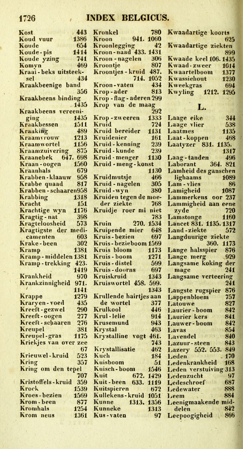 Kost 443 Koud vuur 1386 Koude 654 Koude-pis 1414 Koude yzing 741 Koniyn 469 Kraai-beks uitsteek- sel 434 Kiaakbeenige band 356 Kraakbeens binding 1435 Kraakbeens vereeni- ging 1435 Kraakbessen 1511 Kraaking 489 Kraamviouw 1213 Kraannvortel 1156 Kraanizuivering 875 Kraanebek 647. 698 Kraan - oogen 1560 Kraanhals 679 Krabben-klaauw 958 Krabbe quaad 817 Krabben - schaaren958 Krabbing 1318 Kracht 151 Krachtige wyn 1176 Kragtig-nat 398 Kragteloosheid 573 Kragtigste der mcdi- canienten 603 Krake-been 302 Kramp 1381 Kramp - middelen 1381 Kramp - trekking 423- 1419 Krankheid 970 Kraukzinnigheid 971. 1141 Krappe 1279 Krary en - voed 435 Kreeft-gezwel 290 Kreeft-oogen 277 Kreeft-schaaren 276 Kreupel 381 Kreupel-gras 1175 Kriekjes van over zee 67 Krieuwel-kruid 523 Kring 357 Kring om den tepel 707 Kristoffels-kruid 359 Krock 1539 Kroes-bezien 1569 Kroni-been 877 Kromhals 1254 Krom neus 1361 Kronkel 780 Kroon 941. 1060 Kroonlegging 42 Kroon-naad 433. 1431 Kroon - nagelen 306 Kroontje 807 Kroontjes - kniid 487. 714. 1052 Kroon-vaten 434 Krop-ader 813 Krop - flag - aderen 299 Krop van de maag 292 Krop-zweeren 1333 Kruid 724 Kruid bereider 1131 Kruidenier 161 Kruid - kenning 239 Kruid-kunde 239 Kruid ■ menger 1130 Kruid -meng-konst 1130 Kruidnmtsje 466 Kruid - nagelen 305 Kruid-wyn 380 Kruiden tegen de moe- der ziekte 768 Kruidje roer mi niet 783 Kruin 270. 1534 Kruipende mier 648 Kruis-bezien 697 Kruis - bezieboom 1569 Kruis bloom 1173 Kruis-boom 1271 Kruis-distel 599 Kruis-doorns 697 Kruiskruid 1343 Kruiswortel 458. 599. 1343 Krullende hairtjesaan de wortel 377 Krulkool 446 Krul-lelie 914 Krusemund 943 Krystal 463 Krystalline vogt 461. 743 Kr^stallisatie 462 Kuch 184 Kuisboom 51 Kuisch-booni 1546 Kuit 672. 1429 Kuit-been 633. 1119 Kuitspieren 572 Kullekens-kruid 1051 Kunne 1313. 1356 Kunneke 1313 Kus-vaten 97 Kwaadartige koorts 625 Kwaadartige ziekten 899 Kwaade kcel 106.1435 Kwaad-zweer 1014 Kwaartclbooni 1377 Kwassiehout 1230 Kweekgras 694 Kwyling 1212. 1295 L. Laage eike 344 Laage vlier 538 Laatmes 1135 Laat-koppen 468 Laatyzer 831. 1135. 1317 Laag-tandcn 496 Laborant 364. 821 Lamheid des ganschen lighaams 1089 Lam - vlics 86 Lamigbeid 1087 Lammerkens oor 237 Lammigheid aan eene zyde 720 Lamstonge 1160 Lancet 831. 1135.1317 Land-ziekte 572 Langduurige ziekte 360. 1173 Lange halsspier 876 Lange merg 929 Langsame koking der mage 241 Langsame verteering 241 Langste rugspier 876 Lappenbloem 757 Latouwe 827 Laurier-boom 842 Laurier kers 841 Lauwer-boom 842 Lavas 854 Lavendel 840 Lazuur-steen 843 Lazery 552. 553. 849 Leden 170 Ledenkrankheid 168 Leden verstuiving 313 Ijcdenzucht 97 Ledeschroef 687 Ledewater 888 heem 884 Leenigmaakende mid- delen 842 Leepoogigheid 866