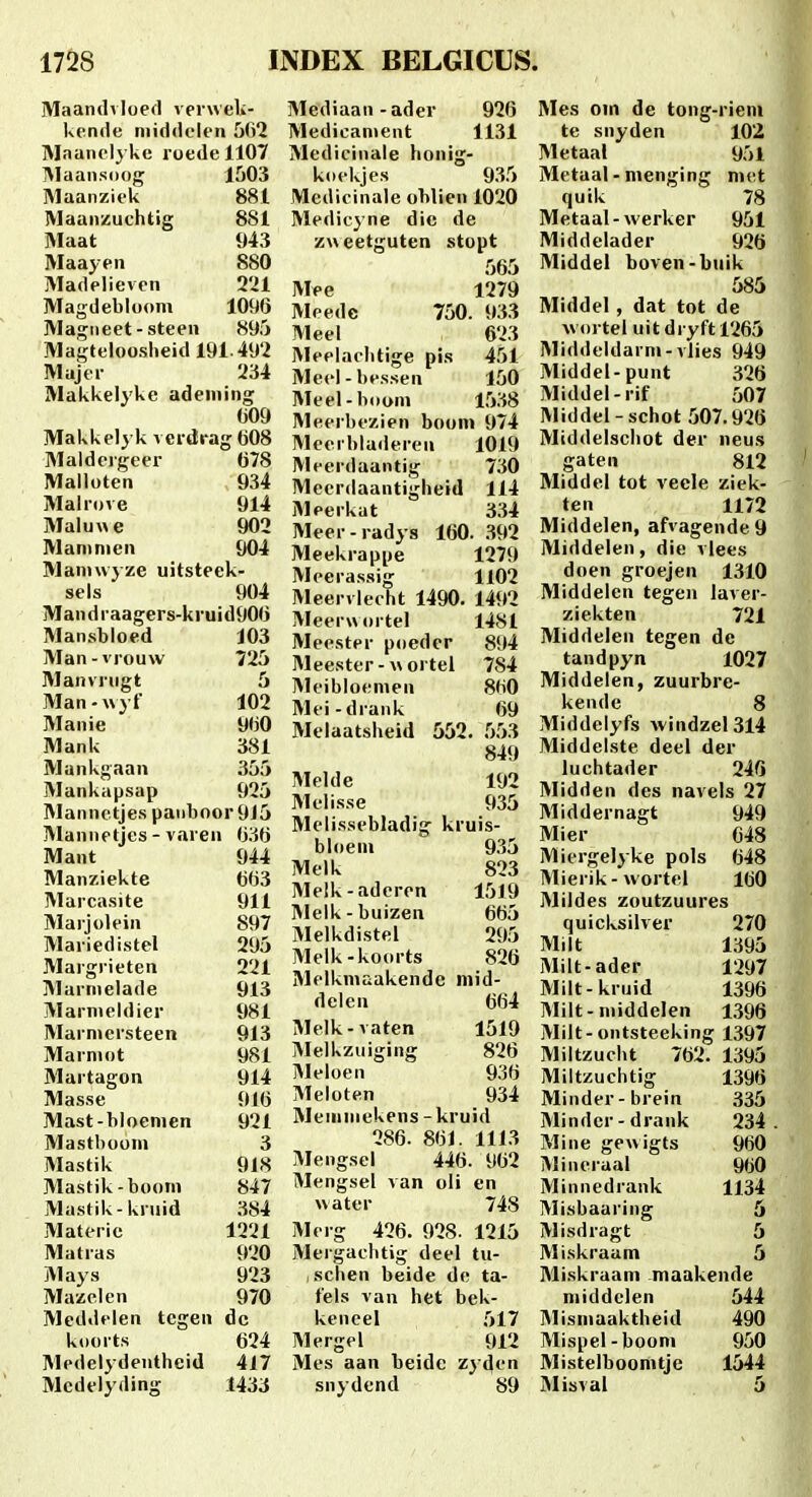 Maandvloed vei weli- kende niiddelen 50*2 Maanelj kc roedellOT IMaansoog 1503 Maanziek 881 Maanzuchtig 881 Maat 943 Maayen 880 Madelieven 221 Magdebloom lOm Magneet-steen 895 Magteloosheid 191.492 Majei- 234 Makkelyke adeniing (i09 Makkelyk verdrag ti08 Maldeigeer 078 Malloten 934 Malrove 914 Malu«e 902 Maninien 904 Manuvyze uitsteek- sels 904 Mandraagers-kruid90G Mansbloed 103 Man-viouw 725 Manvriigt 5 Man-wyf 102 Manie 9(50 Mank 381 Mankgaau 355 Mankapsap 925 Mannctjes paiiboor 915 Maniietjes - varen (j3fj Mant 944 Manziekte (j(j3 Marcasite 911 Maijolein 897 Mariedistel 295 Margrieten 221 Marnielade 913 Marnieldier 981 Marnicrsteen 913 Marniot 981 Martagon 914 Masse 91(j Mast-bloenien 921 Masthoom 3 Mastik 918 Mastik-boom 847 Mastik-kruid 384 Materic 1221 Matras 920 Mays 923 Mazelen 970 Meddelen tegen dc koorts 624 Medelydeiithcid 417 Medelyding 1433 Mediaan-ader 92(j Medicanient 1131 Medicinale honig- koelvjes 935 Medicinale oblicn 1020 Medicyne die de z«eetguten stopt 565 Mee 1279 Meedc 750. 933 Meel 623 Meelaclitige pis 451 Meel-bessen 150 Meel-boom 1538 Meerbezien bouni 974 Meerblaileren 1019 Meerdaantig 730 Meerdaantigheid 114 Meerkat 334 Meer-radys 160. .392 Meekrappe 1279 Meerassig 1102 Meervlecht 1490. 1492 Meerwortel 1481 Meester poeder 894 Meester-wortel 784 Meibloemen 8(i0 Mei-drank (j9 Mclaatsheid 552. 5.53 849 Melde 192 Melisse 935 Mclissebladig kruis- bloem 9.35 Melk 823 Melk-aderen 1519 Meik-buizen 665 Melkdistel 295 Melk-koorts 826 Melkmaakendc niid- delcn 6(j4 Melk-vaten 1519 Melkzuiging 826 Meloen 936 Meloten 934 Meiniiiekens - kruid 286. 861. 1113 Mengscl 446. 962 Mengsel van oli en water 748 Merg 426. 928- 1215 Meigachtig deel tu- ,schen beide dc ta- fels van het bek- keneel 517 Mergel 912 Mes aan beide zyden snydcnd 89 Mes om de tong-rieni te snyden 102 Metaal 951 Metaal - nienging met quik 78 Metaal-werker 951 Middclader 926 Middel boven-buik 585 Middel, dat tot de Avortel uitdi yftl265 Middeldarm-vlies 949 Middel-punt 326 Middel-rif 507 Middel-schot 507.926 Middelscliot der neus gaten 812 Middel tot vecle ziek- ten 1172 Middelen, afvagende 9 Middelen, die vlees doen groejen 1310 Middelen tegeii laver- ziekten 721 Middelen tcgen de tandpyn 1027 Middelen, zuurbre- kendc 8 Middelyfs windzel3l4 Middelste deel der luchtader 24G Midden des navels 27 Middernagt 949 Mier 64 Miergelyke pols (j48 Mierik-wortel 160 Mildes zoutzuures quicksilver 270 Milt 1395 Milt-ader 1297 Milt-kruid 1396 Milt-middelen 1,396 Milt-ontstecking 1,397 Miltzucht 762. 1395 Miltzuchtig 1396 Minder-brein 335 Mindcr-drank 234 Mine gewigts 960 Mineraal 960 Minnedrank 1134 Misbaaring Misdragt Miskraam Miskraam maakende niiddelen IMismaaktheid Mispel - boom Mistelboomtje Alisval 544 490 950 1544