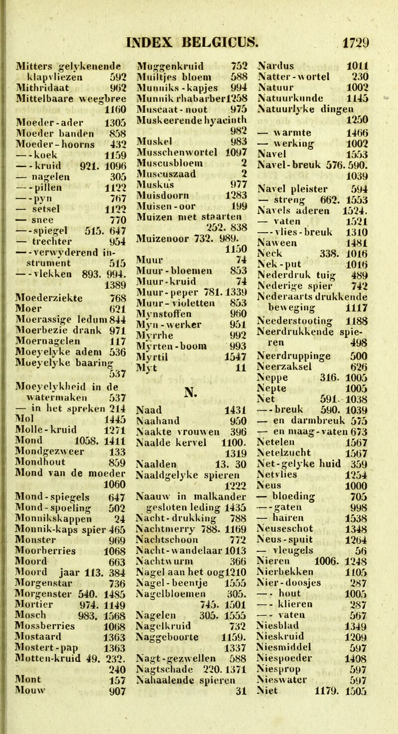 iMitters gelykenende klapvliezen 692 Mithridaat i)(j2 Mittelbaare weeji^bree IJGO Moeder-ader 1305 Moeder banden 8')8 Moeder-hoorns 432 —-koek 11;)9 —-kriiid 921. 109(j — naji^eleu 305 —-pillen 1122 pyn 7(i7 — setsel 1122 — snee 770 —-spiegel 515. «47 — trechter 954 —-verwyderend in- sti'ument 515 —-vlekken 893. 994. 1389 Moederziekte 768 Moer (321 Moerassige ledum844 Moerbezie drank 971 Moernagelen 117 Moeyelyke adeni 536 Moeyelyke baarin»; 537 Moej-chkiieid in de waterniaken 537 — in het spreken 214 Mol 1445 Molle-kruid 1271 Mond 1058. 1411 Mondgez«eer 133 Mondhout 859 Mond van de moeder 1060 Mond-spiegels 647 Mond-spoeling 502 Monnikskappen 24 Monnik-kaps spier 465 Monster 9(39 Moorherries 1068 Moord 663 'Moord jaar 113. 384 iMorgenstar 736 Morgenster 540. 1485 Morticr 974. 1149 Mosch 983, 1568 Mossberries 10(38 Mostaard 1303 Mostert-pap 1363 Motten-kruid 49. 232. 240 Mont 157 Mouw 907 752 Mniltjes bloeni 588 IMuniiiks - kapjes 994 Munnik rhabarberl258 Miiscaat-noot 975 Muskeerende hyaeinth 982 Muskel 983 Musschenwortel 1097 Muscusbloein 2 Muscuszaad 2 Muskus 977 Muisdoorn 1283 Muisen-oor 199 Muizen niet staarten 252. 838 Muizenoor 732. 989. 1150 Muur 74 Muur-bloenien 853 Muur-kruid 74 Muur-peper 781.1339 Muur-violetten 853 Mynstoffen 960 Myn-werker 951 Myrrhe 992 Myrten-boom 993 Myrtil 1547 Myt 11 N. Naad 1431 Naaiiand 950 Naalvte vrouwen 396 Naalde kervel 1100. 1319 Naalden 13. 30 Naaldgelyke spieren 1222 Naauw in malkander gpsloten leding 1435 Nacht-drukking 788 Nachtnierry 788. 1169 Naciitschoon 772 Naclit-wandelaar 1013 Nachtwurni 366 Nagel aan het oogl210 Nagel-beentje 1555 Nagelbloeinen 305. 745. 1501 Nagelen 305. 1555 Nagdkruid 732 1159. 1337 Nagt-gezweilen 588 Nagtschade 220.1371 Ndiiaalende spieren 31 Nardus lOtl Natter-wortel 2.^0 Natuur 1002 Natuurkiinde 1145 Natuuriyke dingen 1250 — warnite 14(36 — ^\erking 1002 Navel 1553 Navel-breuk 576.590. 1039 Navel pleister 594 — streng 662. 1553 Naveis aderen 1524. — vdten 1521 — vlies-breuk 1310 Naween 1481 Neck 338. 1016 Nek-put 1016 Nederdruk tuig 489 Nederige spier 742 Nederaarts drukkeiide beueging 1117 Neederstooting 1188 Neerdrukkende spie- ren 498 Neerdruppinge 500 Neerzaksel 626 Ncppe 316. 1005 Nepte 1006 Net 591. 1038 —-breuk 590. 1039 — en darnibreuk 675 — en niaag-vaten 673 Netelen 1567 Netelzucht 1567 Net-geiyke huid 359 Netvlies 1264 Neus 1000 — bloeding 706 •—gaten 998 — hairen 1538 Neuseschot 1348 Neus-spuit 1264 — vleugels 56 Nieren 1006. 1248 Nicrbekken 1105 Nier-doosjcs 287 — - hout 1005 klieren '>S7 vaten 5(37 Niesblad 1349 Nieskruid 1209 Niesmiddel 597 Niespoeder 1408 Niesprop 597 Nieswatcr 597 Niet 1179. 1605