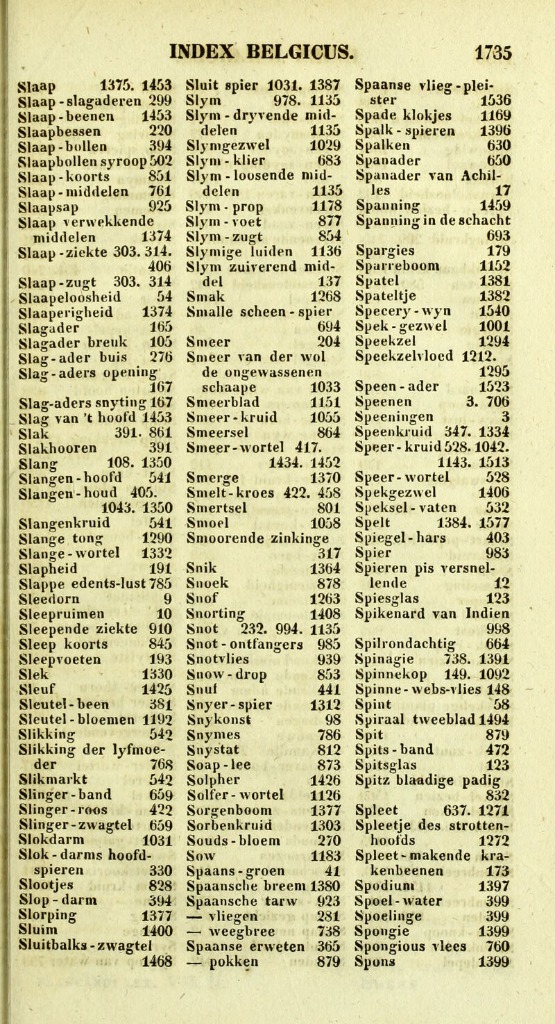 Slaap 1375. 1453 Slaap-slagaderen 299 Slaap-beenen 1453 Slaapbessen 220 Slaap-bdUen 394 Slaapbollen syroop502 Slaap-koorts 851 Slaap-niiddelen 761 Slaapsap 925 Slaap verwekkende niiddelen 1374 Slaap-ziekte 303.314. 406 Slaap-zugt 303. 314 - Slaapeloosheid 54 Slaaperigheid 1374 Slagader 165 Slagader breuk 105 Slag-ader buis 276 Slag-aders opening 167 Slag-aders snyting 167 Slag van 't hoofd 1453 Slak 391. 861 Slakhooren 391 Slang 108. 1350 Slangen-hoofd 541 Slangen-houd 405. 1043. 1350 Slangenkruid 541 Slange tong 1290 Slange-wortel 1332 Slapheid 191 Slappe edents-Iust785 Sleedorn 9 Sleepruimen 10 Sleepende ziekte 910 Sleep koorts 845 Sleepvoeten 193 Slek 1330 Sleuf 1425 Sleutel-been 381 Sleutel-bloemen 1192 Slikking 542 Slikking der lyfmoe- der 768 Slikmarkt 542 SHnger-band 65g Slinger-roos 422 Slinger-zwagtel 659 Slokdarm 1031 Slok-darms hoofd- spieren 330 Slootjes 828 Slop - darni 394 Slorping 1377 Sluim 1400 Sluitbalks - zwagtel 1468 Sluit spier 1031. 1387 Slym 978. 1135 Slym - dr3'vende mid- delen 1135 Slymgezwel 1029 Slym - klier 683 Slj m - loosende niid- delen 1135 Slym - prop 1178 Slym - voet 877 Slym - zugt 854 Slymige luiden 1136 Slym zuirerend mid- del 137 Smak 1268 Snialie scheen-spier 694 Snieer 204 Snieer van der wol de ongewassenen schaape 1033 Smeerblad 1151 Smeer-kruid 1055 Smeersel 864 Smeer-wortel 417. 1434. 1452 Smerge 1370 Smelt-kroes 422. 458 Smertsel 801 Smoel 1058 Smoorende zinkinge 317 Snik 1364 Snoek 878 Siiof 1263 Snorting 1408 Snot 232. 994. 1135 Snot - ontfangers 985 Snotvlies 939 Snow-drop 853 Snuf 441 Snyer-spier 1312 Snykonst 98 Snymes 786 Snystat 812 Soap-lee 873 Solpher 1426 Solfer-wortel 1126 Sorgenboom 1377 Sorbenkruid 1303 Souds-bloem 270 Sow 1183 Spaans-groen 41 Spaansciie breem 1380 Spaansche tarw 923 — vliegen 281 — weegbree 738 Spaanse erweten 365 — pokken 879 Spaanse vlieg-plei- ster 1536 Spade klokjes 1169 Spalk - spieren 1396 Spalken 630 Spanader 650 Spanader van Achil- les 17 Spanning 1459 Spanning in de schacht 693 Spargies 179 Sparrebooni 1152 Spatel 1381 Spateltje 1382 Specery - wyn 1540 Spek-gezwel 1001 Speekzel 1294 Speekzelvlocd 1212. 1295 Speen-ader 1523 Speenen 3. 706 Speeningen 3 Speenkruid 347. 1334 Speer- kruid528.1042. 1143. 1513 Speer-wortel 528 Spekgezwel 1406 Speksel-vaten 532 Spelt 1384. 1577 Spiegel-hars 403 Spier 983 Spieren pis versnel- lende 1.2 Spiesglas 123 Spikenard van Indien 998 Spilrondachtig 664 Spinagie 738. 1391 Spinnekop 149. 1092 Spinne-webs-vlies 148 Spint 58 Spiraal tweeblad 1494 Spit 879 Spits-band 472 Spitsglas 123 Spitz blaftdige padig 832 Spleet 637. 1271 Spleetje des strotten- hoofds 1272 Spleet-makende kra- kenbeenen 173 Spodiuni 1397 Spoel-water 399 Spoelinge 399 Spongie 1399 Spongious vlees 760 Spons 1399