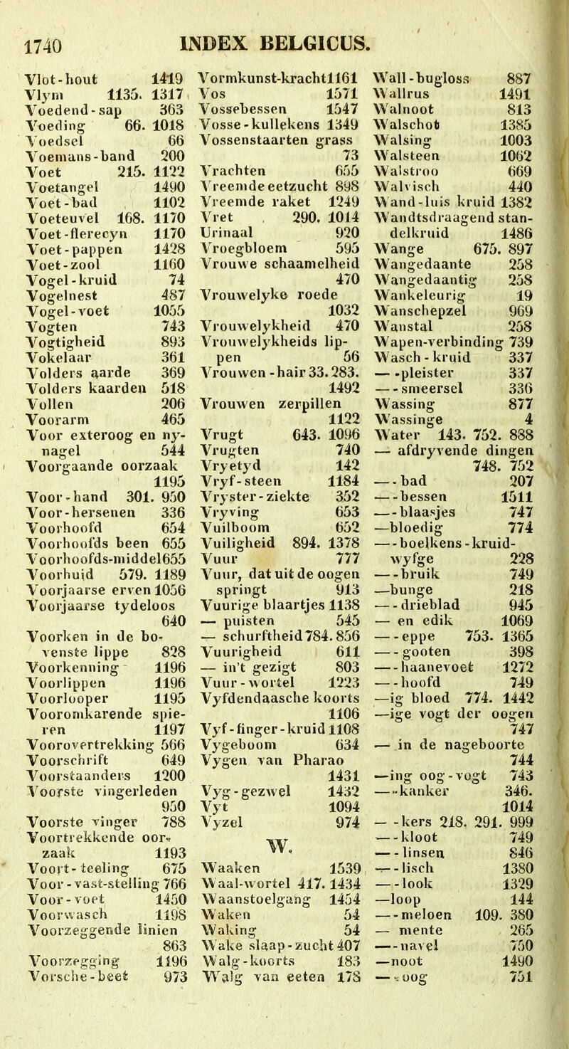 Vlot-hout 1419 Vlyiii 1135. 1317 Toedend-sap 363 Voeding 66. 1018 \()edsel 66 Voemans-band 200 A^oet 215. 1122 Voetangel 1490 Voet-bad 1102 Voeteuvel 168. 1170 Voet-flerecyii 1170 Voet-pappeii 1428 Voet-zool 1160 Vogel-kruid 74 Vogelnest 487 Vogel-voet 1065 Vogten 743 Vogtigheid 893 Vokelaar .361 Volders aarde 369 Volders kaardeu 518 Vollen 206 Voorarni 465 Voor exteroog en ny- nagel 544 Voorgaande oorzaak 1195 Voor-hand 301, 950 Voor-hersenen 336 Vooihoofd 654 Voorhoords been 655 Voorhoofds-niiddel655 Voorhuid 579. 1189 Voorjaarse erven 1056 Vooijaarse tydeloos 640 Voorken in de bo- venste lippe 828 Voorkenning ~ 1196 Voorlippen 1196 Voorlooper 1195 Vooromkarende spie- ren 1197 Voorovprtrekking 566 Voorsciiiift 649 Voorstaanders 1200 Voorste vingerleden 950 Voorste vinger 788 Voortrekkende oor.. zaak 1193 Voort-iceling 675 Voor - vasi-stelliug 766 Voor-voet 1450 Vooi-wasch 1198 Voorzeggende linicn 863 Voorzegging 1196 Vorsthe-beet 973 Vo rmkun st-krach 11161 Vos 1571 Vossebessen 1547 Vosse-kullekens 1349 Vossenstaarten grass 73 Vrachten 655 Vreenideeetzucht 898 Vreemde raket 1249 Vret 290. 1014 Urinaal 920 Vroegbloem 595 Vrouwe schaanielheid 470 Vrouwelyke roede 1032 Vrouwelykheid 470 Vrouwelj^kheids lip- pen 56 Vrouwen -hair 33.283. 1492 Vrouwen zerpillen 1122 Vrugt 643. 1096 Vrugten 740 Vryetyd 142 Vryf-steen 1184 Vryster-ziekte 352 Vryving 653 Vuilboom 652 Vuiligheid 894. 1378 Vuur 777 Vuur, dat uit de oogen springt 913 Vuurige blaartjes 1138 — puisten 545 — schurftheid784.856 Vuurigheid 611 — in't gezigt 803 Vuur-wortel 1223 Vyfdendaasche koorts 1106 Vyf - finger - kruid 1108 Vygeboom 634 Vygen van Pharao 1431 Vyg-gezwel 1432 Vyt 1094 Vyzel 974 w. Waaken 1539 \Vaa!-wortel 417.14.^4 Waanstoelgang 1454 Waken 54 Waking 54 Wake siaap-2iucht407 Walg-koorts 183 Wjtlg van eeten 17S Wall-bugloss 887 Wallrus 1491 Walnoot 813 Walschot 1385 Walsing 1003 Walsteen 1062 Waistroo 669 Walvisch 440 Wand-luis kruid 1382 Wandtsdraagend stan- delkruid 1486 Wange 675, 897 Wangedaante 258 Wangedaantig 258 Wankeleurig 19 Wanschepzel 969 Wanstal 258 Wapen-verbinding 739 Wasch-kruid 337 — -pleister 337 — smeersel 336 Wassing 877 Wassinge 4 Water 143. 752. 888 — afdryvende dingen 748. 752 —-bad 207 ■—bessen 1511 blaasjea 747 774 boelkens-kruid- wyfge 228 —-bruik 749 —bunge 218 —-drieblad 945 — en edik 1069 eppe 753. 1365 gooten 398 haanevoet 1272 —-hoofd 749 —ig bloed 774. 1442 —ige vogt der oogen 747 ■— in de nageboorte 744 —ing oog-vogt 743 —kanker 346. 1014 — -kers 218. 291. 999 —-kloot 749 — linsen 846 -^-lisch 1380 —-look 1329 —loop 144 —-meloen 109. 380 — mente 265 navel 750 —noot 1490 —oog 751 —bloedig