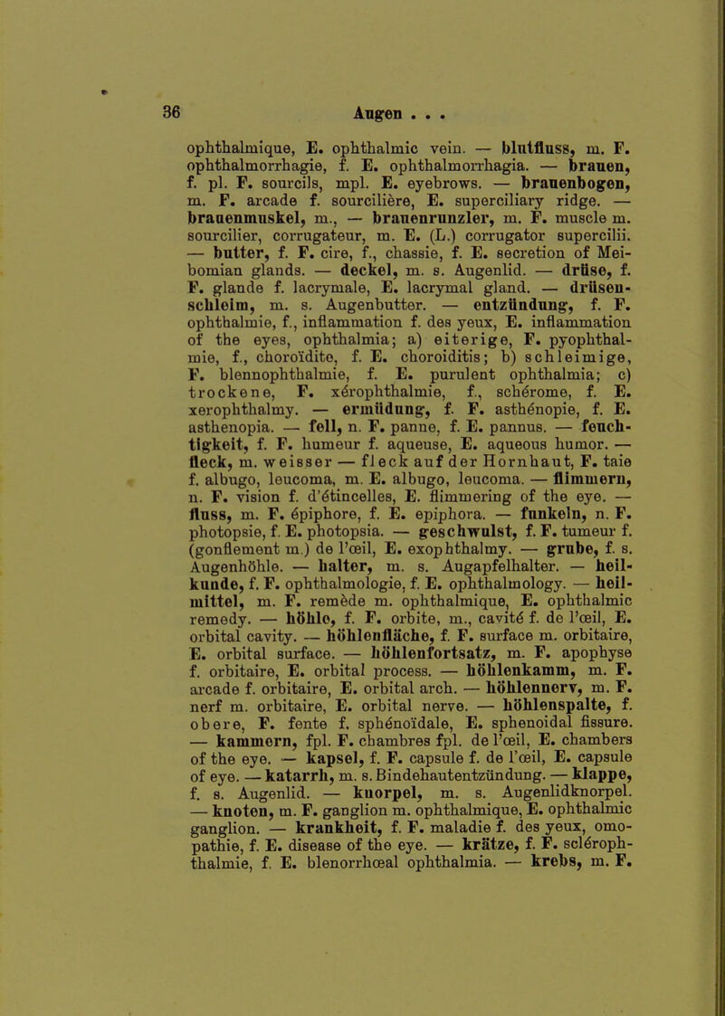 Angen . opMlialmique, E. ophthalmic vein. — blntflnss, m. F. ophthalmorrhagie, f. E. ophthalmon-hagia. — brauen, f. pi. F. sourcils, mpl. E. eyebrows. — branenbogon, m. F. arcade f. sourciliere, E. superciliary ridge. — braaenmnskel, m., — branenrunzler, m. F. muscle m. sourcilier, corrugateur, m. E. (L.) corrugator supercilii. — butter, f. F. cire, f., chassie, f. E. secretion of Mei- bomian glands. — deckel, m. s. Augenlid. — drfise, f. F. glande f. lacrymale, E. lacrymal gland. — drUseu- schleim, m. s. Augenbutter. — entzilndnng, f. F. ophthalmie, f., inflammation f. des yeux, E. inflammation of the eyes, ophthalmia; a) eiterige, F. pyophthal- mie, f., choroidito, f. E. choroiditis; b) schleimige, F. blennophthalmie, f. E. purulent ophthalmia; c) trockene, F. x^rophthalmie, f., schdrome, f. E. xerophthalmy. — eriniidung, f. F. asth^nopie, f. E. asthenopia. — fell, n. F. panne, f. E. pannus. — fench- tigkeit, f. F. humeur f. aqueuse, E. aqueous humor. — fleck, m. weisser — fleck auf der Hornhaut, F. taie f. albugo, leucoma, m. E. albugo, leucoma. — flimmeru, n. F. vision f. d'^tincelles, E. flimmering of the eye, — flnss, m. F. ^piphore, f. E. epiphora. — fnnkeln, n. F, photopsie, f. E. photopsia. — geschwulst, f. F. tumeur f. (gonflement m.) de I'oeil, E. exophthalmy. — grnbe, f. s. AugenhOhle. — halter, m. s. Augapfelhalter. — heil- kuade, f. F. ophthalmologie, f. E. ophthalmology. — liell- mittel, m. F. remede m. ophthalmique, E. ophthalmic remedy. — hOhlo, f. F. orbite, m., cavity f. de I'oeil, E. orbital cavity. — hohlenflache, f. F. surface m. orbitaire, E. orbital surface. — hohlenfortsatz, m. F. apophyse f. orbitaire, E. orbital process. — hohlenkamm, m. F. ai-cade f. orbitaire, E. orbital arch. — hohlennerv, m. F. nerf m. orbitaire, E. orbital nerve. — hohlenspalte, f. obere, F. fente f. sphenoidale, E. sphenoidal fissure. — kammorn, fpl. F. chambres fpl. de I'ceil, E. chambers of the eye. — kapsel, f. F. capsule f. de I'oeil, E. capsule of eye. — katarrh, m. s. Bindehautentziindung. — klappe, f. 8. Augenlid. — kuorpel, m. s. Augenlidknorpel. — knoten, m. F. ganglion m. ophthalmique, E. ophthalniic ganglion. — krankheit, f. F. maladie f. des yeux, omo- pathie, f. E. disease of the eye. — kratze, f. F. scl^roph-