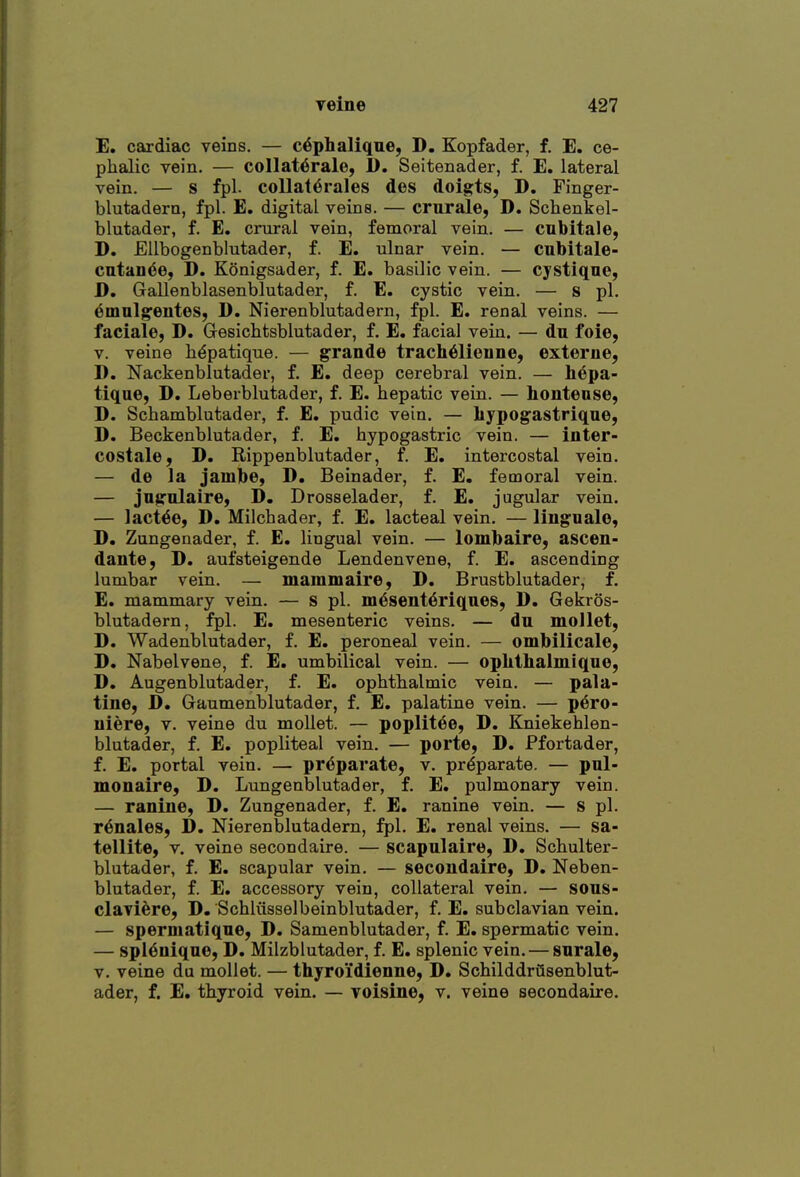 E. cardiac veins. — c^phaliqne, D, Kopfader, f. E. ce- phalic vein. — collat6ralo, D, Seitenader, f. E. lateral vein. — s fpl. collat6raIes des doigts, D, Finger- blutadera, fpl. E. digital veins. — crurale, D. Schenkel- blutader, f. E. crural vein, femoral vein. — cubitale, D. EUbogenblutader, f. E. ulnar vein. — cubitale- cntan^e, D. Konigsader, f. E. basilic vein. — cystique, D. Gallenblasenblutader, f. E. cystic vein. — s pi. ^malgfentes, D. Nierenblutadern, fpl. E. renal veins. — faciale, D. Gesichtsblutader, f. E. facial vein, — du foie, V. veine h^patique. — g^rande trach61ienne, exterue, D. Nackenblutader, f. E. deep cerebral vein. — hepa- tiqae, D. Leberblutader, f. E. hepatic vein. — hontense, D. Schamblutader, f. E, pudic vein. — liypogastrique, D. Beckenblutader, f. E. hypogastric vein. — inter- costale, D. Rippenblutader, f. E, intercostal vein. — de la jambe, D, Beinader, f. E. femoral vein. — jng-nlaire, D. Drosselader, f. E. jugular vein. — lact^e, D. Milchader, f. E. lacteal vein. — lingualo, D. Zungenader, f. E. lingual vein. — lombaire, ascen- dante, D. aufsteigende Lendenvene, f. E. ascending lumbar vein. — mammaire, D. Brustblutader, f. E. mammary vein. — s pi. m^sent^riques, D, Gekros- blutadern, fpl. E. mesenteric veins. — du mollet, D. Wadenblutader, f. E. peroneal vein. — ombilicale, D. Nabelvene, f. E. umbilical vein. — oplitlialmique, D. Augenblutader, f. E. ophthalmic vein. — pala- tine, D, Gaumenblutader, f. E. palatine vein. — p6ro- uiere, v. veine du mollet. — poplit^e, D. Kniekehlen- blutader, f. E, popliteal vein. — porte, D. Pfortader, f. E, portal vein. — pr^parate, v. pr^parate. — pul- monaire, D. Lungenblutader, f. E. pulmonary vein. — raniue, D. Zungenader, f. E. ranine vein. — S pi. r^nales, D. Nierenblutadern, fpl. E. renal veins. — sa- tellite, V. veine secondaire. — scapulaire, D. Schulter- blutader, f. E. scapular vein. — secondaire, D, Neben- blutader, f. E. accessory vein, collateral vein. — sous- clavifere, D. Schliisselbeinblutader, f. E. subclavian vein. — spermatique, D. Samenblutader, f. E. spermatic vein. — spleuiqae, D. Milzblutader, f. E. splenic vein. — snrale, V. veine du mollet. — thyroi'dienne, D. Schilddriisenblut- ader, f. E. thyroid vein. — voisine, v. veine secondaire.