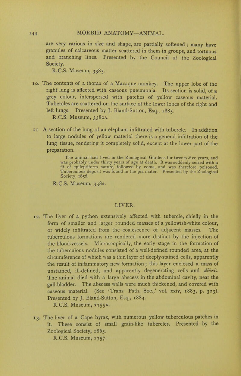 are very various in size and shape, are partially softened; many have granules of calcareous matter scattered in them in groups, and tortuous and branching lines. Presented by the Council of the Zoological Society. R.C.S. Museum, 3385. 10. The contents of a thorax of a Macaque monkey. The upper lobe of the right lung is affected with caseous pneumonia. Its section is solid, of a grey colour, interspersed with patches of yellow caseous material. Tubercles are scattered on the surface of the lower lobes of the right and left lungs. Presented by J. Bland-Sutton, Esq., 1885. R.C.S. Museum, 3380A. 11. A section of the lung of an elephant infiltrated with tubercle. In addition to large nodules of yellow material there is a general infiltration of the lung tissue, rendering it completely solid, except at the lower part of the preparation. The animal had lived in the Zoological Gardens for twenty-five years, and was probably under thirty years of age at death. It was suddenly seized with a fit of epileptiform nature, followed by coma, and was therefore poisoned. Tuberculous deposit was found in the pia mater. Presented by the Zoological Society, 1856. R.C.S. Museum, 3382. LIVER. 12. The liver of a python extensively affected with tubercle, chiefly in the form of smaller and larger rounded masses of a yellowish-white colour, or widely infiltrated from the coalescence of adjacent masses. The tuberculous formations are rendered more distinct by the injection of the blood-vessels. Microscopically, the early stage in the formation of the tuberculous nodules consisted of a well-defined rounded area, at the circumference of which was a thin layer of deeply-stained cells, apparently the result of inflammatory new formation; this layer enclosed a mass of unstained, ill-defined, and apparently degenerating cells and debris. The animal died with a large abscess in the abdominal cavity, near the gall-bladder. The abscess walls were much thickened, and covered with caseous material. (See ‘Trans. Path. Soc.,’ vol. xxiv, 1883, p. 323). Presented by J. Bland-Sutton, Esq., 1884. R.C.S. Museum, 2755A. 13. The liver of a Cape hyrax, with numerous yellow tuberculous patches in it. These consist of small grain-like tubercles. Presented by the Zoological Society, 1865. R.C.S. Museum, 2757.