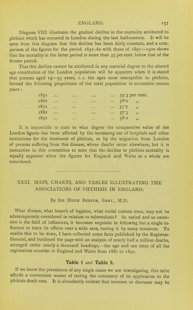 Diagram VIII illustrates the gradual decline in the mortality attributed to phthisis which has occurred in London during the last half-century. It will be seen from this diagram that this decline has been fairly constant, and a com. parison of the figures for the period 1851-60 with those of 1891—1900 shows that the mortality in the latter period is more than 35 per cent, below that of the former period. That this decline cannot be attributed in any material degree to the altered age constitution of the London population will be apparent when it is stated that persons aged 15—55 years, i. e. the ages most susceptible to phthisis, formed the following proportions of the total population in successive census years : 1851 ... ... 59-3 per cent. 1861 ... 58-0 1871 577 >> 1881 ... ••• 57 *3 >> 1891 58-2 >> It is impossible to state to what degree the comparative value of the London figures has been affected by the increasing use of hospitals and other institutions for the treatment of phthisis, or by the migration from London of persons suffering from this disease, whose deaths occur elsewhere, but it is instructive in this connection to note that the decline in phthisis mortality is equally apparent when the figures for England and Wales as a whole are considered. XXXI. MAPS, CHARTS, AND TABLES ILLUSTRATING THE ASSOCIATIONS OF PHTHISIS IN ENGLAND. By Sir Hugh Beevor, Bart., M.D. What disease, what branch of hygiene, what social custom even, may not be advantageously considered in relation to tuberculosis ? So varied and so exten- sive is the field of influences, it becomes requisite in following but a single in- fluence to trace its effects over a wide area, testing it by many instances. To enable this to be done, I have collected some facts published by the Registrar- General, and burdened the page with an analysis of nearly half a million deaths, arranged under nearly a thousand headings,—the age and sex rates of all the registration counties in England and Wales from 1881 to 1890. Table 1 and Table 2. If we know the prevalence of any single cause we are investigating, this table affords a convenient means of testing the constancy of its application to the phthisis death rate. It is abundantly evident that increase or decrease may be