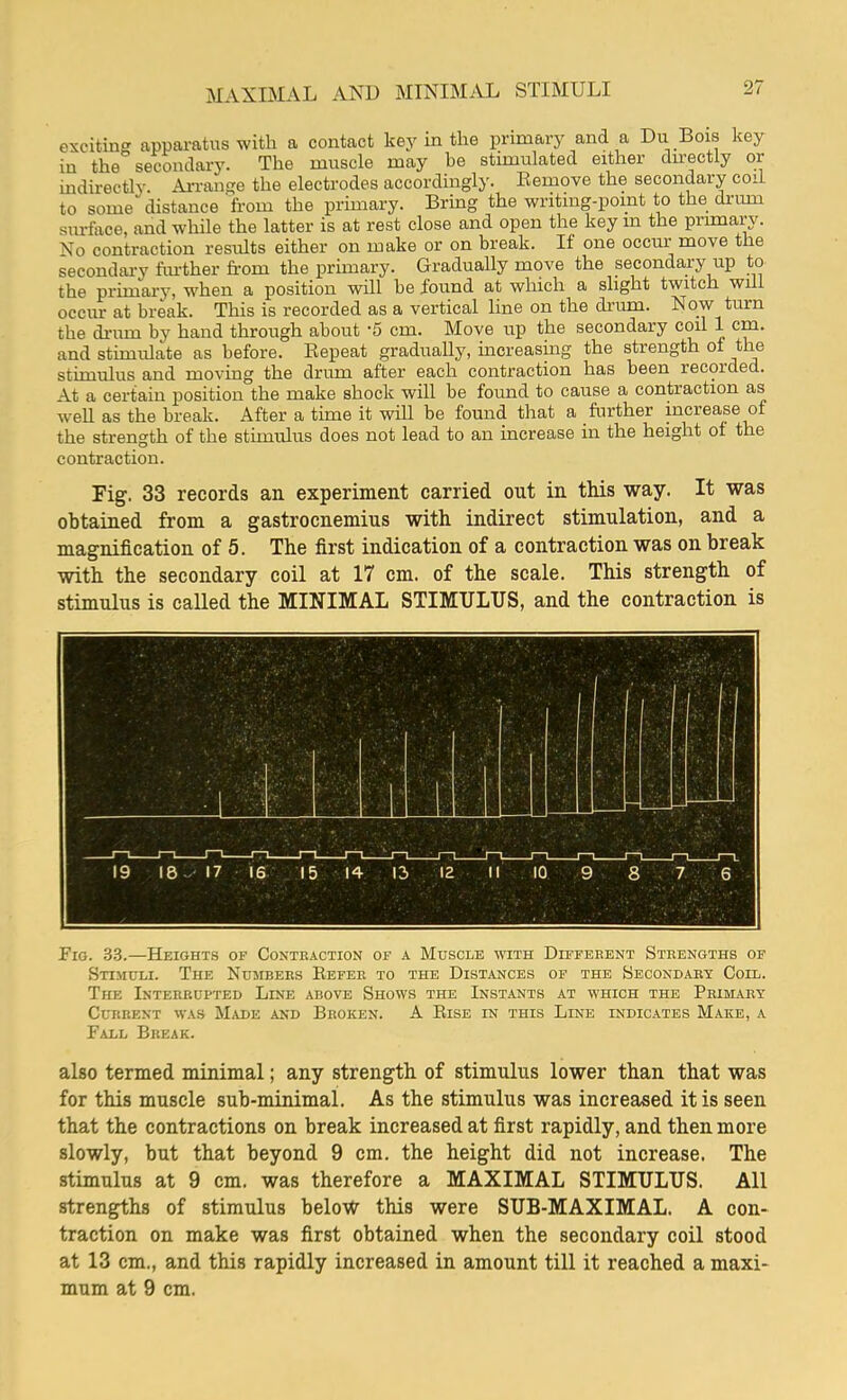 MAXIMAL AND MINIMAL STIMULI exciting apparatus with a contact key in the primary and a Du Bois key in the secondary. The muscle may be stimulated either dn-ectly or indirectly. AiTange the electrodes accordingly. Remove the secondary coil to some''distance from the primary. Bring the writing-point to the drum surface, and while the latter is at rest close and open the key m the primary. No contraction results either on make or on break. If one occur move the secondary further from the primary. Gradually move the secondary up to the primary, when a position will be found at which a slight twitch will occur at break. This is recorded as a vertical line on the drum. Now turn the drum by hand through about -5 cm. Move up the secondary coil 1 cm. and stimulate as before. Repeat gradually, increasing the strength of the stimulus and moving the drum after each contraction has been recorded. At a certain position the make shock will be found to cause a contraction as well as the break. After a time it will be found that a further inciease of the strength of the stimulus does not lead to an increase in the height ol the contraction. Fig. 33 records an experiment carried out in this way. It was obtained from a gastrocnemius with indirect stimulation, and a magnification of 5. The first indication of a contraction was on break with the secondary coil at 17 cm. of the scale. This strength of stimulus is called the MINIMAL STIMULUS, and the contraction is Pig. 33.—Heights of Contraction of a Muscle with Different Strengths of Stimuli. The Numbers Refer to the Distances of the Secondary Coil. The Interrupted Line above Shows the Instants at which the Primary Current was Made and Broken. A Rise in this Line indicates Make, a Fall Break. also termed minimal; any strength of stimulus lower than that was for this muscle sub-minimal. As the stimulus was increased it is seen that the contractions on break increased at first rapidly, and then more slowly, but that beyond 9 cm. the height did not increase. The stimulus at 9 cm. was therefore a MAXIMAL STIMULUS. All strengths of stimulus below this were SUB-MAXIMAL. A con- traction on make was first obtained when the secondary coil stood at 13 cm., and this rapidly increased in amount till it reached a maxi- mum at 9 cm.