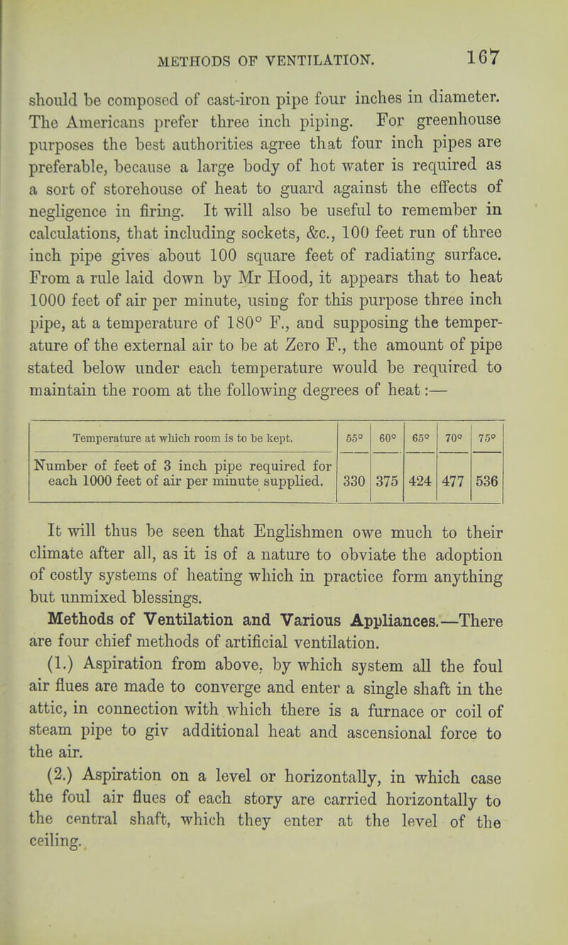 should be composed of cast-iron pipe four inches in diameter. The Americans prefer three inch piping. For greenhouse purposes the best authorities agree that four inch pipes are preferable, because a large body of hot water is required as a sort of storehouse of heat to guard against the effects of negligence in firing. It ■will also be useful to remember in calculations, that including sockets, &c., 100 feet run of three inch pipe gives about 100 square feet of radiating surface. From a rule laid down by Mr Hood, it appears that to heat 1000 feet of air per minute, using for this purpose three inch pipe, at a temperature of 180° F., and supposing the temper- ature of the external air to be at Zero F., the amount of pipe stated below under each temperature would be required to maintain the room at the following degrees of heat:— Temperature at which room is to be kept. 65° 60 65° 70 75<' Number of feet of 3 inch pipe required for each 1000 feet of air per minute supplied. 330 375 424 477 536 It will thus be seen that Englishmen owe much to their climate after all, as it is of a nature to obviate the adoption of costly systems of heating which in practice form anything but unmixed blessings. Methods of Ventilation and Various Appliances.—There are four chief methods of artificial ventilation. (1.) Aspiration from above, by which system all the foul air flues are made to converge and enter a single shaft in the attic, in connection with which there is a furnace or coil of steam pipe to giv additional heat and ascensional force to the air. (2.) Aspiration on a level or horizontally, in which case the foul air flues of each story are carried horizontally to the central shaft, which they enter at the level of the ceiling.