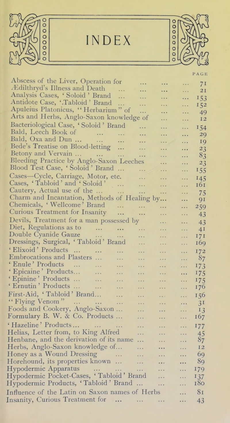 INDEX Abscess of the Liver, Operation for /Edilthryd's Illness and Death Analysis Cases, ' Soloid ' Brand ... Antidote Case, '.Tabloid ' Brand Apuleius Platonicus,  Herbarium  of Arts and Herbs, Anglo-Saxon knowledge of Bacteriological Case, ' Soloid ' Brand Bald, Leech Book of Bald, Oxa and Dun ... Bede's Treatise on Blood-letting ... Betony and Vervain ... Bleeding Practice by Anglo-Saxon Leeches Blood Test Case, ' Soloid ' Brand ... Cases—Cycle, Carriage, Motor, etc. Cases, ' Tabloid ' and ' Soloid ' Cautery, Actual use of the ... Charm and Incantation, Methods of Healing by. Chemicals, ' Wellcome' Brand Curious Treatment for Insanity Devils, Treatment for a man possessed by Diet, Regulations as to Double Cyanide Gauze Dressings, Surgical, 'Tabloid' Brand ' Elixoid ' Products ... Embrocations and Plasters ... ' Enule' Products ' Epicaine' Products... ' Epinine ' Products ... ' Ernutin ' Products ... Eirst-Aid, 'Tabloid' Brand  Flying Venom  Foods and Cookery, Anglo-Saxon ... Formulary B. W. & Co. Products ... ' Hazeline ' Products ... Helias, Letter from, to King Alfred Henbane, and the derivation of its name ... Herbs, Anglo-Saxon knowledge of... Honey as a Wound Dressing Horehound, its properties known ... Hypodermic Apparatus Hypodermic Pocket-Cases, 'Tabloid' Brand Hypodermic Products, ' Tabloid ' Brand ... Influence of the Latin on Saxon names of Herbs Insanity, Curious Treatment for