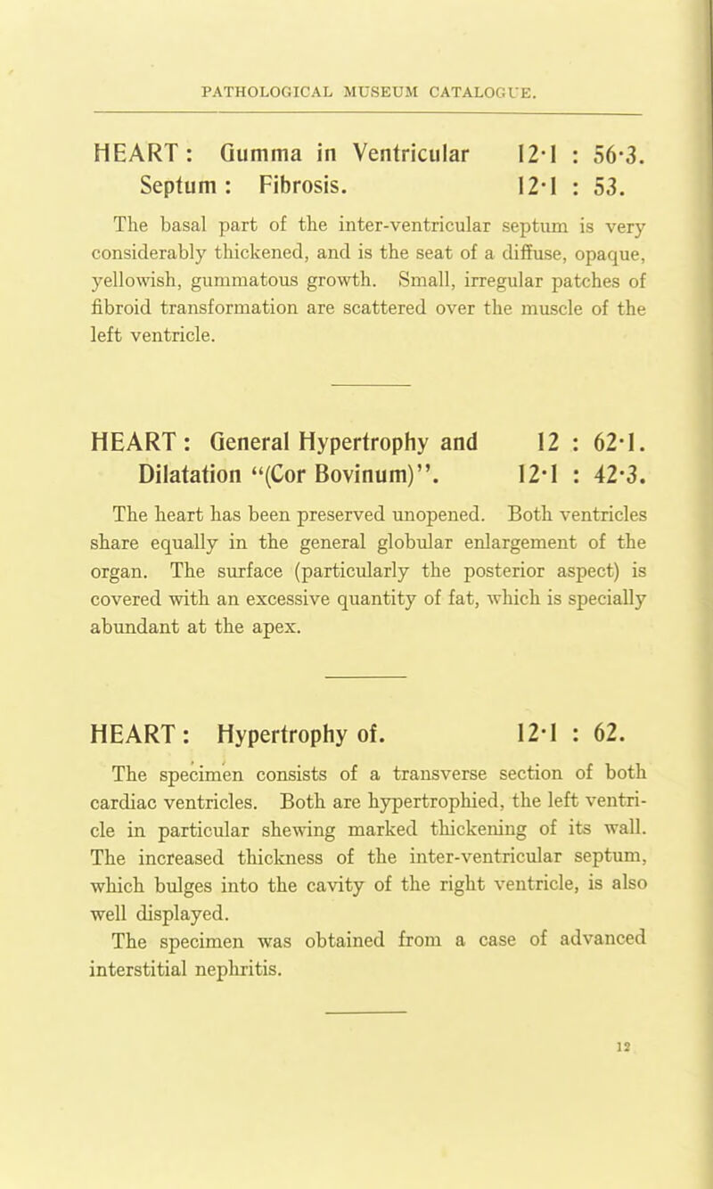 HEART: Gumma in Ventricular I2-I : 56*3. Septum: Fibrosis. 12-1 : 53. The basal part of the inter-ventricular septum is very considerably thickened, and is the seat of a diffuse, opaque, yellowish, gummatous growth. Small, irregular patches of fibroid transformation are scattered over the muscle of the left ventricle. HEART: General Hypertrophy and 12 : 62-1. Dilatation (Cor Bovinum). 12-1 : 42-3. The heart has been preserved unopened. Both ventricles share equally in the general globular enlargement of the organ. The surface (particvdarly the posterior aspect) is covered with an excessive quantity of fat, which is specially abundant at the apex. HEART: Hypertrophy of. 12-1 : 62. The specimen consists of a transverse section of both cardiac ventricles. Both are hypertrophied, the left ventri- cle in particular shewing marked thickening of its wall. The increased thickness of the inter-ventricular septum, which bulges into the cavity of the right ventricle, is also well displayed. The specimen was obtained from a case of advanced interstitial nephritis.