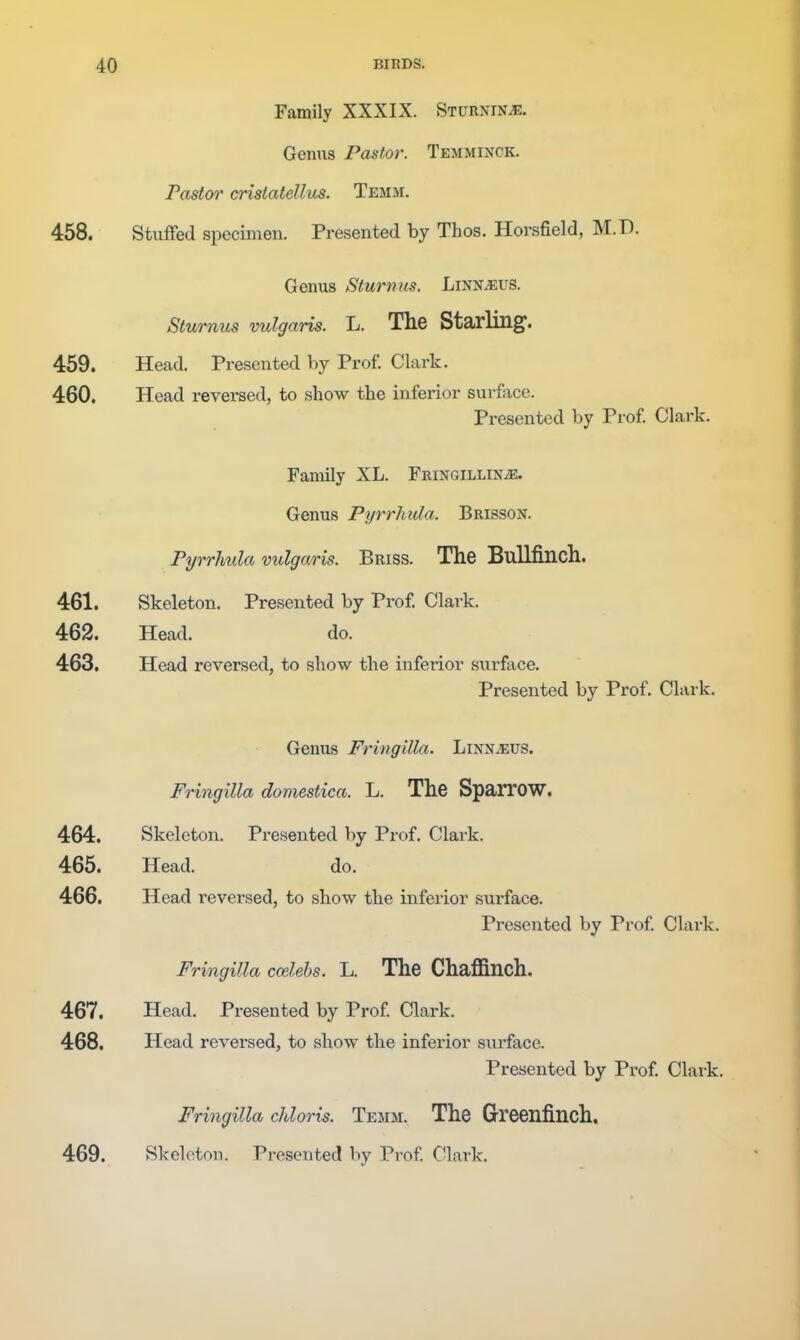 Family XXXIX. Sturnin^. Genus Pastor. Temminck. Pastor cristatellm. Temm. 458. Stuffed specimen. Presented by Thos. Horsfield, M.D. Genus Sturnus. Linn^us. Sturnus vulgaris. L. Tlie Starling. 459. Head. Presented by Prof. Clark. 460. Head reversed, to show the inferior surfixce. Presented by Prof. Clark. Family XL. Fringillin^e. Genus Pyrrhida. Brisson. Pyrrhula vulgaris. Briss. The Bullfinch. 461. Skeleton. Presented by Prof. Clark. 462. Head. do, 463. Head reversed, to show the inferior surface. Presented by Prof. Clark. Geniis Fringilla. Linn.eus. Fringilla domestica. L. The Sparrow. 464. Skeleton. Presented by Prof. Clark. 465. Head. do. 466. Head reversed, to show the infei'ior surface. Presented by Prof. Clark. Fringilla coelehs. L. The Chaffinch. 467. Head. Presented by Prof. Clark. 468. Head reversed, to show the inferior surface. Presented by Prof Clark. Fringilla chloris. Temm. The Greenfinch. 469. Skeleton. Presented by Prof. Clark.