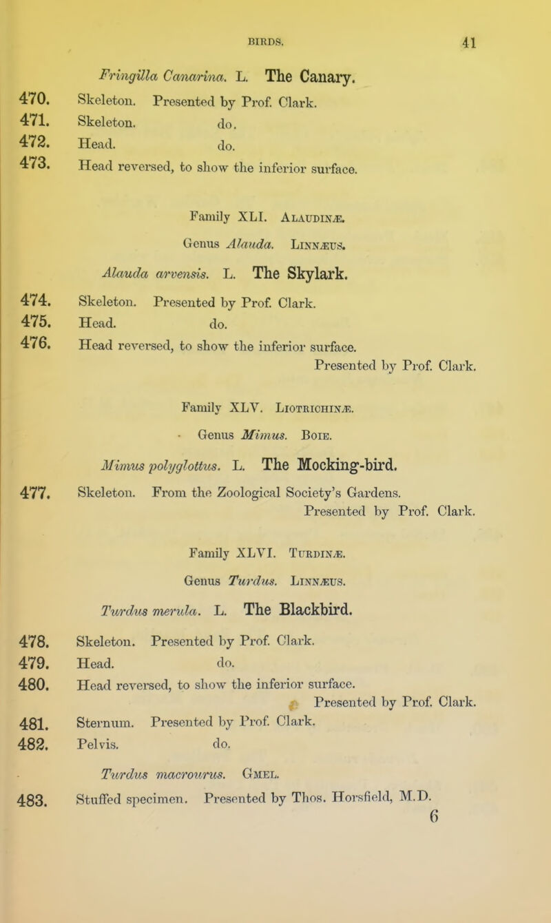 Fringilla Canarina. L. The Canary. 470. Skeleton. Presented by Prof. Clark. 471. Skeleton. do. 472. Head. do. 473. Head reversed, to show the inferior surface. Family XLI. ALAUDiNiE. Genus Alauda. LiNNiEUS. Alauda arvensis. L. The Skylark. 474. Skeleton. Presented by Prof Clark. 475. Head. do. 476. Head reversed, to show the inferior surface. Presented by Prof Clark. Family XLV. Liotbichix^. Genus Mimus. Boie. Mimus polyglottus. L. The Mocking-bird. 477. Skeleton. From the Zoological Society's Gardens. Presented by Prof Clark. Family XLVI. Titrdin^. Genus Turdus. Linn.«:us. Turdtis 'nurula. L. The Blackbird. 478. Skeleton. Presented by Prof Clark. 479. Head. do. 480. Head reversed, to show the inferior surface. Presented by Prof Clark. 481. Sternum. Presented by Prof Clark. 482. Pelvis. do. Turdus macrourus. Gmel. 483 Stuffed specimen. Presented by Thos. Hoj-sfield, M.D. 6