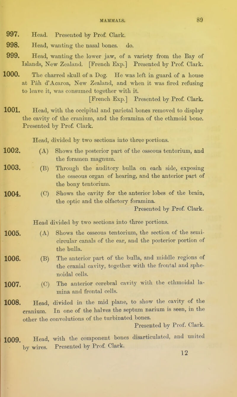 997. Head. Presented by Prof. Clark. 998. Head, wanting the nasal bones, do. 999. Head, wanting the lower jaw, of a variety from the Bay of Islands, New Zealand. [French Exp.] Presented by Prof. Clark. 1000. The charred skull of a Dog. He was left in guard of a house at Pah d'Acaroa, New Zealand, and when it was fired refusing to leave it, was consumed together with it. [French Exp.] Presented by Prof. Clark. 1001. Head, with the occipital and parietal bones removed to display the cavity of the cranium, and the foramina of the ethmoid bone. Presented by Prof. Clark. Head, divided by two sections into three portions. 1002. (A) Shows the posterior part of the osseous tentorium, and the foramen magnum. 1003. (B) Through the auditory bulla on each side, exposing the osseous organ of heai'ing, and the anterior part of the bony tentorium. 1004. (C) Shows the cavity for the anterior lobes of the brain, the optic and the olfactory foramina. Presented by Prof. Clark. Head divided by two sections into three portions. 1005. (A) Shows the osseous tentorium, the section of the semi- circular canals of the ear, and the posterior portion of the bulla. 1006. (B) The anterior part of the bulla, and middle regions of the cranial cavity, together with the frontal and sphe- noidal cells. 1007. (C) The anterior cerebral cavity with the ethmoidal la- mina and frontal cells. 1008. Head, divided in the mid plane, to show the cavity of the cranium. In one of the halves the septum narium is seen, in the other the convolutions of the turbinated bones. Presented by Prof. Clark. 1009. Head, with the component bones disarticulated, and united by wires. Presented by Prof Clark. ^ 12