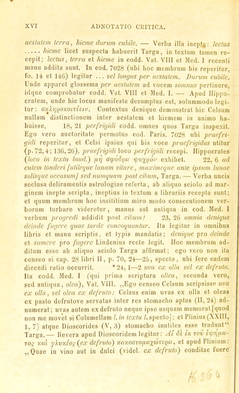 aeslalem lcrra, Meme clurum cuhile. — Verba illa inepiij: leclus hicmc licet siispecta habuerif Targ-a, iii lexliiin lamen re- cepit; leclus, terra et hieme in codd. Vat. VIII et Med. I recenli manu addita sunt. In cod. 7028 (ubi boc membrum bis reperitur, fo. 14 et 146) legitur ... vel lofigus per aesialem. Burum cubile. Unde apparet g-lossema jjcr aeslalem ad vocem somiius pertinere, idque comprobalur codd. Vat. VIII et Med. I. — Apud Ilippo- cralem, unde hiclocus manifeste desumptus est, solummodo legi- lur: GyA)i(jQ%OLxi£Lv. Contexlus denique demonslral hic Celsum nullain distinclionem inler aeslalem et hiemem iii animo ha- buisse, 18, 21 perfrigidi codd. omnes quos Targa inspexit. Ego vero auctoritate permolus cod. Paris. 7028 ubi praefri- gidi reperitur, et Celsi ipsius qui bis voce praefrigidus utilur (p.72,4; 136,26), praefrigidi loco perfrigidi recepi. Hippocrales (loco iii iexlu laud.) jxj] 6(p68Qa ipvxQOv exbibet. 22, 6 ad culem loiideri [ulileque lunatn vilare, maximcque anle ipsum lunac solisque occasumj sed numquam post cibum, Targa. — Verba uncis seclusa deliramenlis aslrologiae referta, ab aliquo sciolo ad mar- ginem iiicpte scripta, incptius in textum a librariis recepla sunt; ct quum membrum hoc insililium miro inodo conseculionem ver- borum lurbare viderelur, manus sat anliqua in cod. Med. I verbum progredi addidit post cibum! 23, 26 oinnia denique dciiide fugcre qxiae tarde concoquunlur. Ila legilur in omnibus libris et manu scriplis, et lypis mandatis; denique ■pro deinde et sumcrc pro fugcre Lindenius recte legit. Hoc inembrum ad- dilum esse ab aliquo sciolo Targa afrirmal; ego vero non ila censeo si cap. 28 libri II, p. 70, 24—25, speclo, ubi fere eadem dicendi ralio occurrit. *24, 1—2 uva cx oUa vel cx defruto. Ila codd. Med. I (qui prima scriptura o/to, sccunda vero, sed antiqua, olea)., Vat. VIII. „Ego censeo Celsuin scripsisse uva ex olla, vel olea ex defndo; Celsus enim uvas ex olla el oleas ex pasto defrutove servatas inler res slomacho aptas (II, 24) ad- numerat; uvas autem exdefruto neque ipse usquam memoraljquod non me movet si Columellam l. in lexlu /.speclo]; el Plinius (XXIII, 1,7) alque Dioscorides (V, 3) stomacho inulilcs esse tradunt Targa.— Revera apud Dioscoridein legitur: Al S\ iy. xov i-tpij^a- tog y.ai ylvKBOg (ex defrulo) KaKOGxO(A.axcoxsQa, et apud Plinium: „Quae in vino aut in dulci (videl. ex dcfruio) condilae fuere