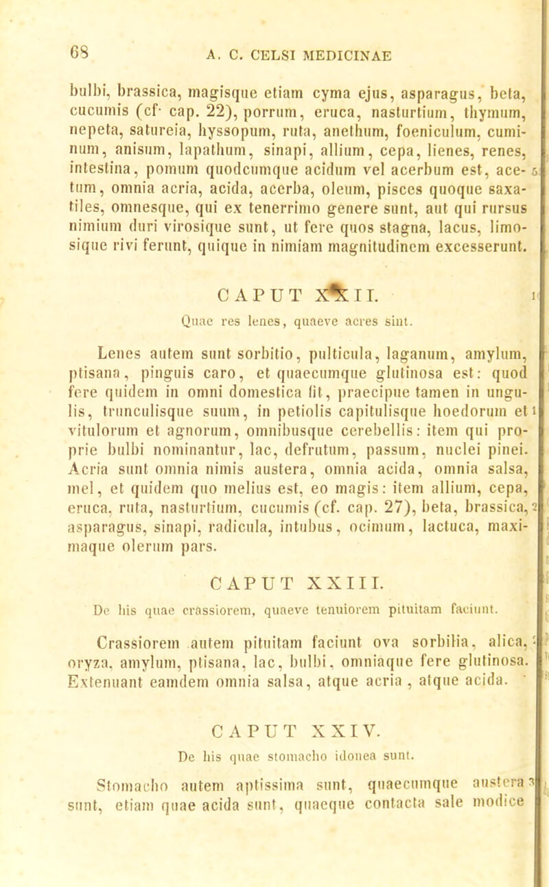 bulbi, brassica, magiscjiie etiam cyma ejiis, asparagus, beta, cucumis (cf- cap. 22), porrum, eruca, naslurtium, thymum, nepeta, satureia, hyssopum, ruta, anethum, foeniculum, cumi- num, anisum, lapathum, sinapi, allium, cepa, lienes, renes, intestina, pomum quodcumque acidum vel acerbum est, ace- r, tum, omnia acria, acida, acerba, oleum, pisces quoque saxa- tiles, omnesque, qui ex tenerrimo genere sunt, aut qui rursus nimium duri virosique sunt, ut fere quos stagna, lacus, limo- sique rivi ferunt, quique in nimiam magnitudinem excesserunt. CAPUT X%II. 1 Quae res lenes, quaeve acres siut. Lenes autem sunt sorbitio, pulticula, laganum, amylum, ptisana, pinguis caro, et quaecumque glutinosa est: quod fere quidem in omni domestica lit, praecipue tamen in ungu- lis, trunculisque suum, in petiolis capitulisque hoedorum et i vitulorum et agnorum, omnibusque cerebellis: item qui pro- prie bulbi nominantur, lac, defrutum, passum, nuclei pinei. Acria sunt omnia nimis austera, omnia acida, omnia salsa, mel, et quidem quo melius est, eo magis: item allium, cepa, eruca, ruta, naslurtium, cucumis (cf. cap. 27), beta, brassica, 2 asparagus, sinapi, radicula, intubus, ocimum, lactuca, maxi- maque olerum pars. CAPUT XXIII. De liis quae crassiorem, quaeve tenuiorem pituitam faciunt. Crassiorem autem pituitam faciunt ova sorbilia, alica,: oryza, amylum, ptisana, lac, bulbi, omniaque fere glutinosa. Extenuant eamdem omnia salsa, atque acria , atque acida. CAPUT XXIV. De his quae stoniocho iJonea sunt. Stomaeho autem aptissima simt, quaecumque austora sunt, etiam quae acida sunt, qiiaeque contacta sale modice