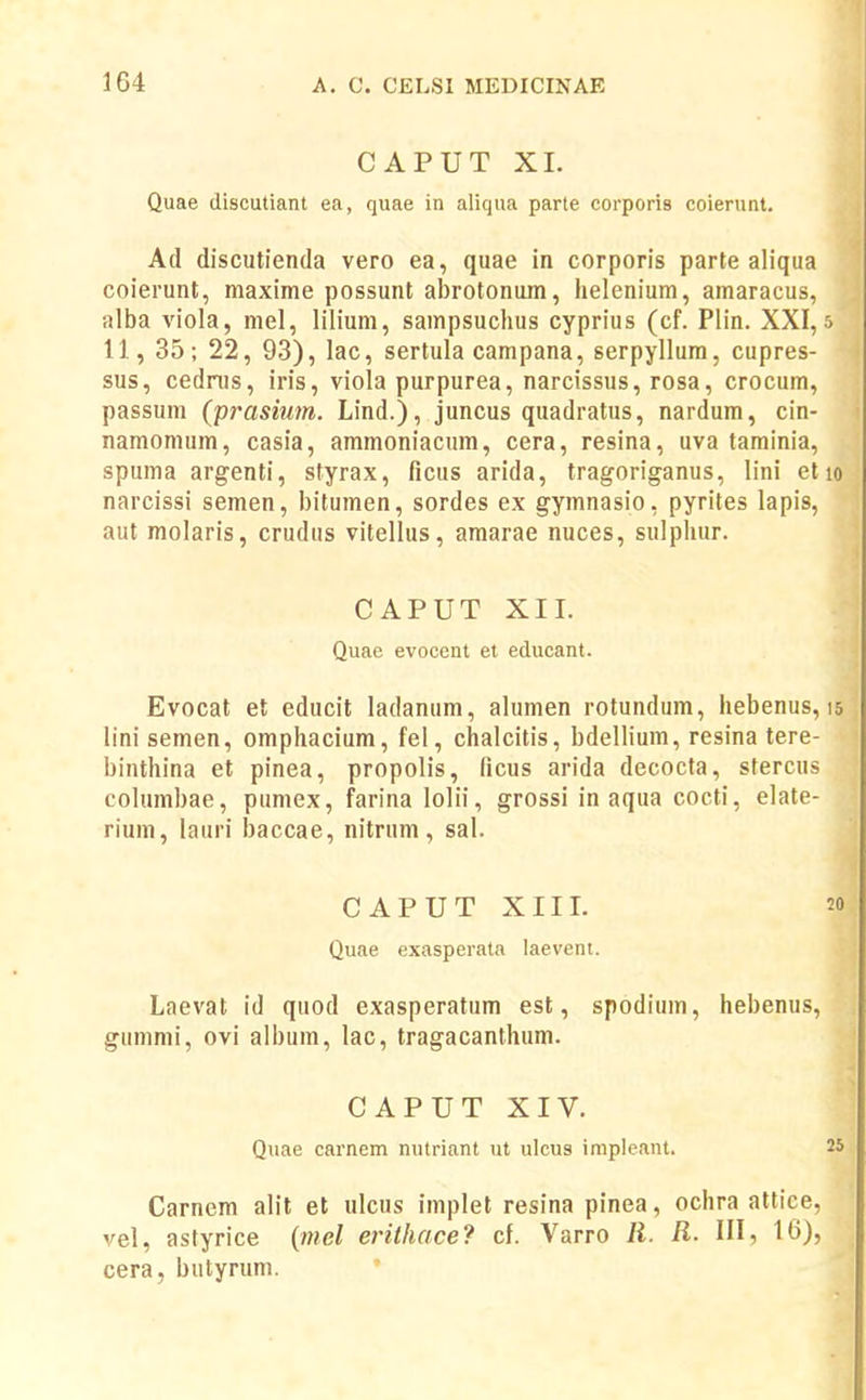 CAPUT XI. Quae discutiant ea, quae in aliqua parte corporis coierunt. Atl discutienda vero ea, quae in corporis parte aliqua coierunt, maxime possunt abrotonum, helenium, amaracus, alba viola, mel, lilium, sampsuclius cyprius (cf. Plin. XXI,s 11, 35; 22, 93), lac, sertula campana, serpyllum, cupres- sus, cednis, iris, viola purpurea, narcissus, rosa, crocum, passum (prasiutn. Lind.), juncus quadratus, nardum, cin- namonium, casia, ammoniacum, cera, resina, uva taminia, spuma argenti, styrax, ficus arida, tragoriganus, lini et lo narcissi semen, bitumen, sordes ex gymnasio, pyrites lapis, aut molaris, crudus vitellus, amarae nuces, sulphur. CAPUT XII. Quae evocent et educant. Evocat et educit ladanum, alumen rotundum, hebenus, 15 lini semen, omphacium, fel, chalcitis, bdellium, resina tere- binthina et pinea, propolis, ficus arida decocta, stercus columbae, puniex, farina lolii, grossi in aqua cocti, elate- rium, lauri baccae, nitrum, sal. CAPUTXIII. 20 Quae exasperata laevent. Laevat id quod exasperatum est, spodium, hebenus, gummi, ovi album, lac, tragacanlhum. CAPUT XIV. Quae carnem nutriant ut ulcus impleant. 2^ Carnem alit et ulcus implet resina pinea, ochra attice, vel, astyrice {mel eriihace? cf. Varro /l. H. III, 16), cera, butyrum.