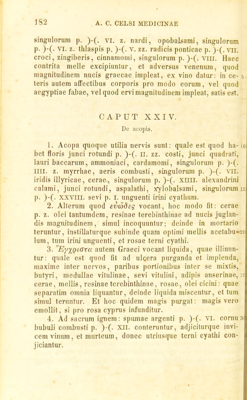 singulorum p. )-(. vi, z. nardi, opobaLsami, singulorum p. )-(. VI. z. thlaspis p. )-(. V, zz. radicis ponticae p. )-(. vn. croci, zingiberis, cinnamomi, singulorum p. )-(. Vlii. Haec contrita melle excipiuntur, et adversus venenum, quod magnitudinem nucis graecae impleat, ex vino dalui-: in ce-5, teris autem affectibus corporis pro modo eorum, vel quod aegyptiae faJ)ae, vel quod ervimagnitudinem impleat, satis est. CAPUT XXIV. De acopis. 1. Acopa (fuoque utilia nervis sunt: quale est quod ha-10 bet floris junci rotundi p. )-(. II. zz. costi, junci quadrafi, lauri baccarum, ammoniaci, cardamomi, singulorum p. )-(. Iiii. z. myrrhae, aeris combusti, singulorum p. )-(. vii. iridis illyricae, cerae , singulorum p. )-(. XUII. alexandrini calami, junci rotundi, aspalathi, xylobalsami, singulonun 15 p. )-(. XXVIII. sevi p. I. unguenti irini cyathum. 2. Alterum quod evadeg vocant, hoc modo fit: cerae p. z. olei tantumdem, resinae terebinlhinae ad nucis juglan- dis magiiitudinem, simul incoquuntur; deinde in mortario teruntur, instiUaturque subinde quam optimi meUis acetabu-2C lum, tum irini unguenti, et rosae terni cyathi. 3. Ey%QL0ra autem Graeci vocant liquida, quae illinun- tur: quaie est quod fil ad ulqera purganda et iniplenda, maxime inter nervos, paribus portionibus inter se mixfis, butyri, medullae vitulinae, sevi vitulini, adipis anserinae, cerae, mellis, resinae terebinthinae, rosae, olei cicini: quae sepajafim omnia Iiquantur, deinde liquida miscenlur, et tum simul terunliir. Et hoc quidem magis piirgat: magis vero emoUit, si pro rosa cyprus infunditur. 4. Ad sacrum ignem: spiunae argenti p. )-(. vi. cornu 31 bubuli conihusti p. )-(. xil. conterunfur, adjiciturque invi- cemvinum, etmurteum, donec utriusque terni cyathi con- jiciantur.