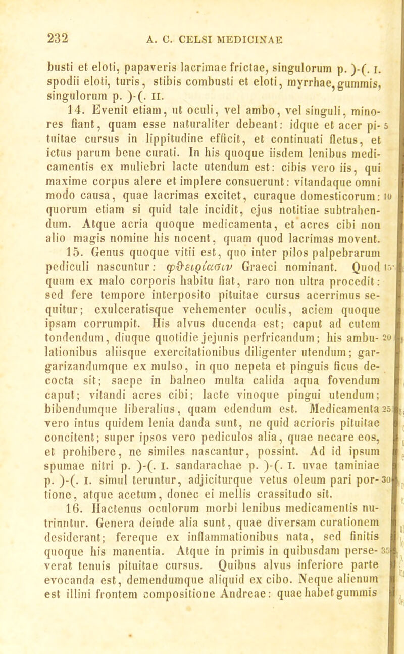 busti et eloti, papaveris lacrimae frictae, singulorum p. )-(. r. spodii eloti, turis, stiiiis combusli et eloti, myrrhae,gummis, singulorum p. )-(. ll. 14. Evenit etiam, ut oculi, vel ambo, vel singuli, mino- res fiant, quam esse naturaliter debcant: idque et acer pi-5 tuitae cursus in lippitudine efiicit, et continuati fletus, et ictus parum bene curati. In his quoque iisdem lenibus medi- camentis ex muliebri lacte utendum est: cibis vero iis, qui maxime corpus alere etimplere consuerunt: vitandaque omni modo causa, quae lacrimas excitet, curaque domesticorum: 10 quorum etiam si quid tale incidit, ejus notitiae subtralien- dum. Atque acria quoque medicamenta, et acres cibi non alio magis nomine his nocent, quam quod lacrimas movent. 15. Genus quoque vitii est, quo inter pilos palpebrarum pediculi nascuntur: (p%^£iQCa(jLV Graeci nominant. Quod i -- quum ex malo corporis habitu liat, raro non ultra procedit: sed fere tempore interposito pituitae cursus acerrimus se- quitur; exulceratisque vehementer oculis, aciem quoque ipsam corrumpit. His alvus ducenda est; caput ad cutem tondeudum, diuque quotidie jejunis perfricandum; his ambu-20 lationibus aliisque exercitalionibus diligenter utendum; gar- garizandumque ex mulso, in quo nepeta et pinguis ficus de- cocta sit; saepe in balneo multa calida aqua fovendum caput; vitandi acres cibi; lacte vinoque pingui utendum; bibendumqiie liberalius, quam edendum est. Medicamenta 25 f, vero intus quidem lenia danda sunt, ne quid acrioris pituitae ^ concitent; super ipsos vero pediculos alia, quae necare eos, ^ et prohibere, ne similes nascantur, possint. Ad id ipsum '. spumae nitri p. )-(. i. sandarachae p. )-(. i. uvae taminiae p. )-(. I. simul leruntur, adjiciturque vetus oleum pari por-3o ,^ tione, atque acetum, donec ei mellis crassitudo sit. 16. Hactenus oculorum morbi lenibus medicamentis nu- trinntur. Genera deinde alia sunt, quae diversam curationem , desiderant; fereque ex inflammationibus nata, sed finitis quoque his manentia. Atque in primis in quibusdani perse-35 verat tenuis pituitae cursus. Quibns alvus inferiore parte evocanda est, demendumque aliquid ex cibo. Neque alienum est illini frontem compositione Andreae: quaehabetgummis