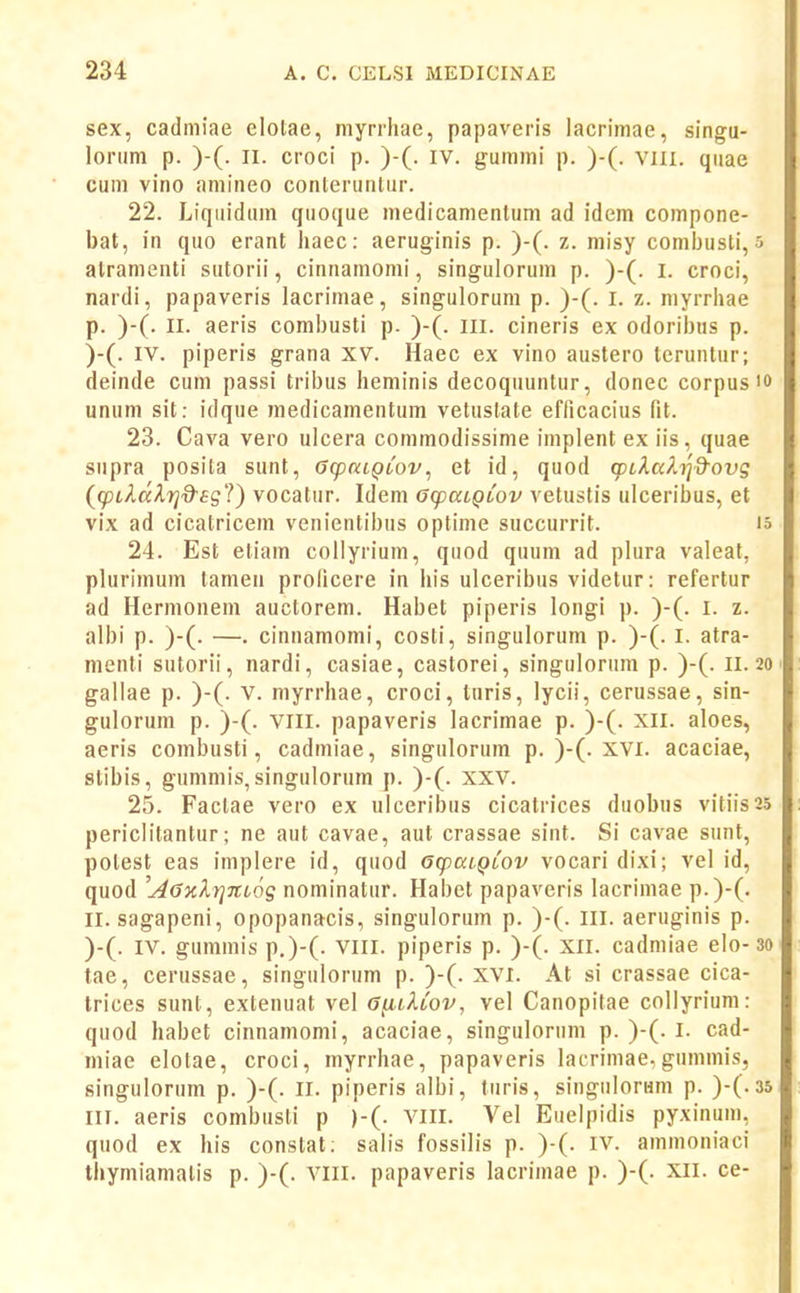 sex, cadmiae elotae, myrrliae, papaveris lacrimae, singu- lonim p. )-(. II. croci p. )-(. iv. gummi p. )-(. vill. qiiae cum vino amineo conlerunUir. 22. Liquidum quoque medicamenluni ad idcm compone- bat, in quo erant haec: aeruginis p. )-(. z. misy comljusti, s atramenti sutorii, cinnamomi, singulorum p. )-(. i. croci, nardi, papaveris lacrimae, singulorum p. )-(. l. z. myrrhae p. )-(. II. aeris combusti p. )-(. iii. cineris ex odoribus p. )-(. IV. piperis grana XV. Haec ex vino austero teruntur; deinde cum passi tribus heminis decoquuntur, donec corpus'o unum sit: idqne medicamentum vetuslate eflicacius fit. 23. Cava vero ulcera commodissime implent ex iis, quae supra posita sunt, Gq^aiQiov^ et id, quod cpLkaJ^iid^Qvg (jcpLldXrid-agl) vocatur. Idem GqjatQLov vetustis ulceribus, et vix ad cicatricem venientibus optime succurrit. lo 24. Est eliam collyrium, quod quum ad plura valeat, plurimum tameu prolicere in his ulceribus videtur: refertur ad Hermonem auctorem. Habet piperis longi p. )-(. l. z. albi p. )-(. —. cinnamomi, costi, singulorum p. )-(. l. atra- nienti sutorii, nardi, casiae, castorei, singulorum p. )-(. II. 20 gallae p. )-(. V. niyrrhae, croci, luris, lycii, cerussae, sin- gulorum p. )-(. VIII. papaveris lacrimae p. )-(. XII. aloes, aeris combusti, cadmiae, singulorum p. )-(. XVI. acaciae, slibis, gummis, singulorum p. )-(. xxv. 25. Faclae vero ex ulceribus cicatrices duobus vitiis25 periclilantur; ne aut cavae, aut crassae sint. Si cavae sunt, potest eas implere id, quod aq^aLQiov vocaridixi; vel id, quod 'j40Klr]7tL6g nominatur. Habet papaveris lacrimae p.)-(. II. sagapeni, opopanacis, singulorum p. )-(. lll. aeruginis p. )-(. IV. gummis p.)-(. viii. piperis p. )-(. xii. cadmiae elo-3o tae, cerussae, singulorum p. )-(. xvi. At si crassae cica- trices sunt, extenuat vel afiLlwv, vel Canopitae collyrium: quod habet cinnamomi, acaciae, singulorum p. )-(. l. cad- niiae elotae, croci, myrrhae, papaveris lacrimae. gunimis, singulorum p. )-(. ll. piperis albi, turis, singulornm p. )-(.35 III. aeris combusti p )-(. VIII. Vel Euelpidis pyxinum, quod ex his constat: salis fossilis p. )-(. iv. amnioniaci thymiamalis p. )-(. viii. papaveris lacrimae p. )-(. xii. ce-