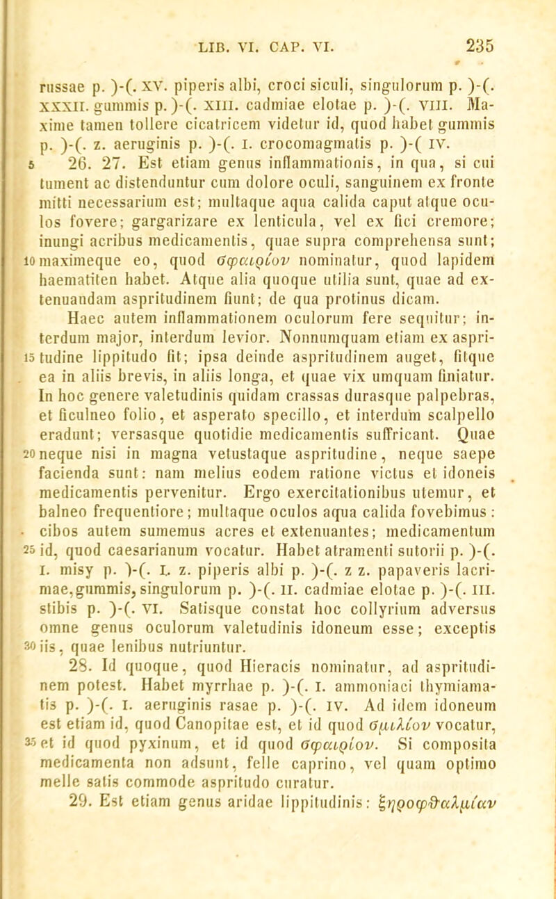 nissae p. )-(. XV. piperis albi, croci siciili, singiilorum p. )-(. XXXII. guniinis p.)-(. xm. cadmiae elotae p. )-(. vill. Ma- xime tamen toUere cicatricem videtiir id, quod liabet guminis p. )-(. z. aeniginis p. )-(. i. crocomagmatis p. )-( iv. s 26. 27. Est etiam genus inflammationis, in qiia, si cui tument ac distenduntur cum dolore oculi, sanguinem ex fronle mitti necessarium est; multaque aqua calida caput atque ocu- los fovere; gargarizare ex lenticula, vel ex fici cremore; inungi acribus medicamentis, quae supra comprebensa sunt; lomaximeque eo, quod CcpaiQLov nominalur, quod lapidem baematiten babet. Atque alia quoque utilia sunt, quae ad ex- tenuaudam aspritudinem fuint; de qua protinus dicam. Haec autem inflammationem oculorum fere sequitur; in- terduin major, interdum ievior. Nonnumquam etiam ex aspri- 15 tudine lippitudo fit; ipsa deinde aspritudinem auget, fitque ea in aliis brevis, in aliis longa, et quae vix umquam fmiatur. In hoc genere valetudinis quidam crassas durasque palpebras, et Qculneo folio, et asperato specillo, et interdum scalpello eradunt; versasque quotidie medicamentis suffricant. Quae 20neque nisi in magna vetustaque aspritudine, neque saepe facienda sunt: nam melius eodem ratione viclus el idoneis medicamentis pervenitur. Ergo exercitationibus utemur, et balneo frequentiore ; multaque oculos acpia calida fovebimus : • cibos autem sumemus acres et extenuantes; medicamentum 25 id, quod caesarianum vocatur. Habet atramenti sutorii p. )-(. I. misy p. )-(. I.. z. piperis albi p. )-(. z z. papaveris lacri- mae,guramis, singulorum p. )-(. ii. cadmiae elotae p. )-(. lll. stibis p. )-(. VI. Satisque constat hoc coilyrium adversus omne genus oculorum valetudinis idoneum esse; exceptis soiis, quae lenibus nutriuntur. 28. Id quoque, quod Hieracis nominatur, ad aspritudi- nem potest. Habet myrrhae p. )-(. l. ammoniaci thymiama- tis p. )-(. I. aeruginis rasae p. )-(. iv. Ad idem idoneum est etiam id, quod Canopitae est, et id quod GixlXlov vocatur, 3-5 et id quod pyxinum, et id quod GcpaLQLOv. Si composita medicamenta non adsunt, felle caprino, vel quara optimo melle salis commode aspritudo ciiratur. 29. Est etiam genus aridae lippitudinis: ^r^Qocp&aX^iav