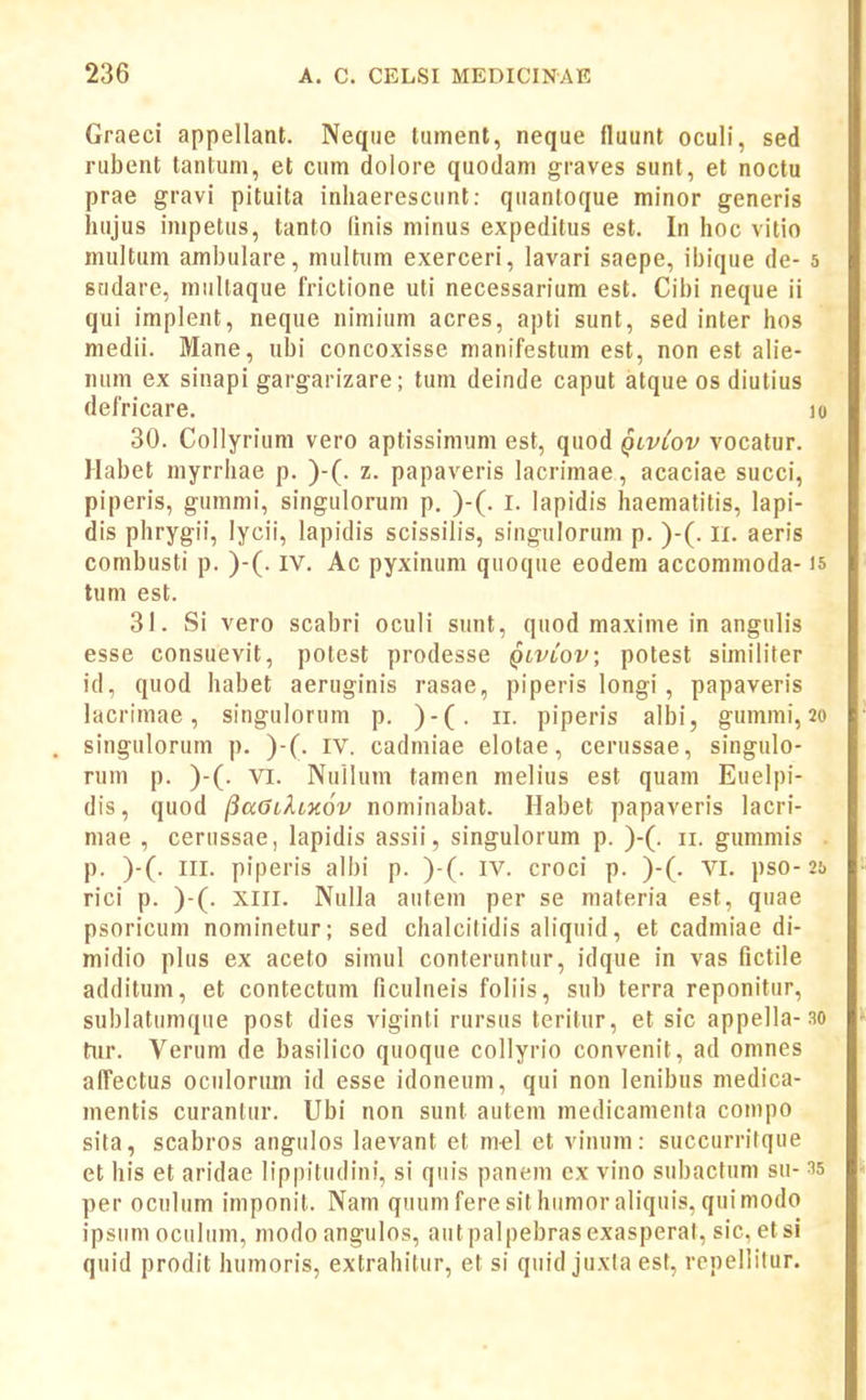 Graeci appellant. Neque tument, neque fluunt oculi, sed rubent tantuni, et cum dolore quodam graves sunt, et noctu prae gravi pituita inliaerescunt: quantoque minor generis hujus inipetus, tanto linis minus expeditus est. In hoc vitio multum ambulare, multiim exerceri, lavari saepe, ibique de- 5 stidare, mullaque frictione uti necessarium est. Cibi neque ii qui implent, neque nimium acres, apti sunt, sed inter hos medii. Mane, ubi concoxisse manifestum est, non est alie- num ex sinapi gargarizare; tum deinde caput atque os diutius defricare. lo 30. Collyriuni vero aptissimum est, quod qlvIov vocatur. Habet myrrliae p. )-(. z. papaveris lacrimae, acaciae succi, piperis, gummi, singulorum p. )-(. l. lapidis haematitis, lapi- dis phrygii, lycii, lapidis scissilis, singulorum p. )-(. n. aeris combusti p. )-(. IV. Ac pyxinum quoque eodem accomnioda- is tum est. 31. Si vero scabri oculi sunt, quod maxinie in angulis esse consuevit, potest prodesse Qiviov; potest similiter id, quod habet aeruginis rasae, piperis longi, papaveris lacrimae, singulorum p. )-(. ii. piperis albi, gummi, 20 singulorum p. )-(. iv. cadmiae elotae, cerussae, singulo- rum p. )-(. VI. Nuilum tamen melius est quam Euelpi- dis, quod ^aGLkiKov nominabat. Habet papaveris lacri- mae , cerussae, lapidis assii, singulorum p. )-(. 11. gummis . p. )-(. III. piperis albi p. )-(. iv. croci p. )-(. VI. pso- rici p. )-(. XIII. Nulla autem per se raateria est, quae psoricum nominelur; sed chalcitidis aliquid, et cadniiae di- midio plus ex aceto simul conteruntur, idque in vas fictile additum, et contectum ficulneis foliis, sub terra reponitur, sublatumque post dies viginti rursus teritnr, et sic appella-30 tur. Verum de basilico quoque collyrio convenit, ad omnes affectus oculorum id esse idoneum, qui non lenibus medica- mentis curantur. Ubi non sunt autem medicamenta compo sita, scabros angulos laevant et mel et vinum: succurrifque et his et aridae lippitudini, si quis panem ex vino subactum su- 35 per oculum imponit. Nam quum fere sit humor aliquis, qui modo ipsum oculum, niodo angulos, aut palpebras exasperat, sic, et si quid prodit humoris, extrahitur, et si quid juxla est, repellitur.