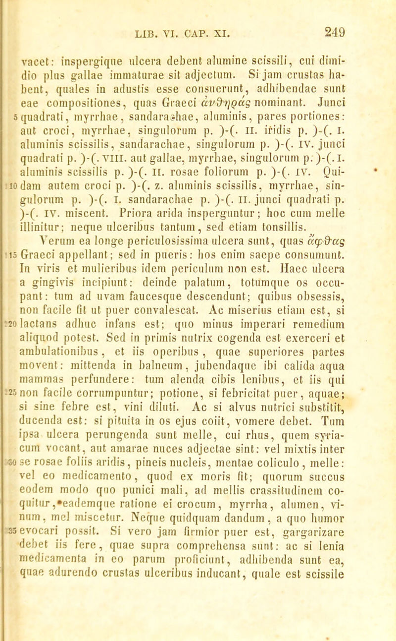 vacet: inspergiqiie ulcera debent alumine scissili, ciii dimi- (iio plus gallae inimatiirae sit adjectuni. Si jam crustas ha- bent, quales in adustis esse cousuerunt, adliibendae sunt eae compositiones, quas Graeci avS^f^^jag nominant. Junci squadrati, myrrhae, sandara^hae, ahiminis, pares portiones: aut croci, myrrhae, singiilorum p. )-(. II. ifidis p. )-(. l. aluminis scissilis, sandarachae, singiilorum p. )-(. iv. junci quadrati p. )-(. vill. aut gallae, myrrhae, singulorum p. )-(. l. aluminis scissilis p. )-(. ll. rosae folioruni p. )-(. iv. Qui- MOdam autem croci p. )-(. z. aluminis scissilis, myrrhae, sin- gulorum p. )-(. I. sandarachae p. )-(. ll. junci quadrali p. )-(. IV. miscent. Priora arida insperguntur; hoc cum melle illinitur; neque nlceribus tantuni, sed etiam tonsillis. Verum ea longe periculosissima ulcera sunt, quas a^p&as MoGraeci appellant; sed in pueris: hos enim saepe consumunt. la viris et mulieribus idem periculum non est. Haec ulcera a gingivis incipiunt: deinde palatum, totumque os occu- pant: tum ad uvam faucesque descendunt; quibus obsessis, non facile lit ut puer convalescat. Ac miserius etiam est, si ;2oIactans adhuc infans est; quo minus imperari remedium aliquod potest. Sed in primis nutrix cogenda est exerceri et ambulationibus, et iis operibus, quae superiores partes movent: mittenda in balneum, jubendaque ibi calida aqua mammas perfundere: tiim alenda cibis lenibus, et iis qui ;2onon facile corrumpuntur; potione, si febricitat puer, aquae; si sine febre est, vini diluti. Ac si alvus nutrici substitit, ducenda est: si pituita in os ejus coiit, vomere debet. Tum ipsa ulcera perungenda sunt melle, cui rhus, quem syria- cum vocant, aut amarae nuces adjectae sint: vel mixtis inter 30 36 rosae foliis aridis, pineis nucleis, mentae coliculo , melle: vel eo medicamento, quod ex moris fit; quorum succus eodem modo qno punici mali, ad mellis crassitudinem co- quitiir,»eademque ratione eicrocum, myrrha, alumen, vi- num, mel miscetur. Neque quidquam dandum, a quo humor ssevocari possit. Si vero jam firmior puer est, gargarizare debet iis fere, quae supra comprehensa sunt: ac si lenia medicamenta in eo pariim proficiunt, adliibenda sunt ea, quae adurendo cruslas ulceribus inducant, quale est scissile