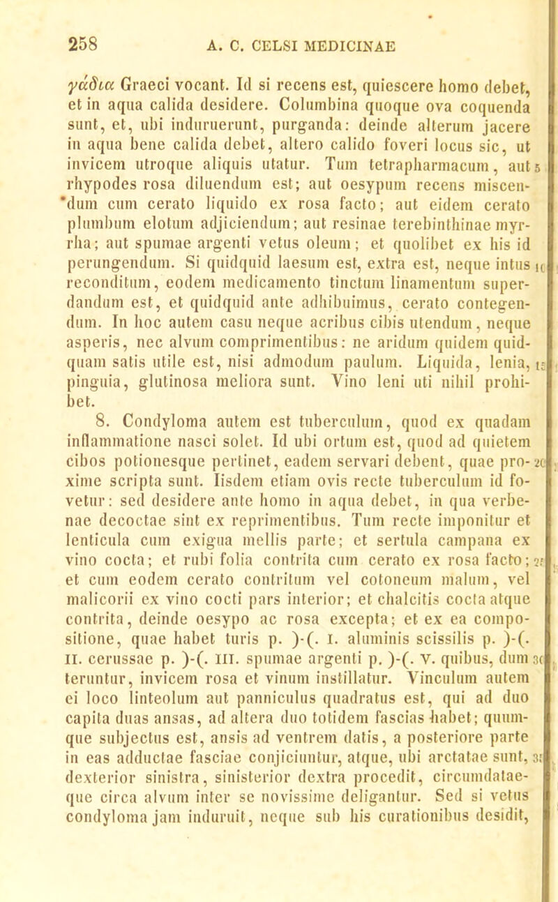 yddLa Graeci vocant. Id si recens est, quiescere homo debet, et in aqua calida desidere. Cohimijina qiioque ova coquenda i, sunt, et, ubi induruerunt, purganda: deinde alterum jacere in aqua bene calida debet, altero calido foveri locus sic, ut invicem utroque aliquis utatur. Tum tetrapharniacum, auts rhypodes rosa diluendum est; aut oesypum recens miscen- 'dum cum cerato liquido ex rosa facto; aut eidem cerato plumbum elolum adjiciendum; aut resinae terebinthinae myr- rha; aut spumae argenti vctus oleuni; et quolibet ex his id perungendum. Si quidquid laesum est, extra est, neque intus u reconditum, eodem medicaniento tinctum linamentum super- dandum est, et quidquid ante adhibuimus, cerato contegen- dum. In hoc autem casu neque acribus cibis utendum, neque asperis, nec alvum comprimentibus: ne aridum quideni quid- quam satis utile est, nisi admodum paulum. Liquida, lenia, u pinguia, glutinosa meliora sunt. Vino leni uti nihil prohi- bet. 8. Condyloma aiitem est tuberculum, quod ex quadam inflammatione nasci solet. Id ubi ortum est, quod ad quietem cibos potionesque pertinet, eadem servari debent, quae pro-ze . xime scripta sunt. lisdeni etiam ovis recte tuberculum id fo- vetur: sed desidere ante homo iu aqua debet, in qua verbe- nae decoctae sint ex reprimentibus. Tura recte imponilur et lenticula cum exigua mellis parte; et sertula campana ex vino cocta; et rubi folia contrita cum cerato ex rosa facto;?; , et cum eodem cerato contritum vel cotoneum malum, vel malicorii ex vino cocti pars interior; et chalcitis coclaatque contrita, deinde oesypo ac rosa excepta; et ex ea conipo- sitione, quae habet turis p. )-(. i. aluminis scissilis p. )-(. II. cerussae p. )-(. III. spumae argenti p. )-(. v. quibus, dum 3( . leruntur, invicem rosa et vinum instillatur. Vinculura autem ei loco linteolura aut panniculus quadratus est, qui ad duo capita duas ansas, ad altera duo totidera fascias Jiabet; quum- que subjectus est, ansis ad ventrem datis, a posteriore parte in eas adductae fasciae conjiciuntur, atque, ubi arctatae sunt, 3! , dexterior sinistra, sinisterior dextra procedit, circunidatae- que circa alvum inter se novissimc deligantur. Sed si vetus condyloraa jani induruit, ncque sub his curalionibus desidit,