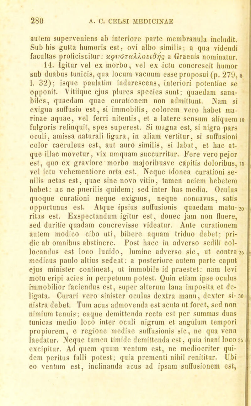 aulem superveniens ab interiore parte meinbranula includit. Sub his gutta liumoris est, ovi albo similis; a qua videndi facultas proliciscitur: KQv6TaXXoe.t,dijg a Graecis nominatur. 14. Igitur vel ex morbo, vel ex ictu concrescit humor sub duabus tunicis, qua locum vacuum esseproposui (p. 279, s 1. 32); isque paulalim indurescens, interiori potenliae se opponit. Vitiique ejus plures species sunt; quaedam sana- biles, quaedam quae curationem non admittunt. Nam si exigua sulTusio est, si immobilis, colorem vero habet ma- rinae aquae, vel ferri nitentis, et a latere sensum ab'quem lo fulgoris relinquit, spes superest. Si magna est, si nigra pars oculi, amissa naturali (igura, in aliam vertitur, si suffusioni color caeruleus est, aut auro similis, si labat, et hac at- que illac movetur, vix umquam succurritur. Fere veropejor est, quo ex graviore morbo majoribusve capitis doloribus, i5 vel ictu vehementiore orla est. Neque idonea curationi se- nilis aetas est, quae sine novo vitio, tamen aciem hebetem habet: ac ne puerilis quidem; sed inter has media. Oculus quoque curationi neque exiguus, neque concavus, satis opportunus est. Atque ipsius suffusionis quaedam matu-20 ritas est. Exspectandum igitur est, donec jam non fluere, sed duritie quadam concrevisse videatur. Ante curationem autem modico cibo uti, bibere aquam triduo debet; pri- die ab omnibus abstinere. Post haec in adverso sedih' col- locandus est loco lucido, lumine adverso sic, ut contra25 medicus paulo altius sedeat: a posteriore autem parte caput ejus minister contineat, ut immobile id praestet: nam levi motu eripi acies in perpetuum polest. Quin etiam ipse oculus iTiimobilior faciendus est, super alterum lana imposita et de- ligata. Curari vero sinister oculus dextra manu, dexter si-30 nistra debet. Tum acus admovenda est acuta ut foret, sed non nimium tenuis; eaque deniittenda recta est per summas duas tunicas medio loco inter oculi nigrum et angulum tempori propiorem, e regione mediae suITusionis sic, ne qua vena laedatur. Neque tamen timide demiltenda est, quia inani loco 35 excipitur. Ad quem quum ventum est, ne mediocriter qui- dem perilus falli potest; quia prementi nihil renititur. (Jbi eo ventum est, inclinanda acus ad ipsam suffusionem est,