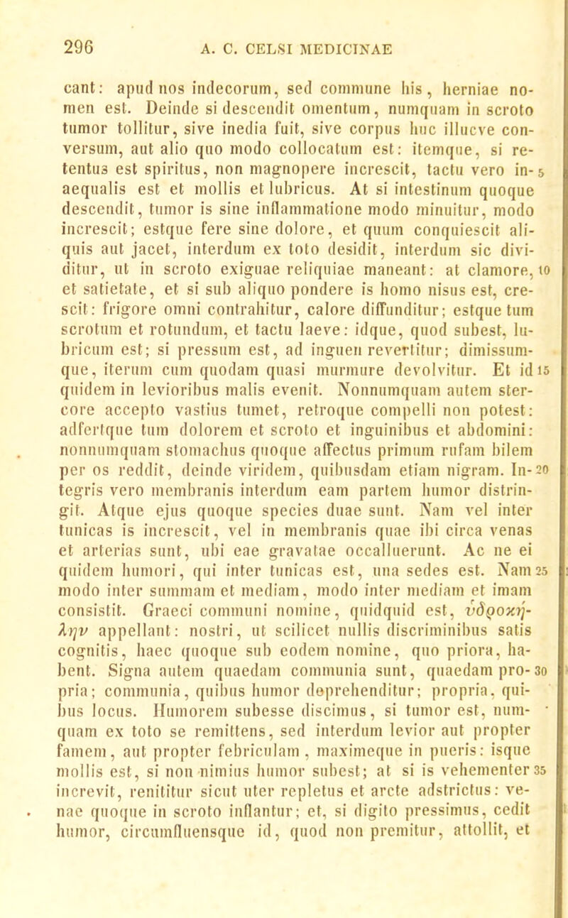 cant: apud nos indecorum, sed coniniune his, herniae no- men est. Deinde si descendit onientum, nuniquam in scroto tumor tollitur, sive inedia fuit, sive corpus huc illucve con- versum, aut alio quo modo collocatum est: itemqiie, si re- tentus est spiritus, non magnopere increscit, taclu vero in-5 aequalis est et mollis et luljricus. At si intestinum quoque descendit, tumor is sine inflammalione modo minuitur, modo increscit; estque fere sine dolore, et quum conquiescit ali- quis aut jacet, interdum ex toto desidit, interduni sic divi- ditur, ut in scroto exiguae reliquiae maneant: at clamore, to et satietate, et si sub aliquo pondere is homo nisus est, cre- scit: frigore omni contrahitur, calore diffunditur; estque tum scrotum et rotundum, et tactu laeve: idque, quod subest, lu- bricum est; si pressuni est, ad inguen reverlitur; diniissum- que, iteruni cum quodam quasi murmure devolvitur. Et idis quidem in levioribus malis evenit. Nonnumquam autem ster- core acceplo vastius tumet, retroque compelli non potest: adfertque tum dolorem et scroto et inguinibus et abdomini: nonnumquam stomachus quoque affectus primum rufam bilem per os reddit, deinde viridem, quibusdam etiam nigram. In-20 tegris vero membranis interdum eam partem humor distrin- git. Atque ejus quoque species duae sunt. Nani vel inter tunicas is increscit, vel in membranis quae ibi circa venas et arterias sunt, ubi eae gravatae occalluerunt. Ac ne ei quidem humori, qui inter tunicas est, una sedes est. Nam25 modo inter summam et mediam, modo inter mediam et imam consistit. Graeci comniuni nomine, quidquid est, vdQOxtj- ly]V appellant: nostri, ut scilicet nullis discriminibus satis cognitis, haec quoque sub eodem nomine, quo priora, ha- bent. Signa autem quaedam communia sunt, quaedam pro-30 pria; communia, quibus humor deprehenditur; propria. qui- bus locus. Humorem subesse discimus, si tumor est, num- • quam ex toto se remittens, sed interdum levior aut propfer famem, aut propter febriculam , maximeque in pueris: isque mollis est, si non nimius humor subest; at si is vehementerss increvit, renilitur sicut uter replelus et arcte adstrictus: ve- nae quoque in scroto inflantur; et, si digito pressimus, cedit humor, circiimfluensquo id, quod non premitur, attollit, et