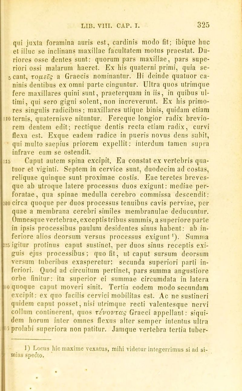 qiii juxfa foramina aiiris est, cardinis modo fit; ibique hiic et illuc se inclinans maxillae facultatem motus praeslat. Du- riorcs osse dentes sunt: quorum pars maxillae, pars supe- riori ossi malaruni haeret. Ex his quaterni primi, quia se- 5 cant, roastg a Graecis nominantur. Ili deinde quatuor ca- ninis dentibus ex omni parte cinguntur. Ultra quos utrimque fere maxillares quini sunt, praeterquam in iis, in quibus ul- timi, qui sero gigni solent, non increverunt. Ex his primo- res singulis radicibus; maxillares utique binis, quidam etiara 10 ternis, quaternisve nituntur. Fereque longior radix brevio- rera dentera edit; rectique dentis recta etiam radix, curvi llexa est. Exque eadem radice in pueris novus dens subit, qui multo saepius priorem expellit; interdum tamen supra infrave eum se ostendit. 15 Caput autem spina excipit. Ea constat ex vertebris qua- tuor et viginti. Septem in cervice sunt, duodecim ad costas, reliquae quinque sunt proximae costis. Eae teretes breves- que ab utroque latere processus duos exigunt: mediae per- foratae, qua spinae medulla cerebro commissa descendit: ■20 circa quoque per duos processus tenuibus cavis perviae, per quae a membrana cerebri similes membranulae deducuntur. Omnesque vertebrae, exceptis tribus summis, a superiore parte in ipsis processibus paulum desidentes sinus habent: ab in- feriore alios deorsum versus processus exigunt'). Summa ;5 igitur protinus caput sustinet, per duos sinns receptis exi- guis ejus processibus; quo fit, ut caput sursum deorsum versum tuberibus exasperetur; secunda superiori parli in- feriori. Ouod ad circuilum pertinet, pars summa angustiore orbe finitur: ita superior ei summae circumdata in latera oquoque caput moveri sinit. Tertia eodem modo secundam excipit: ex qiio facilis cervici mobilitas est. Ac ne sustineri quidem caput posset,nisi utrimqiie recti valentesque nervi colliim continerent, quos revovvag Graeci appellant: siqui- dem horum inter omnes flexus alter semper intentus ultra iprolabi superiora non patitur. Jamque vertebra tertia tiiber- 1) Locus hic maxime vexatus, mihi videlur integerrlmus si ad si- mias specto.