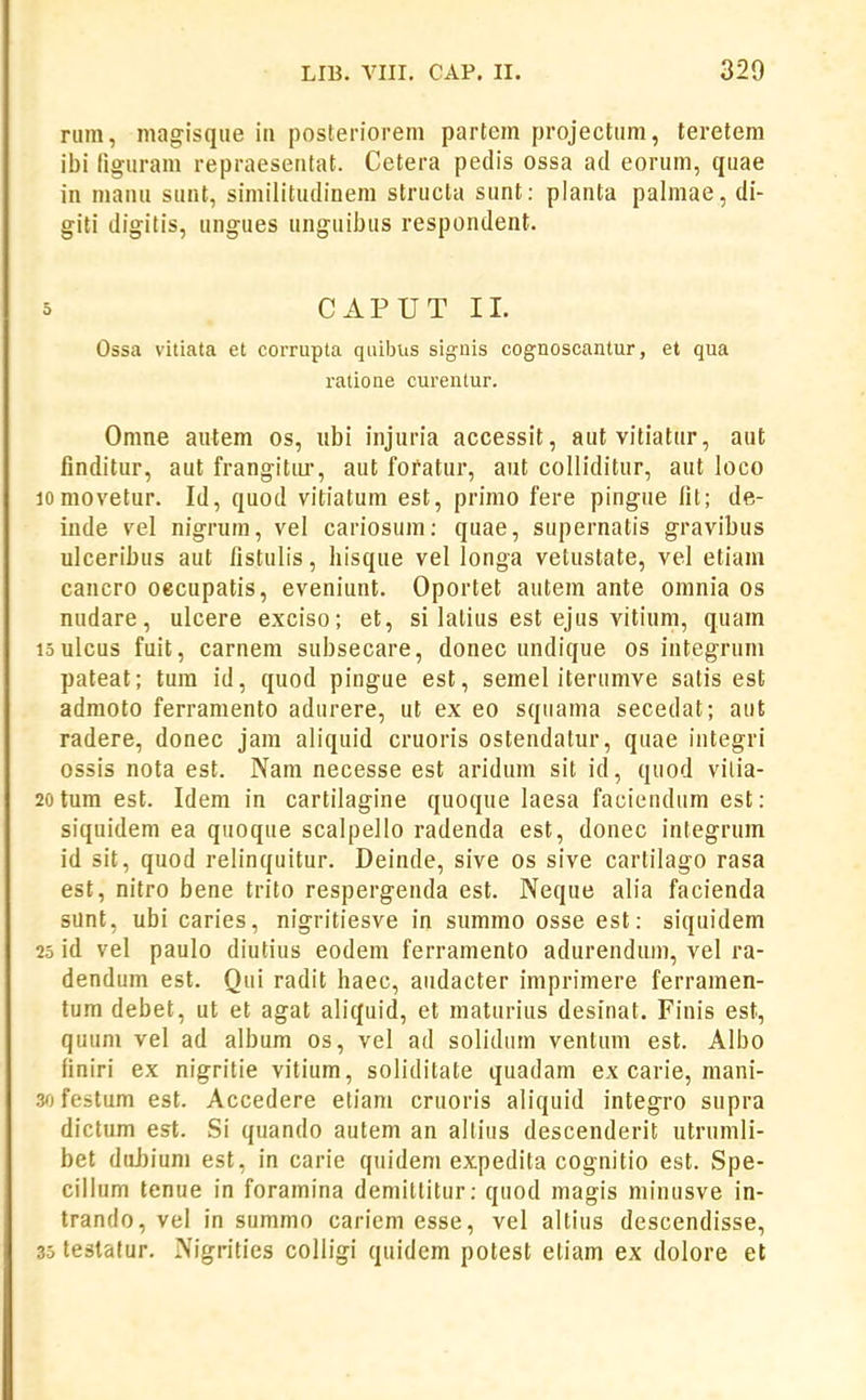 riim, magisque iii posteriorem partem projectum, teretem ibi Hguram repraesentat. Cetera pedis ossa ad eorum, quae in mauu sunt, similitudinem structa sunt: planta palmae, di- giti digitis, ungues unguibus respondent. 5 CAPUT II. Ossa vitiata et corrupla qiiibus sigiiis cognoscantur, et qua ratione curentur. Omne autem os, «bi injuria accessit, autvitiattir, aut finditur, aut frangitiu', aut foratur, aut colliditur, aut loco lomovetur. Id, quod vitiatum est, primo fere pingue fit; de- iude vel nigriira, vel cariosum: quae, supernatis gravibus ulceribus aut fistulis, hisque vel longa vetustate, vel etiam cancro oecupatis, eveniunt. Oportet autem ante omnia os nudare, ulcere exciso; et, si lalius est ejus vitium, quam loulcus fuit, carnem subsecare, donec undique os iutegrum pateat; tura id, quod pingue est, semel iterumve satis est admoto ferramento adurere, ut ex eo sqiiama secedat; aut radere, donec jam aliquid cruoris ostendatur, quae integri ossis nota est. Nam necesse est aridum sit id, quod vilia- 20tura est. Idem in cartilagine quoque laesa faciendum est: siquidem ea quoque scalpello radenda est, donec integrum id sit, quod reiinquitur. Deinde, sive os sive cartilago rasa est, nitro bene trito respergeuda est. Neque alia facienda sunt, ubi caries, nigritiesve in summo osse est: siquidem 25 id vel paulo diutius eodem ferramento adurendum, vel ra- dendum est. Qui radit haec, aiidacter imprimere ferramen- tum debet, ut et agat aliquid, et maturius desinat. Finis est, quum vel ad album os, vel ad solidum ventum est. Albo finiri ex nigritie vitium, soliditate quadam ex carie, mani- 30 festum est. Accedere etiani cruoris aliquid integro supra dictum est. Si quando autem an allius descenderit utrumli- bet dabium est, in carie quidem expedita cognitio est. Spe- cillum tenue in foramina demittitur: quod raagis niinusve in- trando, vel in summo caricm esse, vel altius descendisse, 35 testatur. Nigrities colligi quidem potest etiam ex dolore et
