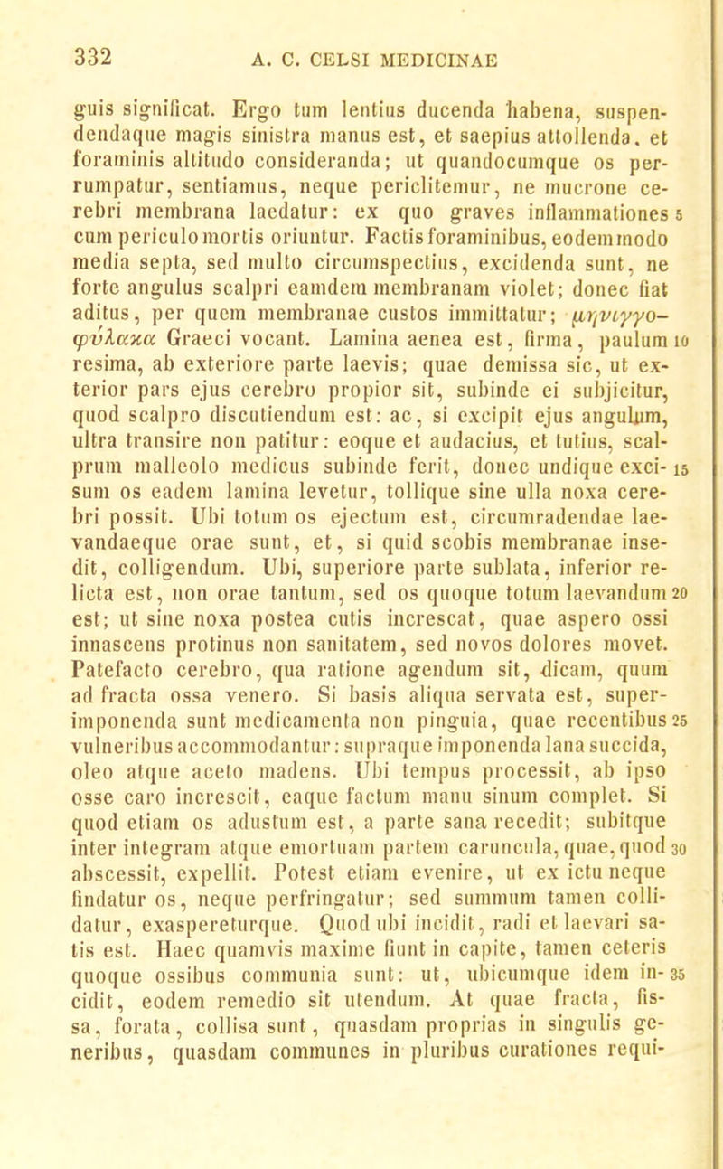 guis signiTicat. Ergo tum leiitius ducenda habena, suspen- deudaque magis sinistra nianus est, et saepius atlollenda. et foraminis allitudo consideranda; ut quandocumque os per- rumpatur, sentiamns, neque periclitemur, ne mucrone ce- rebri membrana laedatur: ex quo graves inllamniationes 5 cum periculoraortis oriuutur. Factisforaminibus, eodemmodo media septa, sed multo circumspectius, excidenda sunt, ne forte angulus scalpri eanulem membranam violet; donec fiat aditus, per qucm membrauae custos immittatur; firjViy-yo- g)vX(xxa Graeci vocant. Lamina aenea est, firma, paulum 10 resima, ab exteriore parte laevis; quae demissa sic, ut ex- terior pars ejus cerebro propior sit, subinde ei subjicitur, quod scalpro discutiendum est: ac, si cxcipit ejus anguUim, ultra transire non patitur: eoque et audacius, et tutius, scal- prum malleolo medicus subinde ferit, donec undique exci-15 sum os eadem lamina levetur, tollique sine ulla noxa cere- bri possit. Ubi totum os ejectum est, circumradendae lae- vandaeque orae sunt, et, si quid scobis membranae inse- dit, colligendum. Ubi, superiore parte sublata, inferior re- licta est, non orae tantuni, sed os quoque totum laevandumao est; ut siue noxa postea cutis iucrescat, quae aspero ossi innasceus protinus uon sanitatem, sed novos dolores movet. Patefacto cerebro, qua ratione agendum sit, dicam, quum ad fracta ossa venero. Si basis aliqua servata est, super- imponenda sunt medicamenta non pinguia, quae recentibus25 vulneribus accomniodantur: supraque imponenda lana succida, oleo atqiie aceto madens. Ubi tempus processit, ab ipso osse caro increscit, eaque factum mauu sinum complet. Si quod etiam os adustum est, a parte sanarecedit; subitque inter integram atque emortnam partem caruncula, quae, quod 30 abscessit, expellit. Potest eliam evenire, ut ex ictu neque findatur os, neque perfringatur; sed summum tameu colli- datur, exaspereturque. Quod ubi incidit, radi et laevari sa- tis est. Haec quamvis maxime fiunt in capite, tamen ceteris quoque ossibus communia sunt: ut, ubicumque idem in-35 cidit, eodem remedio sit utendum. At quae fracta, fis- sa, forata, collisasunt, qnasdam proprias iu singulis ge- neribus, quasdani communes in pluribus curatioues requi-