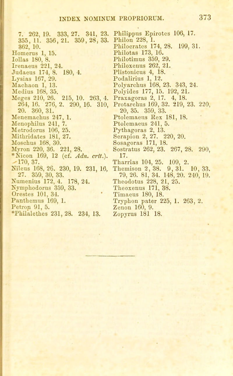 7. 262, 19. 333, 27. 341, 23. 355, 11. 356, 21. 359, 28, 33. 362, 10. Homerus 1, 15. loUas 180, 8. Irenaeus 221, 24. Judaeus 174, 8. 180, 4. Lysias 167, 29. Alachaon 1, 13. Medius 168, 35. Me^es 210, 26. 215, 10. 263, 4. 264, 16. 276, 2. 290, 16. 310, 20. 360, 31. Menemachus 247, 1. Menophilus 241, 7. Metrodorus 106, 25. Mithridates 181, 27. Moschus 168, 30. Myron 220, 36. 221, 28. *Nicon 169, 12 (cf. Adn. crtt.). -170, 37. Nileus 168, 26. 230, 19. 231, 16, 27. 359, 30, 33. Numenius 172, 4. 178, 24. Nymphodorus 359, 33. Orestes 101, 34. Panthemus 169, 1. Petron 91, 5. *Philklethes 231, 2a 234, 13. Philippus Epirotes 106, 17. Philon 228, 1. Philocrates 174, 28. 199, 31. Philotas 173, 16. Philotimus 359, 29. Philoxenus 262, 21. Plistonicus 4, 18. Podalirius 1, 12. Polyarchus 168, 23. 343, 24. Polyides 177, 15. 192, 21. Praxagoras 2, 17. 4, 18. Protarchus 169, 32. 219, 23. 220, 20, 35. 359, 33. Ptolemaeus Rex 181, 18. Ptolemaeus 241, 5. Pythagoras 2, 13. Serapion 2, 27. 220, 20. Sosagoras 171, 18. Sostratus 262, 23. 267, 28. 290, 17. Tharrias 104, 25. 109, 2. Themison 2, 38. 9, 31. 10, 33. 79, 26. 81, 34. 148, 20. 240, 19. Theodotus 228, 21, 25. Theoxenus 171, 38. Timaeus 180, 18. Tryphon pater 225, 1. 263, 2. Zenon 160, 9. Zopyrus 181 18.