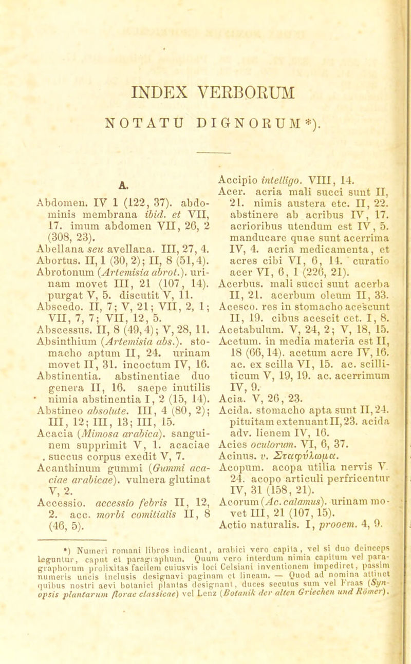 NOTATU DIGN ORUM *). Abdomen, IV 1 (122, 37). abdo- minis membraua ibid. et VII, 17. imum abdomen VII, 20, 2 (308, 23). Abellana seu avellana. III, 27, 4. Abortus. II, I (30, 2); II, 8 (51,4). Abrotonum {Artemisia ahrot.). uri- nam movet III, 21 (107, 14). purgat V, 5. discutit V, 11. Abscedo. II, 7; V, 21; VII, 2, 1; VII, 7, 7; VII, 12, 5. Abscessus. II, 8 (49,4); V, 28, 11. Absiirthium {Artemisia ahs.). sto- maclio aiotum II, 24. urinam movet II, 31. incoctum IV, 16. Abstinentia. abstinentiae duo g^enera II, 16. saepe inutilis • nimia abstinentia I, 2 (15, 14). Abstineo ahsolute. III, 4 (80, 2); III, 12; III, 13; III, 15. Acacia {Mimosa arabica). sangui- nem supprimit V, 1. acaciae . succus corpus exedit V, 7. Acantliinum gummi {Gummi aca- ciae arabicae), vulnera glutinat V,2. Accessio. accessio fehris II, 12, 2. acc. morbi comitialis II, 8 (46, 5). Kccl^io intelligo. VIII, 14. Acer. acria mali succi sunt II, 21. nimis austera etc. II, 22. abstinere ab acribus IV, 17. acrioribus utendum est IV, 5. manducare quae sunt acerrima IV, 4. acria raedicamenta, et acres cibi VI, 6, 14. cnratio acer VI, 6, 1 (226, 21). Acerbus. mali succi sunt acerlia II, 21. acerbum oleum II, 33. Acesco. res in stomacho acescunt II, 19. cibus acescit cet. I, 8. Acetabuhim. V, 24, 2; V, 18, 15. Acetum. in raedia materia est II, 18 (66,14). acetum acre IV, 16, ac. ex scilla VI, 15. ac. scilli- ticum V, 19, 19. ac. acerrimum IV 9. Acia.' V, 26, 23. Acida. stomacho apta sunt II, 24. pituitam extenuant II, 23. acida adv. lienem IV, 16. Acies oculorum. VI, 6, 37. Acinus. r. SzatpvXcoiia. Acopiira. acopa utilia nervis V. 24. acopo articuli perfricentur IV, 31 (158, 21). Acorum {Ac. calamus). urinam mo- vet III, 21 (107, 15). Actio naturalis. I, prooem. 4, 9. •) Numeri romani liljros indicant, arabici vero capila , vel si duo dcinccps leg^unlur, caput et paraffiaplmm. Quuni vero inlerdum nimia capilum vel para- grapliorum prolixitas facilem cuiusvis loci Cclsiani inventioncni impcdiret, passim numeris uncis inclusis desig-navi pag-inam et lineam. — Quod ad nomjna alliiiet «luilms nostri aevi bolanici plantas (lcslgnanl, duces secutus sum vel Fraas (Si/;i- opsis plantarum florac ciassicae) vel Lcnz (Bolanik dci- altcn Griechcn und Romer).