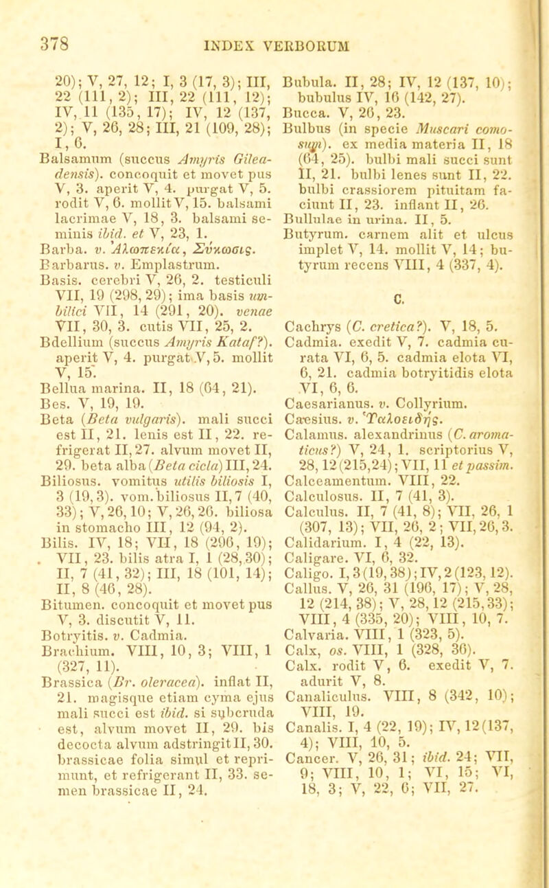 20); V, 27, 12; 1,3(17, 3); III, 22 (111, 2); III, 22 (111, 12); IV, 11 (135, 17); IV, 12 (137, 2); V, 26, 28; III, 21 (109, 28); I, 6. Balsamnm (succiis Amyris Gilea- densis). concoquit et movet pus V, 3. aperit V, 4. puigat V, 5. rodit V, 6. moUitV, 15. balsami lacrimae V, 18, 3. balsami se- miuis ihid. et V, 23, 1. Barba. v. Alcone-uca, Svncoatg. Eai-barus. v. Emplastrum. Basis. cerebri V, 26, 2. testiculi VII, 19 (298, 29); ima basis inn- hilici VII, 1-1 (291, 20). venae VII, 30, 3. cutis VII, 25, 2. Bdellium (succus Amyris Kataf?). aperit V, 4. purgat V, 5. mollit V, 15. Bellua marina. II, 18 (G4, 21). Bes. V, 19, 19. Beta [Bcta vidgaris). mali succi est II, 21. lenis est II, 22. re- frigerat 11,27. alvum movet II, 29. beta alba {Beta cicla) III, 24. Biliosus. vomitus utilis hiliosis I, 3 (19,3). vom.biliosus 11,7 (40, 33); V, 26,10; V, 26,26. biliosa in stomacho III, 12 (94, 2). Bilis. IV, 18; VII, 18 (296, 19); . VII, 23. bilis atra I, 1 (28, 30); II, 7 (41, 32); III, 18 (101, 14); II, 8 (46, 28). Bitumen. concoquit ct movetpus V, 3. discutit V, 11. Botryitis. v. Cadmia. Brachium. VIII, 10, 3; VIII, 1 (327, 11). Brassica (Z>V. oleracea). inflat II, 21. ma^isque etiam cyma ejus mali Rucci est ibid. si siibcruda est, alvum movet II, 29. bis decocta alvum adstringitll, 30. brassicae folia simvil et repri- munt, et refrigerant II, 33. se- men brassicae II, 24. Bubula. II, 28; IV, 12 (137, 10;; bubulus IV, 16 (142, 27). Bucca. V, 26, 23. Bulbus (in specie Muscari como- suj/i). ex media materia II, 18 (64, 25). bulbi mali succi sunt II, 21. bulbi lenes sunt II, 22. bulbi crassiorem pituitam fa- ciunt II, 23. inflant II, 26. BllUulae in iirina. II, 5. Butyrum. carnem alit et ulcus implet V, 14. mollit V, 14; bu- tyrum recens VIII, 4 (337, 4). C. Cachrys {C. cretica?). V, 18, 5. Cadmia. exedit V, 7. cadmia cu- rata VI, 6, 5. cadmia elota VI, 6, 21. cadmia botryitidis elota .VI, 6, 6. Caesarianus. v. Collyrium. Ca-esius. v. 'T(xXoetSj]g. Calamus. alexandrinus {C.aroma- ticus?) V, 24, 1. scriptorius V, 28,12(215,24); VII, 11 etpassim. Calceamentum. VIII, 22. Calculosus. II, 7 (41, 3). Calculus. II, 7 (41, 8); Yll, 26, 1 (307, 13); VII, 26, 2; VII, 26,3. Calidarium. I, 4 (22, 13). Caligare. VI, 6, 32. Caligo. 1,3 (19,38j; IV, 2 (123,12). Callus. V, 26, 31 (196, 17); V, 28, 12 (214, 38); V, 28,12 (215,33); VIII, 4 (335, 20); VIII, 10, 7. Calvaria. VIII, 1 (323, 5). Calx, os. VIII, 1 (328, 36). Calx. rodit V, 6. exedit V, 7. adurit V, 8. Canaliculus. VIII, 8 (342, 10); VIII, 19. Canalis. I, 4 (22, 19); IV, 12(137, 4); VIII, 10, 5. Cancer. V, 26, 31; ibid. 24; Yll, 9; VIII, 10, 1; VI, 15; VI, 18, 3; V, 22, 6; VII, 27.