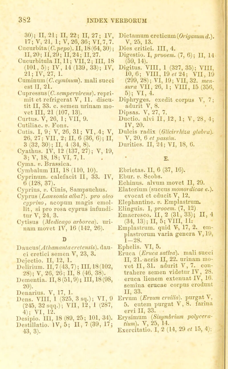 30); II, 21; II, 22; II, 27; IV, 17; V, 21, 1; V, 26, 36; VI, 7,7. GncvLvhiU {C.pepo). II, 18(64,30); 11,20; 11,29; 11,24; 11,27. Cucurbitulca 11,11; VII,2; III, 18 (101, 5); IV, 14 (139, 33); IV, 21;IV, 27, 1. Cuminnm {C.cyjiiinum). mali succi est II, 21. Cupressus (C. sempervireiis). repri- mit et refrigerat V, 11. discu- tit II, 33. c. semen urinam mo- vet III, 21 (107, 13). Curtus. V, 26, 1; VII, 9, Cutiliae. v. Fons. Cutis. I, 9; V, 26, 31; VI, 4; V, 26, 27; VII, 2; II, 6 (36, 6); II, 3 (32, 30); II, 4 (34, 8). Cyathus. IV, 12 (137, 27); V, 19, 3; V, 18, 18; VI, 7,1. Cyma. v. Brassica. Cymbalum III, 18 (110, 10). Cyprinum. calefacit II, 33. IV, 6 (128, 37). Cyprius. v. Cinis, Sampsuchus. Cy\irvis {Lawsonia alba?). pro oleo cyprino, acopum magis emol- lit, si pro rosa cyprus infuudi- tur V, 24, 3. Cytisus {Medicago arhorea). uri- nam movet IV, 16 (142, 26). D Y)&\i.cViS{Alhamanlacrclensis). dau- ci cretici semen V, 23, 3. Dejectio. II, 12, 1. Delirium. II, 7 (43,7); III, 18 (102, 28); V, 20, 26; II, 8 (46, 38). Dementia. II, 8 (51,9); IH, 18 (98, 20). Denarius. V, 17, 1. Dens. VIII, 1 (325, 3sq.); VI, 9 (245, 32sqq.); VII, 12, 1 (287, 4); VI, 12. Desipio. m, 18 (89, 25; 101, 34). Destillatio. IV, 5; II, 7 (39, 17; 43, 3). Dictamum creticum {Origanum d.). V, 25, 13. Dies critici. III, 4. Digestio. l, prooem. (7, 6); II, 14 (59, 14). Digitus. VIII, 1 (327, 35); VIII, 10,6; VIII, 19er24; VII, 19 (299, 28); VI, 19; VII, 32. men- sura VII, 26, 1; Vm, 15 (356, 5); VI, 4. Diphryges. exedit corpus V, 7; adurit V, 8. Dipsas. V, 27, 7. Ductio. alvi II, 12, 1; V, 28, 4; IV, 20. Dulcis radix {Glicirrhiza glabra). V, 20, 6 et passiin. Durities. II, 24; VI, 18, 6. E. Ebrietas. II, 6 (37, 16). Ebur. V. Scobs. Echinus. alvum movet II, 29. Elaterium (succus momoi dicae e.). evocat et educit V, 12. Elephantine. v. Emplastrum. Elinguis. I, prooem. (7, 12) Emacresco. II, 2 (31, 33); n, 4 (34, 13); II, 5; VIII, 11: Emplastrum. quid V, 17, 2, em- plastrorum varia genera V, 19, 1-28. Ephelis. VI, 5. Eruca {Eruca sativa). mali succi II, 21. acris II, 22. urinam mo- vet II, 31. adurit V, 7. con- trahere semen videturlV, 28. eruca lieuem extenuat IV, 16. semina erucae corpus eroduut II, 33. Ervum {Ervum ervilia). purgat V, 5. cutem purgat V, 8. farina ervi II, 33. Erysimum {Sisymbrium polyccra- tium). V, 25, 14.