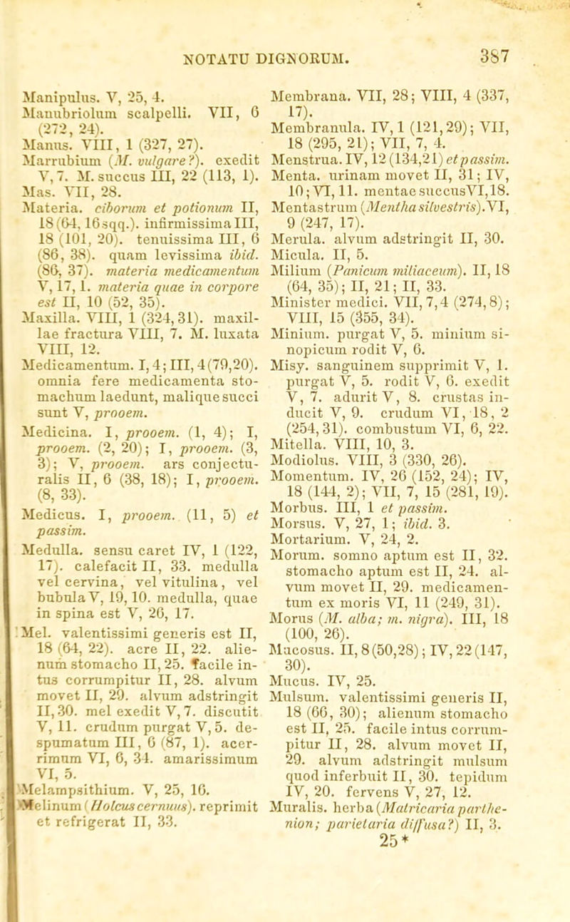 Manipulus. V, 25, 4. Mamibriolum scalpelli. VII, 6 (272, 24). Manus. Ylll, 1 (327, 27). MaiTubium (.)/. vidgare?). exedit V,7. M.succus m, 22 (113, 1). Mas. VII, 28. Materia. cihormn et potionum II, 18(04,16 sqq.). infirmissima III, 18 (101, 20). tenuissima HI, 6 (86, 38). quam levissima ibid. (86, 37). viateria medicamentum V, l7,1. materia quae iii corpore est n, 10 (52, 35). MaxiUa. VIU, 1 (324, 31). maxil- lae fractura VIII, 7. M. luxata VIII, 12. Medicamentum. 1,4 ;m, 4(79,20). omnia fere medicamenta sto- machum laedunt, maliquesucci sunt V, prooem. Medicina. I, prooem. (1, 4); I, prooem. (2, 20); I, prooem. (3, 3); V, prooem. ars conjectu- ralis II, 6 (.38, 18); I, ■prooem. (8, 33). Medicus. I, prooem. (11, 5) et passim. Medulla. sensu caret IV, 1 (122, 17j. calefacit II, 33. medulla vel cervina, vel vituliua , vel bubulaV, 19,10. medulla, quae in spina est V, 26, 17. Mel. valentissimi generis est II, 18 (64, 22). acre II, 22. alie- num stomacho II, 25. facile in- tus corrumpitur II, 28. alvum movet II, 29. alviim adstringit 11,30. mel exeditV, 7. discutit V, 11. crudum purgat V, 5. de- spumatum III, 0 (87, 1). acer- rimum VI, 6, 34. amarissimum VI, 5. 'Melampsithium. V, 25, 16. )MeIinum (llolcuscernuus). reprimit et refrigerat II, 33. Membrana. VII, 28; VIII, 4 (337, 17). Membranula. IV, 1 (121,29); VII, 18 (295, 21); VII, 7, 4. Menstrua. IV, 12 (134,21) etpassim. Menta. urinam niovet II, 31; IV, 10; VI, 11. mentaesuccusVI,18. Mentastrum {Mentha silvestris).YI, 9 (247, 17). Merula. alvum adstringit II, 30. Micula. II, 6. Milium {Panicum miliaceum). II, 18 (64, 35); II, 21; II, 33. Minister medici. VII, 7,4 (274,8); VIII, 15 (355, 34). Minium. purgat V, 5. minium si- nopicum rodit V, 6. Misy. sanguinem supprimit V, 1. purgat V, 5. rodit V, 6. exedit V, 7. aduritV, 8. crustas in- ducit V, 9. crudum VI, 18, 2 (254,31). combustum VI, 6, 22. Mitella. VIII, 10, 3. Modiolus. VIII, 3 (330, 26). Momentum. IV, 26 (152, 24); IV, 18 (144, 2); VII, 7, 15 (281, 19). Morbus. III, 1 et passim. Morsus. V, 27, 1; ihid. 3. Mortarium. V, 24, 2. Morum. somno aptum est II, 32. stomacho aptum est II, 24. al- vum movet II, 29. medicamen- tum ex moris VI, 11 (249, 31). Morus {M. alha; m. nigra), III, 18 (100, 26). Macosus. II, 8 (50,28); IV, 22 (147, 30). Mucus. IV, 25. Mulsum. valentissimi generis II, 18 (66, 30); alienum stomacho est II, 25. facile intus corrum- pitur II, 28. alvum movet II, 29. alvum adstringit mulsum quod inferbuit II, 30. tepidum IV, 20. fervens V, 27, 12. Muralis. hcrha.{Malricaria parilte- nion; parielaria di/fusa?) II, 3. 25*