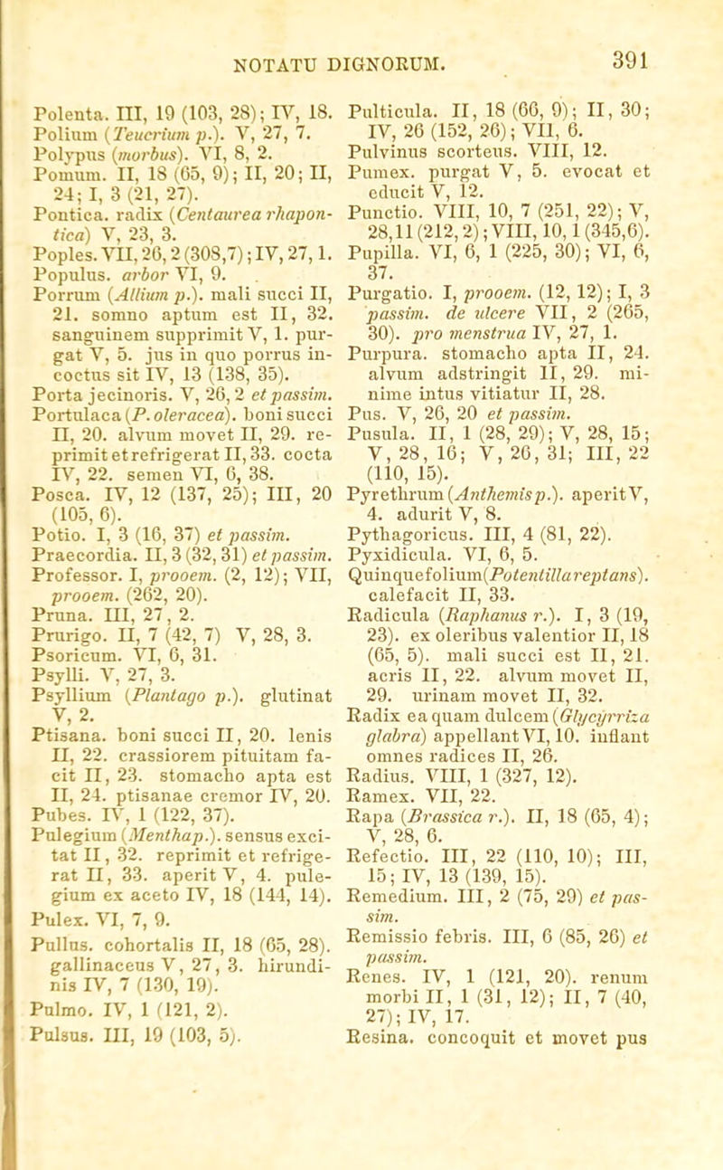 Polenta. III, 19 (103, 28); IV, 18. Poliuin {Teucrium p.). V, 27, 7. Polypus {morbus). VI, 8, 2. Pomum. II, 18 (65, 9); II, 20; II, 24;I, 3(21, 27). Pontica. raclLx; {Centaurea rliapon- tica) V, 23, 3. Poples. Vn, 20,2 (308,7); IV, 27,1. Populus. arbor VI, 9. Porrum {Allium p.). mali succi II, 21. somno aptum est II, 32. sanguinem supprimit V, 1. pur- gat V, 5. jus in quo porrus in- coetus sit IV, 13 (138, 35). Porta jecinoris. V, 26, 2 et passim. Portulaca {P. oleracea). boni succi n, 20. alvum movet II, 29. re- primit etrefrigerat II, 33. cocta IV, 22. semen VI, 6, 38. Posca. IV, 12 (137, 25); III, 20 (105, 6). Potio. I, 3 (16, 37) et passim. Praecordia. II, 3 (32, 31) et passim. Professor. I, prooem. (2, 12); VII, prooem. (262, 20). Pruna. HI, 27, 2. Prurigo. II, 7 (42, 7) V, 28, 3. Psorieum. VI, 6, 31. PsyUi. V, 27, 3. Psyllium {Plantago p.). glutinat V, 2. Ptisana. boni succi II, 20. lenis II, 22. crassiorem pituitam fa- cit n, 23. stomacho apta est II, 24. ptisanae cremor IV, 20. Pubes. IV, 1 (122, 37). Pul egium {Menthap.). sensus exci- tat II, 32. reprimit et refrige- rat II, 33. aperit V, 4. pule- gium ex aceto IV, 18 (144, 14). Pulex. VI, 7, 9. Pullus. cohortalis II, 18 (6.5, 28). gallinaceus V, 27, 3. hirundi- nis IV, 7 (1.30, 19). Pulmo. IV, 1 (121, 2). Pulsus. m, 19 (103, 5). Pulticula. II, 18 (66, 9); II, 30; IV, 26 (152, 26); VII, 6. Pulvinus scorteus. VIII, 12. Pumex. purgat V, 5. evocat et cducit V, 12. Punctio. VIII, 10, 7 (251, 22); V, 28,11 (212,2); VIII, 10,1 (345,6). Pupilla. VI, 6, 1 (225, 30); VI, 6, 37. Purgatio. I, pi^ooem. (12,12); I, 3 jyassim. de ulcere VII, 2 (265, 30). j)ro menstrua IV, 27, 1. Purpura. stomacho apta II, 24. alvum adstringit II, 29. rai- nime intus vitiatur II, 28. Pus. V, 26, 20 et passim. Pusula. II, 1 (28, 29); V, 28, 15; V, 28, 16; V, 26, 31; III, 22 (110, 15). Pyrethrum {Anthemisp.). aperitV, 4. adurit V, 8. Pythagoricus. III, 4 (81, 22). Pyxidicula. VI, 6, 5. (^m-aqMQio\\\\m{PotentiUareptans). calefacit II, 33. Eadicula {Raphaniis r.). I, 3 (19, 23). ex oleribus valentior II, 18 (65, 5). mali succi est II, 21. acris II, 22. alvum movet II, 29. urinam movet II, 32. Eadix eaquam AwlcQm {Glt/cyrriza glabra) appellant VI, 10. iuflant omnes radices II, 26. Radius. VIII, 1 (327, 12). Eamex. VII, 22. Eapa {Brassica r.). II, 18 (65, 4); V, 28, 6. Refectio. III, 22 (110, 10); III, 15; IV, 13 (139, 15). Eemedium. III, 2 (75, 29) et pas- sim. Eemissio febris. III, 6 (85, 26) et passim. Eenes. IV, 1 (121, 20). renum morbi II, 1 (31, 12); II, 7 (40, 27); IV, 17. Eesina. concoquit et movet pus