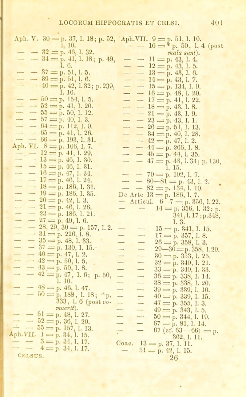 Aph. V. 30 = p. 37, 1. 18; p. 52, Aph.VII. 9 = p. 51, 1. 10. 1.10. — — 10 = *p. 50, 1. 4 (post — — 32 = p. 46, 1. 32. mala sunt), — — 34=:p. 41, 1. 18; p. 49, — — 11 = p, 43, 1. 4. 1. 0. — — 12 = p. 43, ]. 5. — — 37 = p. 51, 1. 5. — — 13 = p. 43, 1. G. — — 39 = p. 51, 1. 6. _ _ 14 = p. 43^ i. 7. — _ 40 = p. 42, 1.32; p. 239, — _ 15 = p. 134, 1. 9. 1. 16. _ _ 1(3 = p. 48, 1. 20. _ — 50 = p. 154, 1. 5. _ _ 17 p. 41, 1. 22. _ — 52 = p. 41, I. 20. _ _ 18 = p. 43, 1. 8. — — 55 = p. 50, 1. 12. _ _ 21 = p. 43, 1. 9. — — 57 = p. 40, I. 3. — — 23 = p. 43, 1.1. — — 64 = p. 112, 1. 9. — — 26 = p. 51, 1. 13. — — 65 = p. 41, 1. 26. _ _ 34 = p. 40 1. 28. _ 66 = p. 193, 1. 31. _ _ 42 = p. 47, ]. 2. Aph. VI. 8 = p. 106, 1. 7. _ _ 44 p. 266, I. 8. — — 12 = p. 41, 1. 29, _ _ 45 p. 44, 1. 35, _ _ 13 = p. 46, 1. 30. _ _ 47 p. 48 ]. oj j _ _ 15 = p. 46, 1. 31. \_ 1.5. — — 16 = p. 47, 1. 34. — — 70 = p. 102, 1. 7. _ _ 17 = p. 46, 1. 24. _ — 80—81 = p. 43, 1. 2. 18 = p. 186, 1. 31. _ _ 82 = p. 134, 1. 10. — ~ 19 = P- 186, 1. 35. De Arte 13 = p. 186, 1. 7. — — 20 = p. 42, 1. 3. — Articul. 6—7 = p. 350, 1.22. _ _ 21 = p. 46, 1. 26. _ _ 14 = p. 356, I. 32; p. 23 = p. 186,1. 21. 341,1. i7;p.348, 27 = p. 49, 1.6. 1. 3. — - 28, 29, 30 = p. 157, 1. 2. _ - 15 = p. 341, 1. 15. 31 = p. 226, 1. 8. _ _ 17 = p. 357 1. 8. 35 = p. 48, 1. 33. _ _ 26 = p. 358, 1. 3. — - 3 -=:p. 1.30, 1. 15. _ _ 29—30 = p. 358, 1.29. _ — 40 = p. 47,1. 2. _ _ 30 =: p. 353, 1. 2h. — — -12 = p. 50, 1. 5. _ _ 32 = p. 340, I. 21. — — 43 = p. 50, 1. 8. _ _ 33 p. 340 1. 33. 42 = p.47, 1. 6; p. 50, - _ 36 = p. 338, 1. 14. 1- 10- — - 38 = p. 338, 1. 20. 48 = p. 46 1. 47. _ _ 39 = t. 339 I. 10. = - - 40 = 339; 1. 15. 333, 1. 6 (post vo- _ — 47 = p. 355, 1. 3. '^''K, — - 49 = p. 343, 1. 5. ?^ = P- • - _ 50 = 344 I. 19. 02 = p. 36 1 20 _ _ G7 = J. 81, 1. 14. — ~ ''•^ = P- If. 1- 13. - - 67 (cf. 63 - 66) = p. Aph.ML l = p.34, .1.,. 362,1.11. ^ — — 3 = p. 34, 1.17. Coac. 13 = p. 37, 1. 11. 4 = p. 31,1. 17. _ 51 = J.42 1. 15. CELSUS. 26