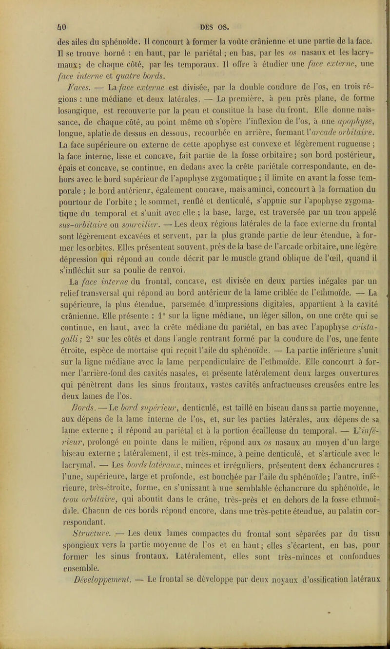 des ailes du sphénoïde. 11 concourt à former la voûte crânienne et une parlie de la face. Il se trouve borné : en haut, par le pariétal ; en bas, par les os nasaux et les lacry- maux; de chaque côté, par les temporaux. Il offre à étudier une face externe, une face interne et quatre bords. Faces. — La face externe est divisée, par la double coudure de Tos, en trois ré- gions : une médiane et deux latérales. — La première, à peu près plane, de forme losangique, est recouverte par la peau et constitue la base du front. Elle donne nais- sance, de chaque côté, au point même oiî s'opère l'inflexion de l'os, à une apophyse, longue, aplatie de dessus en dessous, recourbée en arrière, formant Y arcade orbitaire. La face supérieure ou externe de cette apophyse est convexe et légèrement rugueuse ; la face interne, lisse et concave, fait partie de la fosse orbitaire; son bord postérieur, épais et concave, se continue, en dedans avec la crête pariétale correspondante, en de- hors avec le bord supérieur de l'apophyse zygomatique ; il limite en avant la fosse tem- porale ; le bord antérieur, également concave, mais aminci, concourt à la formation du pourtour de l'orbite ; le sommet, renflé et denticulé, s'appuie sur l'apophyse zygoma- tique du temporal et s'unit avec elle ; la base, large, est traversée par un trou appelé sus-orbitaire ou sourciller. —Les deux régions latérales de la face externe du frontal sont légèrement excavées et servent, par la plus grande partie de leur étendue, à for- mer les orbites. Elles présentent souvent, près de la base de l'arcade orbitaire, une légère dépression qui répond au coude décrit par le muscle grand oblique de l'œil, quand il s'infléchit sur sa poulie de renvoi. La face interne du frontal, concave, est divisée en deux parties inégales par un relief transversal qui répond au bord antérieur de la lame criblée de l'ethmoïde. — La supérieure, la plus étendue, parsemée d'impressions digitales, appartient à la cavité crânienne. Elle présente : 1 sur la ligue médiane, un léger sillon, ou une crête qui se continue, en haut, avec la crête médiane du pariétal, en bas avec l'apophyse crista- galli; T sur les côtés et dans l'angle rentrant formé par la coudure de l'os, une fente étroite, espèce de mortaise qui reçoit l'aile du sphénoïde. — La partie inférieure s'unit sur la ligne médiane avec la lame jjerpendiculaire de l'ethmoïde. Elle concourt à for- mer l'arrière-fond des cavités nasales, et présente latéralement deux larges ouvertures qui pénètrent dans les sinus frontaux, vastes cavités anfractueuses creusées entre les deux laines de l'os. Bords. — Le bo7'd supérieur, denticulé, est taillé en biseau dans sa partie moyenne, aux dépens de la lame interne de l'os, et, sur les parties latérales, aux dépens de sa lame externe ; il répond au pariétal et à la portion écailleuse du temporal. — Vinfé- rieur, prolongé en pointe dans le milieu, répond aux os nasaux au moyen d'un large biseau externe ; latéralement, il est très-mince, à peine denticulé, et s'articule avec le lacrymal. — Les bords latéraux, minces et irréguliers, présentent deux échancrures : l'une, supérieure, large et profonde, est bouchée par l'aile du sphénoïde; l'autre, infé- rieure, très-étroite, forme, en s'unissant à une semblable échancrure du sphénoïde, le trou orbitaire, qui aboutit dans le crâne, très-près et en dehors de la fosse ethmoï- dale. Chacini de ces bords répond encore, dans une très-petite étendue, au palatin cor- respondant. St7'ucture. — Les deux lames compactes du frontal sont séparées par du tissu spongieux vers la partie moyenne de l'os et en haut; elles s'écartent, en bas, pour former les sinus frontaux. Latéralement, elles sont très-minces et confondues ensemble. Développement. — Le frontal se développe par deux noyaux d'ossification latéraux