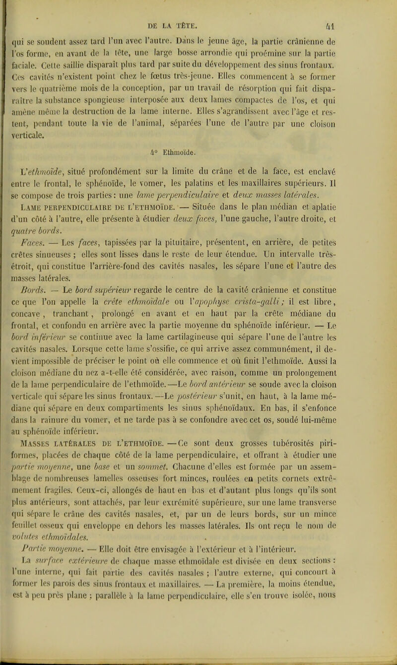 qui se soudent assez tard l'un avec l'autre. Dans le jeune âge, la partie crânienne de l'os forme, en avant de la lOte, une large bosse arrondie qni proérnine sur la partie faciale. Celle saillie disparaît plus lard par suite du développement des sinus frontaux. Ces cavités n'existent point chez le fœlus trùs-jcune. Elles conmiencciit à se former vers le quatrième mois de la conception, par un travail de résorption qui fait dispa- r;iître la substance spongieuse interposée aux deux lames compactes de l'os, et qui amène même la destruction de la lame interne. Elles s'agrandissent avec l'âge et res- tent, pendant toute la vie de l'animal, séparées l'une de l'autre par une cloison verticale. 4° Ethmoïde. Vethmoîde, situé profondément sur la limite du crâne et de la face, est enclavé entre le frontal, le sphénoïde, le vomer, les palatins et les maxillaires supérieurs. Il se compose de trois parties: une lame perpendiculaire et deux musses latérales. Lame perpendiculaire de l'ethmoïde. — Située dans le plan médian et aplatie d'un côté à l'autre, elle présente à étudier deux faces, l'une gauche, l'autre droite, et quatre bords. Faces. — Les faces, tapissées par la pituitaire, présentent, en arrière, de petites crêtes sinueuses ; elles sont lisses dans le reste de leur étendue. Un intervalle très- étroit, qui constitue l'arrière-fond des cavités nasales, les sépare l'une et l'autre des masses latérales. Bords. — Le bord supérieur regarde le centre de la cavité crânienne et constitue ce que l'on appelle la crête ethmoïdale ou Vapophyse crista-galli; il est libre, concave, tranchant, prolongé en avant et en haut par la crête médiane du frontal, et confondu en arrière avec la partie moyenne du sphénoïde inférieur. — Le bord inférieur se continue avec la lame cartilagineuse qui sépare l'une de l'autre les cavités nasales. Lorsque cette lame s'ossifie, ce qui arrive assez communément, il de- vient impossible de préciser le point où elle commence et où finit l'ethmoïde. Aussi la cloison médiane du nez a-t-elle été considérée, avec raison, comme un prolongement de la lame perpendiculaire de l'ethmoïde.—Le bord antérieur se soude avec la cloison verticale qui sépare les sinus frontaux. —Le jjostérieur s'unit, en haut, à la lame mé- diane qui sépare en deux compartiments les sinus sphénoïdaux. En bas, il s'enfonce dans la rainure du vomer, et ne tarde pas à se confondre avec cet os, soudé lui-même au sphénoïde inférieur. Masses latérales de l'ethmoïde. —Ce sont deux grosses tubérosités piri- formes, placées de chaque côté de la lame perpendiculaire, et offrant à étudier une partie moyenne, une base et un sommet. Chacune d'elles est formée par un assem- blage de nombreuses lamelles osseuses fort minces, roulées en petits cornets extrê- mement fragiles. Ceux-ci, allongés de haut en bas et d'autant plus longs qu'ils sont plus antérieurs, sont attachés, par leur extrémité supérieure, sur une lame transverse qni sépare le crâne des cavités nasales, et, par un de leurs bords, sur un mince feuillet osseux qui enveloppe en dehors les masses latérales. Ils ont reçu le nom de volutes etimoidales. Partie moyenne. — Elle doit être envisagée à l'extérieur et à l'intéricnr. La surface extérieure de chaque masse ethmoïdale est divisée en deux sections : l'une interne, qui fait partie des cavités nasales ; l'autre externe, qui concourt ;i former les parois des sinus frontaux et maxillaires. — La première, la moins étendue, est h peu près plane .: parallèle à la lame perpendiculaire, elle s'en trouve isolée, nous