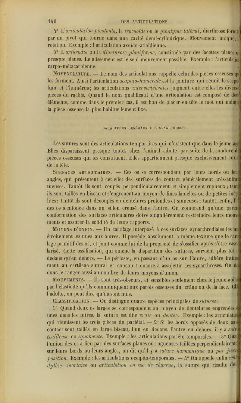 U° Varticulation pivotante, la trochoïde ou le ginr/hjme latéral, diarllirosc formé par un pivot qui tourne dans une cavité dcnii-cylindrique. Mouvement unique, ' rotation. Exemple : l'arliculalion axoïdo-atloïdienne. j 5° Varlhrodie ou la diartlirose planiforme, constituée par des facettes planes o presque planes. Le glissement est le seul mouvement possible. Exemple : l'articulatio carpo-métacarpienne. ^ Nomenclature. — Le nom des articulations rappelle celui des pièces osseuses q» les forment. Ainsi l'articulation scapulo-humérale est la jointure qui réunit le scapu lum et l'humérus; les articulations intervertébrales joignent entre elles les diverse pièces du rachis. Quand le nom qualificatif d'une articulation est composé de der» éléments, comme dans le premier cas, il est bon de placer en tête le mot ([ui indiqi j la pièce osseuse la plus liabiluellement fixe. CARACTÈRES GÉNÉRAUX DES SYNARTHROSES. Les sutures sont des articulations temporaires qui n'existent que dans le jeune âi; Elles disparaissent presque toutes chez l'animal adulte, par suite de la soudure > pièces osseuses qui les constituent. Elles appartiennent presque exclusivement aux de la tête. Surfaces articulaires. — Ces os se correspondent par leurs bords ou Ici angles, qui présentent à cet effet des surfaces de contact généralement très-anfr;i tueuses. Tantôt ils sont coupés perpendiculairement et simplement rugueux ; tai ils sont taillés en biseau et s'engrènent au moyen de fines lamelles ou de petites inr: lilés; tantôt ils sont découpés en dentelures profondes et sinueuses; tantôt, enfin, 1 des os s'enfonce dans un sillon creusé dans l'autre. On comprend qu'une parei i conformation des surfaces articulaires doive singulièrement restreindre leurs mou\ i ments et assurer la solidité de leurs rapports. Moyens d'union. — Un cartilage interposé à ces surfaces synarthrodiales les ul étroitement les unes aux autres. Il possède absolument la même texture que le car lage primitif des os, et jouit comme lui de la propriété de s'ossifier après s'être vase- larisé. Cette ossification, qui amène la disparition des sutures, survient plus tôt dedans qu'en dehors. — Le périoste, en passant d'un os sur l'autre, adhère intimi ment au cartilage suturai et concourt encore à assujettir les synarthroses. On de donc le ranger aussi au nombre de leurs moyens d'union. Mouvements. —Ils sont très-obscurs, et sensibles seulement chez le jeune anini par l'élasticité qu'ils communiquent aux parois osseuses du crâne ou de la face. Cl l'adulte, on peut dire qu'ils sont nuls. Classification. — On distingue quatre espèces principales de sutures: i° Quand deux os larges se correspondent au moyen de dentelures engrenées- unes dans les autres, la suture est dite vraie ou dentée. Exemple : les articulalio qui réunissent les trois pièces du pariétal. — 2° Si les bords opposés de deux os^ contact sont taillés en large biseau^ l'un en dedans, l'autre en dehors, il y a sutw écailleusc ou squameuse. Exemple : les articulations pariéto-temporalcs. — 3 Qua l'union des os a lieu par des surfaces planes ou rugueuses taillées perpendiculairerar sur leurs bords ou leurs angles, on dit qu'il y a suture harmonique ou par juxt position. Exemple ; les articulations occipito-temporales. — h° On appelle enfin sch dylèse, mortaise ou articulation en soc de charrue, la suture qui résulte de