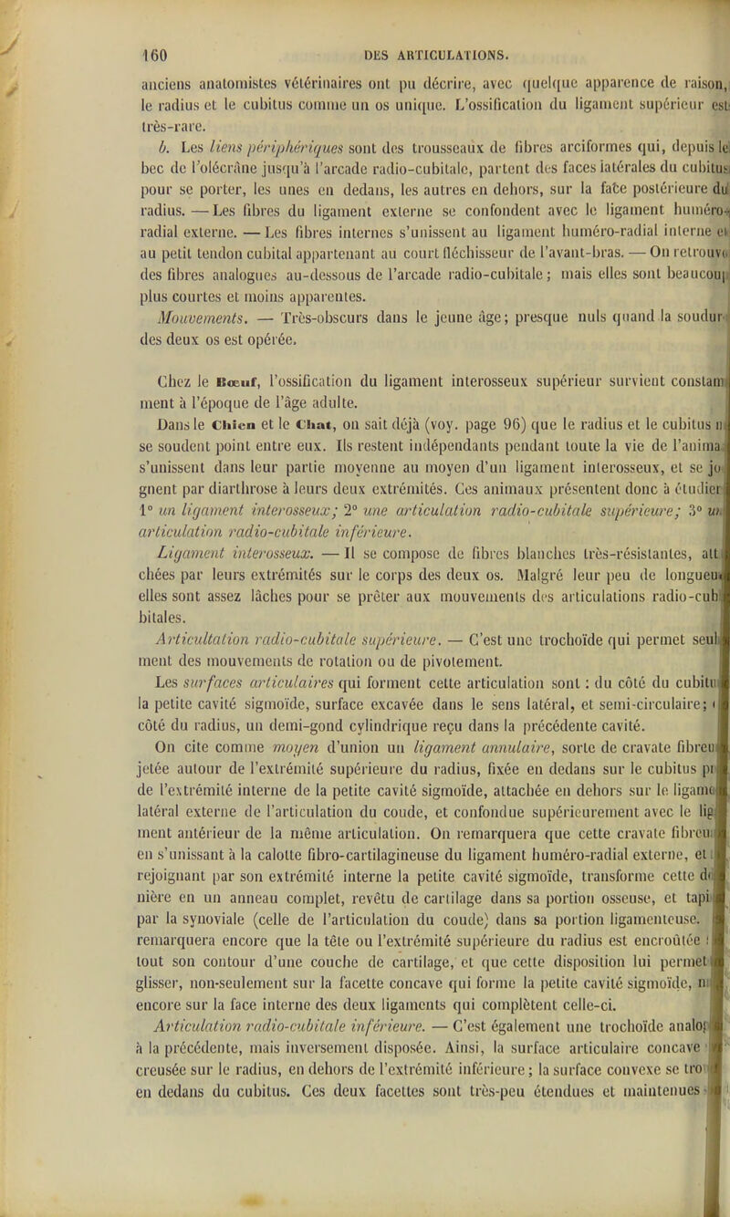 anciens analomistes vétérinaires ont pu décrire, avec ([uelquc apparence de raison, le radius et le cubitus coinine un os unicpie. L'ossification du ligament supérieur esb très-rare. b. Les liens périphériques sont des trousseaux de fibres arciformes qui, depuis Ici bec de l'olécràne jusqu'à l'arcade radio-cubitale, partent des faces latérales du cubitusi pour se porter, les unes en dedans, les autres en dehors, sur la fate postérieure du radius.—Les fibres du ligament externe se confondent avec le ligament huinéro-^ radial externe. —Les fibres internes s'unissent au ligament Imméro-radial interne cki au petit tendon cubital appartenant au court fléchisseur de l'avant-bras. — On retrouvai des fibres analogues au-dessous de l'arcade radio-cubitale; mais elles sont beaucoup plus courtes et moins apparentes. i Mouvements. — Très-obscurs dans le jeune âge; presque nuls quand la soudur-i des deux os est opérée. Chez le Bœuf, l'ossification du ligament interosseux supérieur survient constam ment à l'époque de l'âge adulte. Dans le chicn et le Chat, on sait déjà (voy. page 96) que le radius et le cubitus iii se soudent point entre eux. Ils restent indépendants pendant toute la vie de l'anima s'unissent dans leur partie moyenne au moyen d'un ligament inlerosseux, et se jo gnent par diarthrose à leurs deux extrémités. Ces animaux présentent donc à étudier 1° un ligament interosseux ; 1° une articulation radio-cubitale supérieure; .'i ui articulation i^adio-cubitale inférieure. \ Ligament interosseux. — Il se compose de fibres blanches très-résistantes, att.1 chées par leurs extrémités sur le corps des deux os. Malgré leur peu de longueuJ elles sont assez lâches pour se prêter aux mouvements des articulations radio-cubB bitales. I Articultation radio-cubitale supérieure. — C'est une trochoïde qui permet seuM ment des mouvements de rotation ou de pivotement. I Les surfaces articulai)'es qui forment cette articulation sont : du côté du cubitn« la petite cavité sigmoïde, surface excavée dans le sens latéral, et semi-circulaire; (I côté du radius, un demi-gond cylindrique reçu dans la précédente cavité. I On cite comme moyen d'union un ligament annulaire, sorte de cravate fibreuM jetée autour de l'extrémité supérieure du radius, fixée en dedans sur le cubitus pim de l'extrémité interne de la petite cavité sigmoïde, attachée en dehors sur le liganiûB latéral externe de l'articulation du coude, et confondue supérieurement avec le ligl ment antérieur de la même articulation. On remarquera que cette cravate fibreum en s'unissant à la calotte fibro-cartilagineuse du ligament huméro-radial externe, etij rejoignant par son extrémité interne la petite cavité sigmoïde, transforme cette dtil nière en un anneau complet, revêtu de cartilage dans sa portion osseuse, et tapi)B , par la synoviale (celle de l'articulation du coude) dans sa portion ligamenteuse. I remarquera encore que la tête ou l'extrémité supérieui'e du radius est encroûtée iB^ tout son contour d'une couche de cartilage, et que cette disposition lui permet)»^ glisseï', non-seulement sur la facette concave qui forme la petite cavité sigmoïde, ni encore sur la face interne des deux ligaments qui complètent celle-ci. Articulation radio-cubitale inférieure. — C'est également une trochoïde analopH.'' à la précédente, mais inversement disposée. Ainsi, la surface articulaire concave'H^ creusée sur le radius, en dehors de l'extrémité inférieure; la surface convexe se tro« en dedans du cubitus. Ces deux facettes sont très-peu étendues et maintenues »■ i