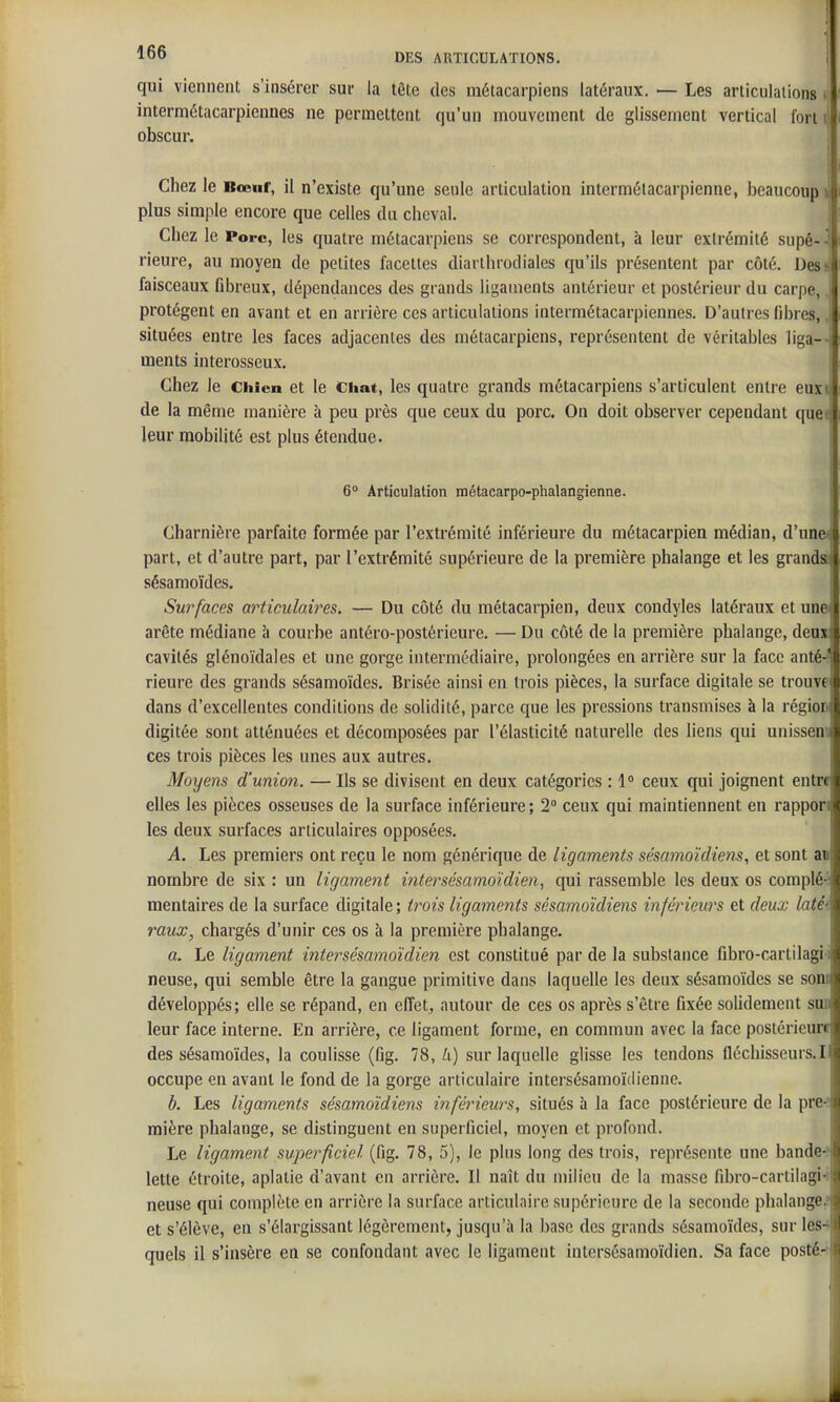 qui viennent s'insérer sur la tête des métacarpiens latéraux. — Les articulations v intermétacarpiennes ne permettent qu'un mouvement de glissement vertical fort ij obscur. Chez le Bœnf, il n'existe qu'une seule articulation intermélacarpienne, beaucoup i plus simple encore que celles du cheval. Chez le Porc, les quatre métacarpiens se correspondent, à leur extrémité supé- rieure, au moyen de petites facettes diarlhrodiales qu'ils présentent par côté. Des s faisceaux fibreux, dépendances des grands ligaments antérieur et postérieur du carpe,. protègent en avant et en arrière ces articulations intermétacarpiennes. D'autres libres, situées entre les faces adjacentes des métacarpiens, représentent de véritables liga--, ments interosseux. Chez le Chiea et le Chat, les quatre grands métacarpiens s'articulent entre eux\ de la même manière à peu près que ceux du porc. On doit observer cependant que- leur mobilité est plus étendue. i 6° Articulation métacarpo-phalangienne. Charnière parfaite formée par l'extrémité inférieure du métacarpien médian, d'une part, et d'autre part, par l'extrémité supérieure de la première phalange et les grands sésamoïdes. Surfaces articulaires. — Du côté du métacarpien, deux condyles latéraux et une arête médiane à courbe antéro-postérieure. — Du côté de la première phalange, deux cavités glénoïdales et une gorge intermédiaire, prolongées en arrière sur la face anté-^ rieure des grands sésamoïdes. Brisée ainsi en trois pièces, la surface digitale se trouvf dans d'excellentes conditions de solidité, parce que les pressions transmises à la régio& digitée sont atténuées et décomposées par l'élasticité naturelle des liens qui unissem ces trois pièces les unes aux autres, , Moyens d'union. — Ils se divisent en deux catégories : 1° ceux qui joignent entnt elles les pièces osseuses de la surface inférieure; 2° ceux qui maintiennent en rappori les deux surfaces articulaires opposées, A. Les premiers ont reçu le nom générique de ligaments sésamoïdiens, et sont an nombre de six : un ligament intersésamoïdien, qui rassemble les deux os complé4 mentaires de la surface digitale ; trois ligaments sésamoïdiens inférieurs et deux latéi vaux, chargés d'unir ces os à la première phalange. a. Le ligament intersésamoïdien est constitué par de la substance fibro-cartilagii neuse, qui semble être la gangue primitive dans laquelle les deux sésamoïdes se soni développés; elle se répand, en effet, autour de ces os après s'être fixée solidement son leur face interne. En arrière, ce ligament forme, en commun avec la face postérieur! des sésamoïdes, la coulisse (fig. 78, h) sur laquelle glisse les tendons fléchisseurs.I occupe en avant le fond de la gorge articulaire intersésamoïdiennc. b. Les ligaments sésamoïdiens inférieurs, situés h la face postérieure de la pre^ mière phalange, se distinguent en superficiel, moyen et profond. Le ligament superficiel (fig. 78, 5), le plus long des trois, représente une bander lette étroite, aplatie d'avant en arrière. Il naît du milieu de la masse fibro-cartilagi'i neuse qui complète en arrière la surface articulaire supérieure de la seconde phalange; et s'élève, en s'élargissant légèrement, jusqu'à la base des grands sésamoïdes, sur les-« quels il s'insère en se confondant avec le ligament intersésamoïdien. Sa face posté.-î
