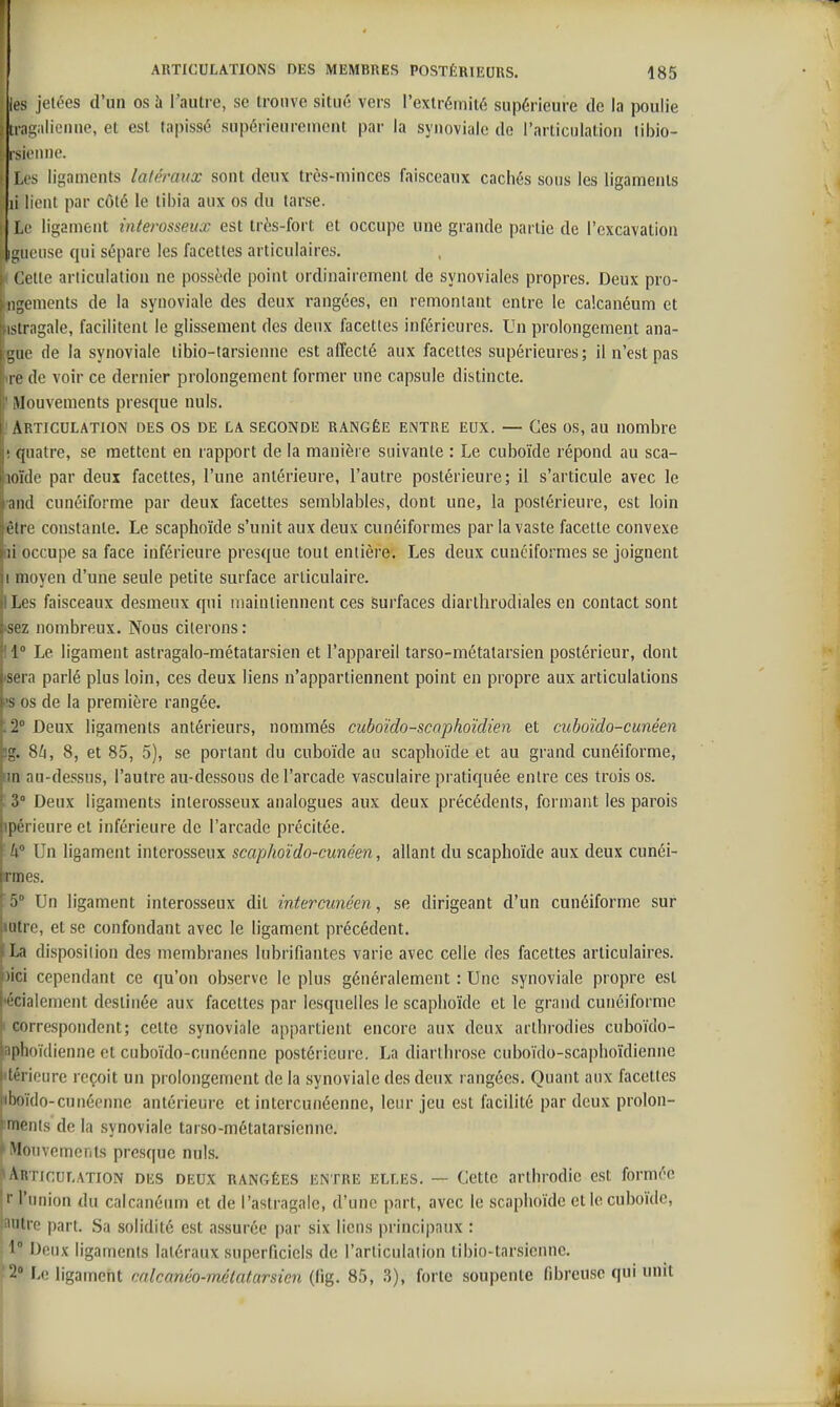 les jetées d'un os à l'autre, se trouve situé vers l'extrémité supérieure de la poulie . Liagiilieime, et est tapissé supérieurement par la synoviale de l'articulation libio- isic'iinc. i.vs ligaments latéraux sont deux très-minces faisceaux cachés sous les ligaments li lient par côté le tibia aux os du tarse. Le ligament interosseux est trés-fort et occupe une grande partie de l'excavation luiiicuse qui sépare les facettes articulaires. Cette articulation ne possède point ordinairement de synoviales propres. Deux pro- ni^ements de la synoviale des deux rangées, en remontant entre le calcanéum et isii iigale, facilitent le glissement des deux facettes inférieures. Un prolongement ana- -iie de la synoviale libio-tarsiennc est affecté aux facettes supérieures ; il n'est pas re (le voir ce dernier prolongement former une capsule distincte. Mouvements presque nuls. Articulation des os de la seconde rangée entre eux. — Ces os, au nombre ' quatre, se mettent en rapport de la manière suivante : Le cuboïde répond au sca- loïtle par deux facettes, l'une antérieure, l'autre postérieure; il s'articule avec le nul cunéiforme par deux facettes semblables, dont une, la postérieure, est loin èii e constante. Le scaphoïde s'unit aux deux cunéiformes par la vaste facette convexe ii occupe sa face inférieure presque tout entière. Les deux cunéiformes se joignent I moyen d'une seule petite surface articulaire. Les faisceaux desmeux qui maintiennent ces Surfaces diarthrodiales en contact sont sez nombreux. Nous citerons: 1' Le ligament astragalo-raétatarsien et l'appareil tarso-métatarsien postérieur, dont sera parlé plus loin, ces deux liens n'appartiennent point en propre aux articulations de la première rangée. Deux ligaments antérieurs, nommés cuboïdo-scaphoïdien et cuboïdo-cunéen ':■ 8^, 8, et 85, 5), se portant du cuboïde an scaphoïde et au grand cunéiforme, . iii-dessus, l'autre au-dessous de l'ai'cade vasculaire pratiquée entre ces trois os, ; 3° Deux ligaments inlerosseux analogues aux deux précédents, formant les parois ipérieure et inférieure de l'arcade précitée, ' 4° Un ligament interosseux scaphoïdo-cunéen, allant du scaphoïde aux deux cunéi- rmes, 5 Un ligament interosseux dit intercunéen, se dirigeant d'un cunéiforme sur lutre, et se confondant avec le ligament précédent, La disposition des membranes lubrifiantes varie avec celle des facettes articulaires, )ici cependant ce qu'on observe le plus généralement : Une synoviale propre est 'écialement destinée aux facettes par lesquelles le scaphoïde et le grand cunéiforme I correspondent; cette synoviale appartient encore aux deux arthrodies cuboïdo- aphoïdienne et cuboïdo-cunécnne postérieure. La diarthrose cuboïdo-scaphoïdienne •térieiire reçoit un prolongement de la synoviale des deux rangées. Quant aux facettes «boïdo-cunéenne antérieure et intercunéenne, leur jeu est facilité par deux prolon- iments de la synoviale tarso-métatarsienne, 'Mouvements presque nuls. îiArticulation des deux rangées entre elles. — Cette arthrodie est formée ! r l'union du calcanéum et de l'astragale, d'une part, avec le scaphoïde et le cuboïde, iiiutre parL Sa solidité est assurée par six liens principaux : 1 Deux ligaments latéraux superficiels de l'articulation tibio-tarsienne, '2° Le ligament calcanéo-métatarsien (fig. 85, 3), forte soupente fibreuse qui unit