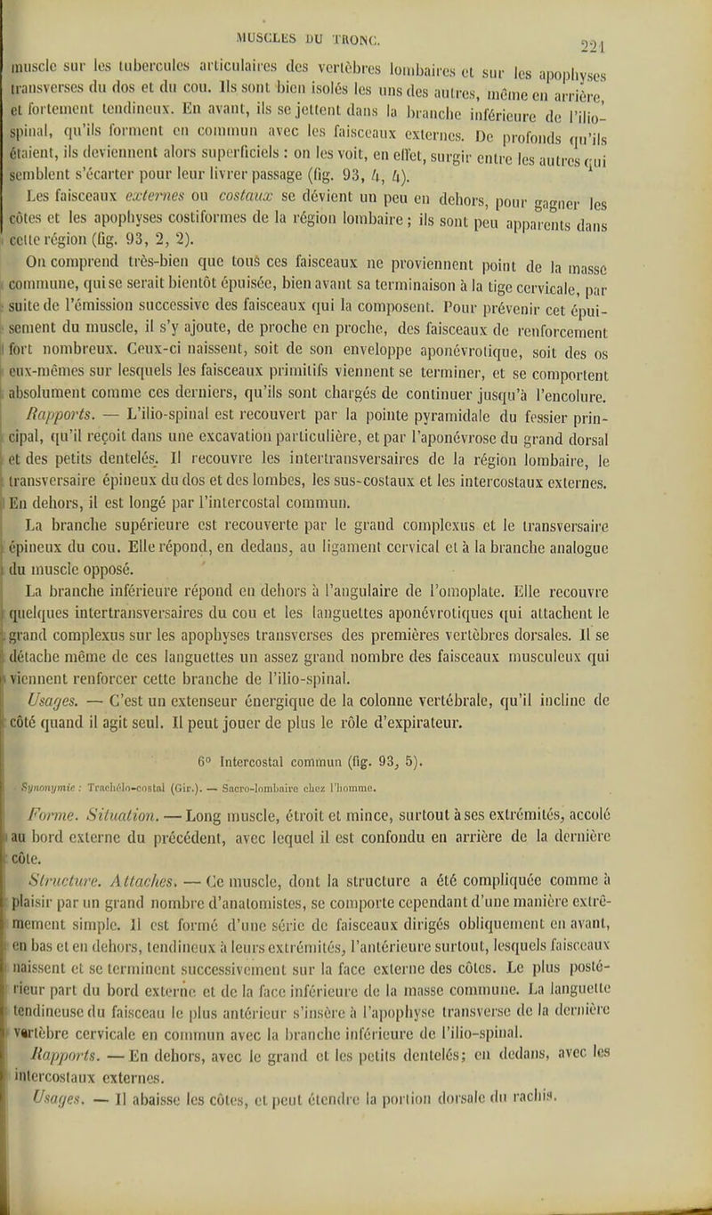 muscle sur les liiberciilcs aiiiculaiies des vcrlùbros lombaires et sur les apopliyscs liansverscs du dos et du cou. Ils sont bieu isolés les uns des autres, niCnie en arrière et forteuient tciidiuoux. En avant, ils se jettent dans la brancbc inférieure de l'ilio- spinal, qu'ils forment en couunun avec les faisceaux externes. De profonds qu'ils étaient, ils deviennent alors superficiels : on les voit, en ellct, surgir entre les autres cui semblent s'écarter pour leur livrer passage (fig. 93, 4, U). ^ Les faisceaux externes ou costaux se dévient un peu en dehors, pour gagner les côtes et les apophyses costiformes de la région lombaire ; ils sont peu apparents dans , celle région (ûg. 93, 2, 2). On comprend très-bien que touè ces faisceaux ne proviennent point de la masse ^ commune, qui se serait bientôt épuisée, bien avant sa terminaison à la tige cervicale, par ■ suite de l'émission successive des faisceaux qui la composent. Pour prévenir cet épui- sement du muscle, il s'y ajoute, de proche en proche, des faisceaux de renforcement fort nombreux. Ceux-ci naissent, soit de son enveloppe aponévroiique, soit des os eux-mêmes sur lesquels les faisceaux primitifs viennent se terminer, et se comportent absolument comme ces derniers, qu'ils sont chargés de continuer jusqu'à l'encolure. Rapports. — L'ilio-spinal est recouvert par la pointe pyramidale du fessier prin- cipal, ([u'il reçoit dans une excavation particulière, et par l'aponévrose du grand dorsal et des petits dentelés. Il recouvre les intertransversaii cs de la région lombaire, le transversaire épineux du dos et des lombes, les sus-costaux et les intercostaux externes. I Eu dehors, il est longé par l'intercostal commun. La branche supérieure est recouverte par le grand complexus et le transversaire épineux du cou. Elle répond, en dedans, au ligament cervical et à la branche analogue du muscle opposé. La branche inférieure répond eu dehors à l'angulaire de l'omoplate. Elle recouvre quelques intertransversaires du cou et les languettes aponévrotiques (jui attachent le grand complexus sur les apophyses transverses des premières vertèbres dorsales. Il se détache même de ces languettes un assez grand nombre des faisceaux musculeux qui I viennent renforcer cette branche de l'ilio-spinal. Usarjes. — C'est un extenseur énergique de la colonne vertébrale, qu'il incline de côté quand il agit seul. Il peut jouer de plus le rôle d'expirateur. 6° Intercostal commun (fig. 93, 5). ■ Synonymie: Trachélo-costal (Glr.). — Sacro-Iombnire chez l'iioinme. Forme. Situation. —Long muscle, étroit et mince, surtout à ses extrémités, accolé I au bord externe du précédent, avec lequel il est confondu en arrière de la dernière côte. Structure. Attaches, — Ce muscle, dont la structure a été compliquée comme ii ■plaisir par un grand nombre d'analoniistcs, se comporte cependant d'une manière extrê- mement simple. 11 est formé d'une série de faisceaux dirigés obliquement en avant, en bas et en dehors, tendineux à leurs extrémités, l'antérieure surtout, lesquels faisceaux naissent et se terminent successivement sur la face externe des côtes. Le plus posté- rieur part du bord exterm; et de la face inférieure de la masse commune. La languette tendineuse du faisceau le plus antérieur s'insère à l'apophyse transverse de la dernière ' v«rtèbre cervicale en commun avec la branche inférieure de l'ilio-spinal. Rapports. —En dehors, avec le grand et les petits dentelés; en dedans, avec les inlcrcoslaux externes. Usof/es. — Il abaisse les côtes, et peut étendre la portion dorsale du racliis.