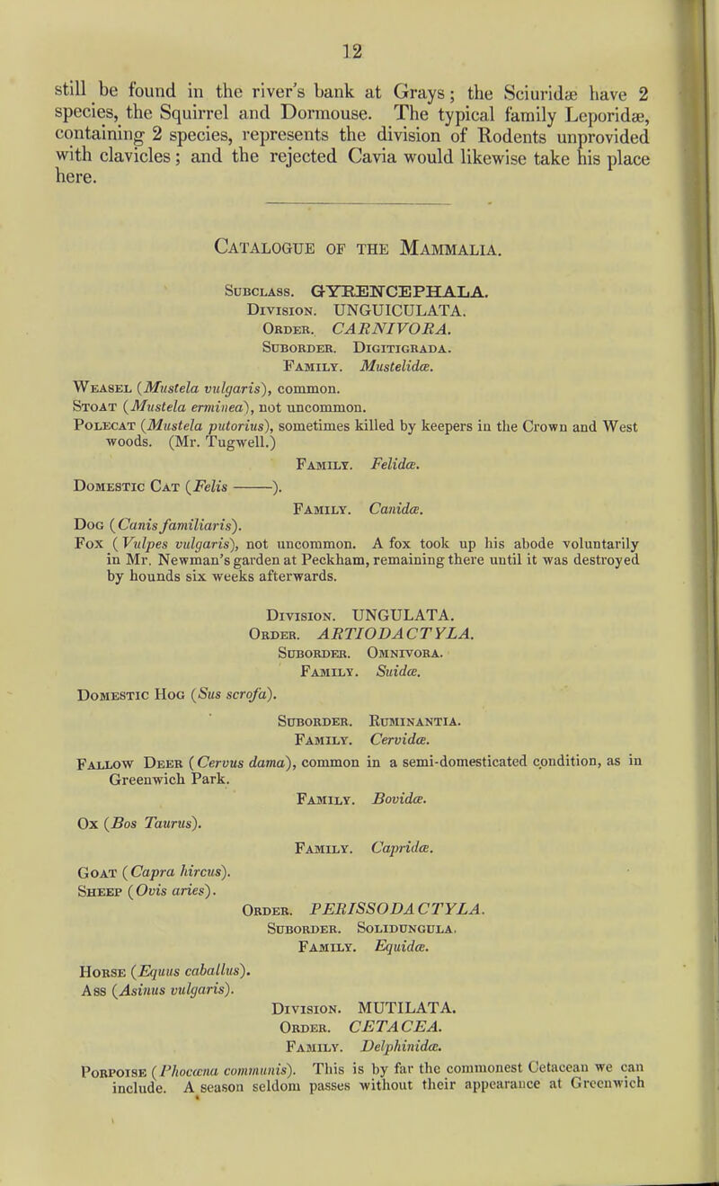 still be found in the river's bank at Grays; the Sciuridfe have 2 species,^ the Squirrel and Dormouse. The typical family Lcporidae, containing 2 species, represents the division of Rodents unprovided with clavicles; and the rejected Cavia would likewise take his place here. Catalogue of the Mammalia. Subclass. GYREWCEPHALA. Division. UNGUICULATA. Order. CARNIVOEA. Suborder. Digitigrada. Family. Mustelidce. Weasel {Miistela vulgaris), common. Stoat {Mustela erminea), not uncommon. Polecat {Mustela putorius), sometimes killed by keepers in the Crown and West woods. (Mr. Tugwell.) Family. Felidce. Domestic Cat {Felis ). Family. Canidce. Dog {Canisfamiliaris). Fox ( Vulpes vulgaris), not uncommon. A fox took up his abode voluntarily in Mr. Newman's garden at Peckham, remaining there until it was destroyed by hounds six weeks afterwards. Division. UNGULATA. Order. ARTIODACTYLA. Suborder. Omnivora. Family. Suidce. Domestic Hog {Sus scrofa). Suborder. Ruminantia. Family. Cervidce. Fallow Deer (Cervus dama), common in a semi-domesticated condition, as in Greenwich Park. Family. Bovidce. Ox {Bos Taurus). Family. CapridcB. Goat {Capra hircus). Sheep ( Ovis aries). Order. PERISSODACTYLA. Suborder. Solidungula. Family. Equidce. Horse {Equus caballus). Ass {Asinus vulgaris). Division. MUTILATA. Order. CETACEA. Family. Delphinida. Porpoise {Phocwna communis). This is by far the commonest Cetacean we can include. A season seldom passes without their appearance at Greenwich