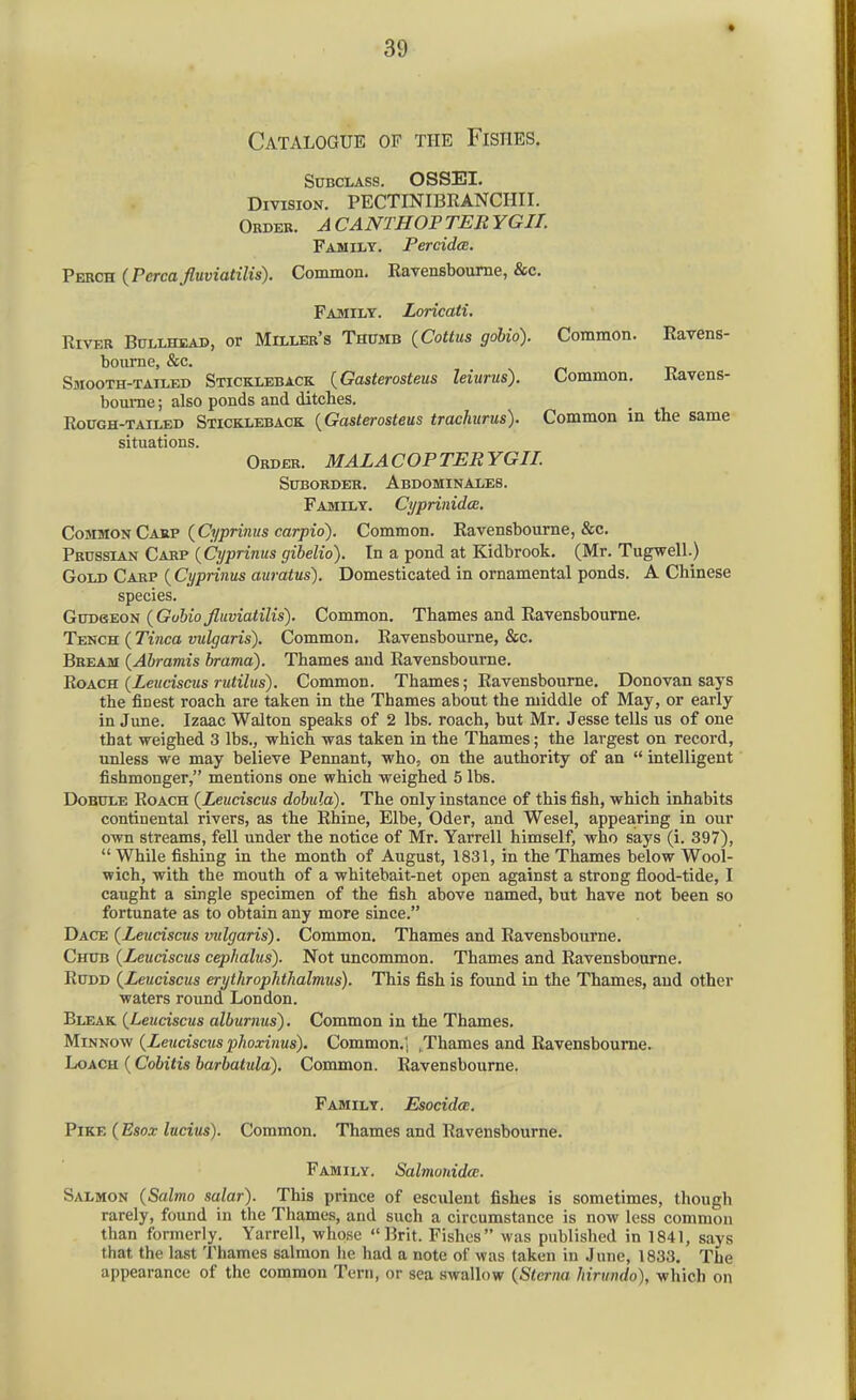 Catalogue of the Fishes. Subclass. OSSEI. Division. PECTINIBRANCHII. Order. ACANTHOPTERYGII. Family. Perddcu. Perch (Percafluviatilis). Common. Ravensboume, &c. Family. Loricati. River Bullhead, or Miller's Thumb {Cottus gobio). Common. Ravens- bourne, &c. Smooth-tailed Stickleback {Gasterosteus leiurus). Common. Ravens- bom-ne; also ponds and ditches. Rough-tailed Stickleback {Gasterosteus trachurus). Common in the same situations. Order. MALACOPTERYGII. Suborder. Abdominales. Family. Cyprinidce. Co-imo^ Cas-v (Cyprinus carpio). Common. Ravensboume, &c. Prussian Carp {Cyprinus gibelio). In a pond at Kidbrook. (Mr. Tugwell.) Gold Carp ( Cyprinus auratus). Domesticated in ornamental ponds. A Chinese species. GuneEON (Gobio Jluviatilis). Common. Thames and Ravensboume. Teucs (Tinea vulgaris). Common. Ravensboume, &c. Bream (Abramis brama). Thames and Ravensboume. RoKcn {Leiidscus rutilus). Common. Thames; Ravensboume. Donovan says the finest roach are taken in the Thames about the middle of May, or early in June. Izaac Walton speaks of 2 lbs. roach, but Mr. Jesse tells us of one that weighed 3 lbs., which was taken in the Thames; the largest on record, unless we may believe Pennant, who, on the authority of an  intelligent fishmonger, mentions one which weighed 5 lbs. Dobule Roach (Leuciscus dobula). The only instance of this fish, which inhabits continental rivers, as the Rhine, Elbe, Oder, and Wesel, appearing in our own streams, fell under the notice of Mr. Yarrell himself, who says (i. 397),  While fishing in the month of August, 1831, in the Thames below Wool- wich, with the mouth of a whitebait-net open against a strong flood-tide, I caught a single specimen of the fish above named, but have not been so fortunate as to obtain any more since. Dace {Leuciscus vulgaris). Common. Thames and Ravensboume. Chub {Leuciscus cephalus). Not uncommon. Thames and Ravensboume. RuDD (Leuciscus erythrophthalmus). This fish is found in the Thames, and other waters round London. Bleak (Leuciscus alburnus). Common in the Thames. Minnow (Leuciscus phoxinus). Common.', .Thames and Ravensboume. Loach (Cobitis barbatula). Common. Ravensboume. Family. Esocidat. Pike (Esox Indus). Common. Thames and Ravensboume. Family. Salmonida. Salmon (Salmo salar). This prince of esculent fishes is sometimes, though rarely, found in the Thames, and such a circumstance is now less common than formerly. Yarrell, whose Brit. Fishes was published in 1841, says that the last Thames salmon he had a note of was taken in June, 1833. The appearance of the common Tern, or sea swallow (Sterna hirundo), which on