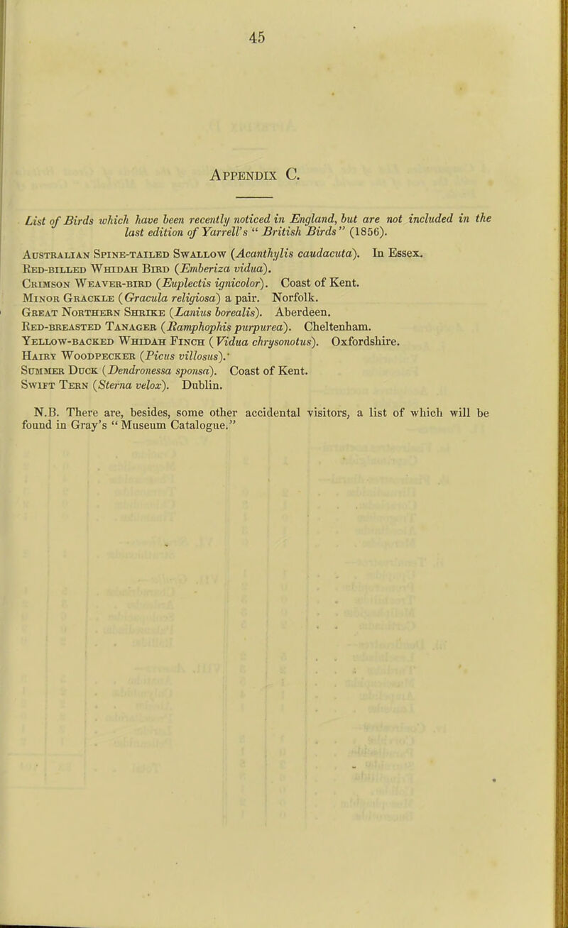 Appendix C. List of Birds which have been recently noticed in England, but are not ificluded in the last edition of YarreU's  British Birds (1856). Australian Spine-tailed Swallow {Acanthylis caudacuta). In Essex, Ked-billed Whidah Bird {Emberiza vidua). Crimson Weaver-bird (^Euplectis ignicolor). Coast of Kent. Minor Grackle (Gracula religiosa) a pair. Norfolk. Great Northern Shrike {^Lanius borealis). Aberdeen. Red-breasted Tanager (JRamphophis purpurea). Cheltenham. Yellow-backed Whidah Finch ( Vidua chrysonotus). Oxfordshire. Hairy Woodpecker (Picus villostcs).' ScTMBmR Duck {Dendronessa spo7isn). Coast of Kent. Swift Tern {Sterna velox). Dublin. N.B. There are, besides, some other accidental visitors, a list of which will be found in Gray's  Museum Catalogue.