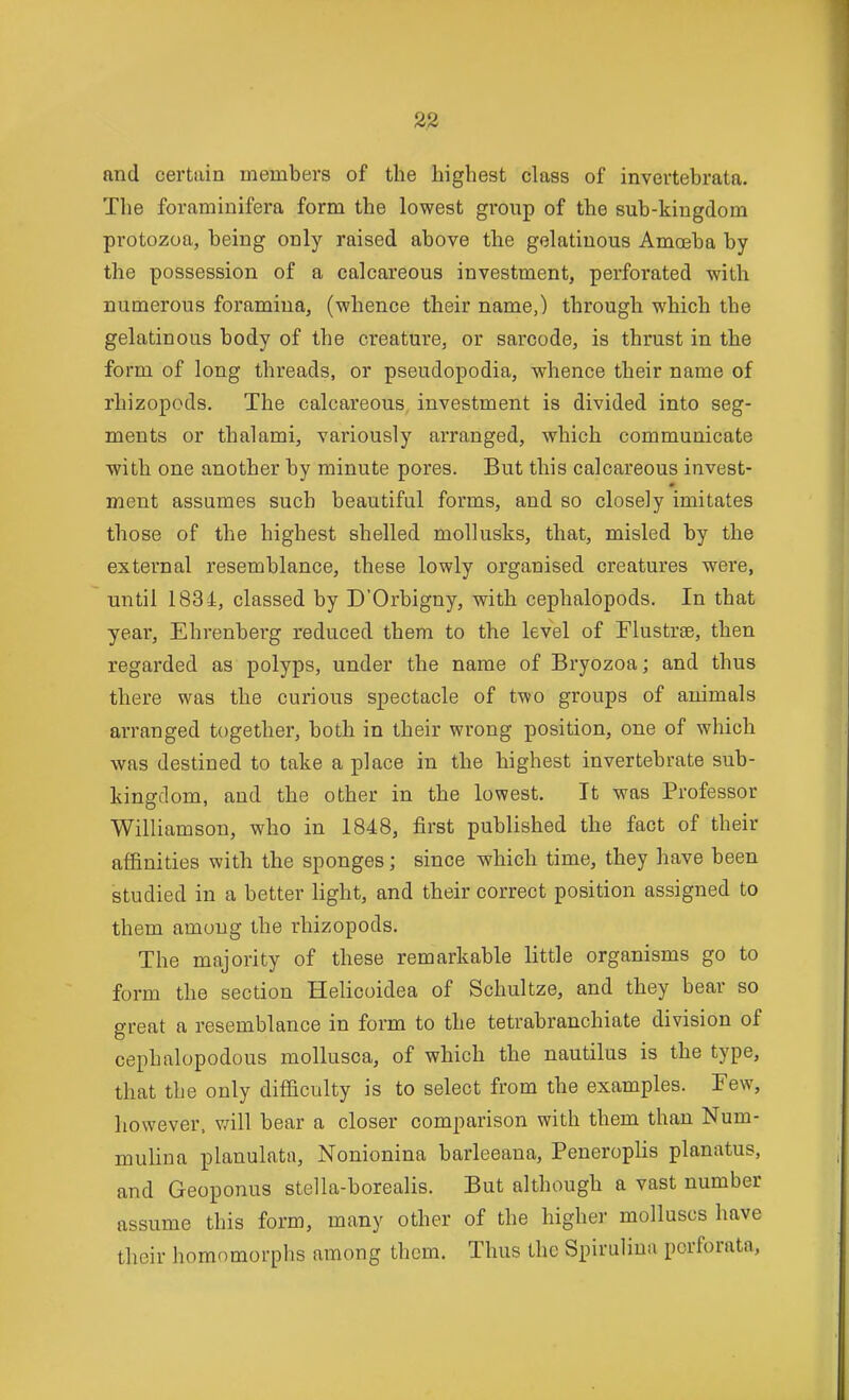 and certain members of the highest class of invertebrata. The foraminifera form the lowest group of the sub-kingdom protozoa, being only raised above the gelatinous Amoeba by the possession of a calcareous investment, perforated with numerous foramina, (whence their name,) through which the gelatinous body of the creature, or sarcode, is thrust in the form of long threads, or pseudopodia, whence their name of rhizopods. The calcareous investment is divided into seg- ments or thai ami, variously arranged, which communicate with one another by minute pores. But this calcareous invest- ment assumes such beautiful forms, and so closely imitates those of the highest shelled mollusks, that, misled by the external resemblance, these lowly organised creatures were, until 1834, classed by D'Orbigny, with cephalopods. In that year, Ehrenberg reduced them to the level of Flustrae, then regarded as polyps, under the name of Bryozoa; and thus there was the curious spectacle of two groups of animals arranged together, both in their wrong position, one of which was destined to take a place in the highest invertebrate sub- kingdom, and the other in the lowest. It was Professor Williamson, who in 1848, first published the fact of their affinities with the sponges; since which time, they have been studied in a better light, and their correct position assigned to them among the rhizopods. The majority of these remarkable little organisms go to form the section Helicoidea of Schultze, and they bear so great a resemblance in form to the tetrabranchiate division of cephalopodous mollusca, of which the nautilus is the type, that the only difficulty is to select from the examples. Few, however, v/ill bear a closer comparison with them than Num- mulina planulata, Nonionina barleeana, Peneroplis planatus, and Geoponus stella-borealis. But although a vast number assume this form, many other of the higher molluscs have their homomorphs among them. Thus the Spiruliua perforata.